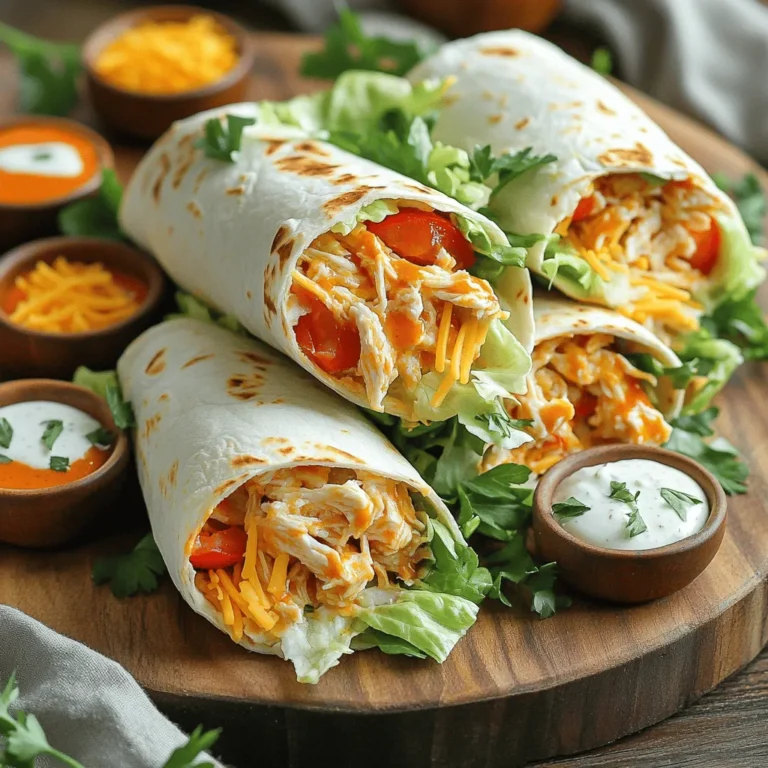 - 2 cups cooked chicken, shredded - 1/2 cup buffalo sauce - 1/4 cup ranch dressing - 1 cup shredded lettuce - 1/2 cup diced tomatoes - 1/2 cup shredded cheddar cheese - 4 large flour tortillas - 1/4 cup sliced green onions (optional) - Salt and pepper to taste If you're out of chicken, you can use turkey or even tofu. For a dairy-free option, try a plant-based ranch dressing. You can also swap flour tortillas for whole wheat or corn ones for a different taste. Each serving has about 400 calories. You get a good mix of protein and carbs. The chicken adds lean protein, while the veggies give vitamins. Lettuce and tomatoes are low in calories and high in fiber, making them great for your diet. How do I prepare the chicken? To prepare the chicken, start with cooked chicken. I like to shred it into small pieces. This helps it mix well with the sauce. In a medium bowl, combine the shredded chicken with the buffalo sauce and ranch dressing. Mix well until every piece is coated. This gives the chicken a great flavor. How do I warm the tortillas for easy rolling? Warming the tortillas makes them soft and easy to roll. You can warm them in a skillet on low heat for about 30 seconds per side. If you are short on time, you can use the microwave. Wrap the tortillas in a damp paper towel and heat for about 20 seconds. What are the best practices for layering? When layering, I recommend adding the buffalo chicken mixture first. This keeps it moist. Then, sprinkle on the shredded lettuce, diced tomatoes, and shredded cheese. If you like green onions, add those too. This creates a nice mix of textures and flavors. What are some tips for folding tortillas? Start by folding the sides of the tortilla in first. This keeps the filling inside. Then, roll the tortilla from the bottom up tightly. Make sure to tuck in the filling as you roll. Place the wrap seam-side down on a plate. This helps it hold its shape. What is the prep time overview? The prep time for buffalo ranch chicken wraps is quick. It takes about 10 minutes to prepare everything. This includes mixing the chicken and warming the tortillas. What is the total time to serve warm? The total time to serve warm is about 20 minutes. This gives you time to assemble all the wraps. You can have a tasty meal ready in no time. To keep your filling inside the wrap, start with a good amount of filling. Don’t overstuff it. Lay the filling in the center of the tortilla, leaving space on the sides. This helps you fold without spills. For a tight wrap, fold the sides in first. Then, roll from the bottom up. Tuck the filling in as you roll. This way, the wrap stays neat and secure. Add spices or herbs to boost the taste. A sprinkle of garlic powder or paprika can make a difference. Fresh herbs like cilantro or parsley also add freshness. You can mix in extras like sliced avocados or crispy bacon. They add creaminess and crunch. These little changes can take your wrap to a new level. Dips make your meal even better. Serve buffalo sauce or ranch dressing on the side. They are perfect for dipping. Pair your wraps with sides like chips or a fresh salad. Crunchy chips add texture. A light salad gives a nice balance. This makes for a well-rounded meal. For the full recipe, check out the instructions to create these tasty wraps! {{image_2}} For a low-carb option, you can swap the flour tortillas for lettuce wraps. This change keeps the great taste while cutting carbs. You can use large leaves of romaine or butter lettuce. They give a fresh crunch and hold the filling well. If you want a vegan buffalo chicken wrap, try jackfruit or tofu. Shred the jackfruit and mix it with buffalo sauce, just like chicken. For tofu, press it to remove water, then marinate it in buffalo sauce before cooking. This way, you keep the wrap tasty while being plant-based. You can choose spicy or mild buffalo sauce based on your taste. If you love heat, go for an extra spicy sauce. For a milder flavor, use a classic buffalo sauce. Mixing sauces can also be fun. Blend buffalo with barbecue sauce for a sweet and spicy kick. Try different dressings too. Instead of ranch, you can use blue cheese dressing for a bolder flavor. A cilantro-lime dressing adds a fresh twist that pairs well with the spicy chicken. Experiment and find what you enjoy most! When serving a group, arrange the wraps on a platter. You can cut them in half for easy grabbing. This way, everyone can enjoy the wraps without needing a plate. For buffet-style serving, lay out all the components separately. Let guests build their own wraps. This method allows everyone to pick their favorite toppings. It makes for a fun and interactive meal, perfect for parties or family gatherings. To keep your Buffalo Ranch Chicken Wraps fresh, wrap them tightly in plastic wrap or foil. This helps prevent air from getting in. Store them in the fridge. They stay fresh for about three days. After that, they may lose taste and texture. If you want to save wraps for later, you can freeze them. First, wrap each one in plastic wrap. Then, place them in a freezer bag. This keeps them safe from freezer burn. When you’re ready to eat, take a wrap out and let it thaw in the fridge overnight. Reheat in the microwave for about one minute. Enjoy them warm! Making wraps ahead of time is easy. You can prepare a batch for the week. Start by making a big bowl of the buffalo chicken mixture. Use it to fill the wraps. To portion out meals, wrap each one in plastic. This makes grab-and-go lunches simple. You can also pack them with sides for a full meal. The best way to cook chicken for wraps is to roast or boil it. Roasting gives the chicken a nice flavor. Boiling keeps the chicken moist. Once cooked, let it cool, then shred it with two forks. You can also use a stand mixer on low speed to shred the chicken quickly. Both methods work great for making your wraps tasty. Yes, you can use many other sauces. Try BBQ sauce for a sweet twist. A garlic aioli can add a creamy touch. You can also use teriyaki sauce for a fun Asian flavor. Each sauce changes the taste and feel of the wrap. Feel free to experiment and find your favorite! To make your wraps great for meal prep, follow these steps: - Prepare ingredients: Cook and shred your chicken ahead of time. - Assemble wisely: Keep wet ingredients separate until ready to eat. - Wrap tightly: Use foil or plastic wrap to keep the wraps fresh. - Store correctly: Place them in airtight containers in the fridge. By planning ahead, you can enjoy these wraps all week long! These wraps pair well with many sides. Here are some ideas: - Chips: Serve with tortilla chips for crunch. - Salad: A fresh salad adds color and health. - Veggies: Carrot and celery sticks with ranch dip work well. - Fruit: Fresh fruit adds a sweet touch to the meal. These sides can make your meal more enjoyable and fun! You now have a solid guide to make delicious buffalo ranch chicken wraps. We covered the key ingredients, preparation steps, tips for wrapping, and tasty variations. Whether you want a healthier option or new flavors, there’s something for everyone. By following these steps, you can enjoy a fun meal that impresses family and friends. Experiment with your favorite flavors and make it your own. Enjoy this easy recipe, and don't forget to share your tasty results!