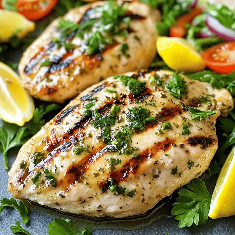 To make Lemon Herb Grilled Chicken, you need fresh and simple ingredients. Here’s what you will need: - 4 boneless, skinless chicken breasts - 1/4 cup olive oil - 2 lemons (juice and zest) - 3 cloves garlic, minced - 1 teaspoon dried oregano - 1 teaspoon dried thyme - 1 teaspoon paprika - Salt and pepper to taste - Fresh herbs for garnish (parsley or basil) Each ingredient plays a key role in building flavor. The olive oil keeps the chicken moist and enhances the herbs’ taste. Fresh lemon juice and zest add brightness and tang. Garlic gives a warm depth, while oregano and thyme bring earthy notes. Paprika adds a mild spice, and salt and pepper boost all flavors. Using fresh herbs as a garnish not only looks nice but also adds a burst of flavor at the end. When you gather all these ingredients, you set the stage for a delicious meal. For the full recipe, check out the instructions later in this article. - Combine olive oil, lemon juice, lemon zest, garlic, and herbs in a bowl. - Whisk together until well blended. Creating a good marinade is key. The oil helps keep the chicken moist. Lemon adds a bright flavor. Garlic gives it a nice kick. The herbs make it fresh and fragrant. This mix is simple yet powerful. - Coat chicken breasts in the marinade. - Cover and refrigerate for at least 1 hour or up to overnight. Marinating is crucial for flavor. The longer you let it sit, the better it tastes. If you can, marinate overnight. This allows flavors to soak in deeply. Chicken should be fully coated in the marinade. - Preheat grill to medium-high heat. - Grill chicken for 6-7 minutes per side until cooked through. Grilling is where the magic happens. Start by preheating your grill. This gives you those lovely grill marks. Cook each side for 6-7 minutes. The chicken should reach an internal temperature of 165°F (75°C). This ensures it’s safe to eat. Once done, let it rest for 5 minutes before slicing. This keeps the juices inside. For the full recipe, refer to the earlier section. To get those great grill marks, ensure your grill is hot. Preheat it to medium-high heat. This helps sear the chicken nicely. Avoid flipping the chicken too often. Let it sit for 6-7 minutes on each side. This way, you get those beautiful marks and juicy meat. Want to make your chicken even more tasty? Add fresh herbs like basil or thyme to the marinade. These herbs bring a bright and fresh taste. You can also use lemon zest. This adds a stronger lemon flavor that boosts the dish. After you grill the chicken, let it rest for 5 minutes. This waiting time helps the juices stay inside. If you slice it right away, the juices run out. Resting keeps the meat tender and flavorful. For the full recipe, check out the cooking steps for more details. {{image_2}} You can easily change the herbs in this recipe. Swap dried oregano and thyme for fresh herbs. Fresh herbs add a bright taste. You might also try basil or rosemary. Both herbs can give the chicken a fresh twist. If you like heat, add red pepper flakes to the marinade. This will give your chicken a spicy kick. You can also try marinating with different citrus fruits. Oranges and limes can create a fun, zesty flavor. Lemon Herb Grilled Chicken pairs well with many sides. A light salad or grilled vegetables works great. For a heartier meal, serve it with rice or quinoa. These sides balance the chicken's bright flavors. Try these options to enhance your meal experience. For the full recipe, check out the ingredients and instructions above! To keep your Lemon Herb Grilled Chicken fresh, store it in an airtight container. This helps lock in flavors and moisture. Make sure to consume the chicken within 3-4 days for the best taste and safety. You can freeze cooked chicken for up to 3 months. This is a great way to save extras for later. Wrap the chicken in foil or place it in freezer bags. Be sure to remove as much air as possible to prevent freezer burn. When it's time to enjoy leftovers, reheat in the oven or microwave. If using the oven, set it to low heat. This helps keep the chicken moist. For microwave reheating, use a microwave-safe dish and cover it with a damp paper towel. This also keeps the chicken juicy. To make Lemon Herb Grilled Chicken, start by mixing the marinade. In a large bowl, whisk together: - 1/4 cup olive oil - juice and zest of 2 lemons - 3 cloves garlic, minced - 1 teaspoon dried oregano - 1 teaspoon dried thyme - 1 teaspoon paprika - salt and pepper to taste Next, coat the chicken breasts in this marinade. Cover the bowl and refrigerate for at least 1 hour. For best flavor, let it marinate overnight. Preheat your grill to medium-high heat. Grill the chicken for 6-7 minutes on each side. Cook until the internal temperature reaches 165°F (75°C). Let it rest for 5 minutes before slicing. Lemon Herb Grilled Chicken goes well with many sides. Here are some great options: - Fresh garden salad - Grilled vegetables like zucchini and bell peppers - Roasted potatoes or sweet potatoes - Quinoa or rice pilaf - Crusty bread with olive oil These sides will add color and flavor to your meal. Yes, you can use chicken thighs instead of breasts. Thighs are juicier and more flavorful. They also stay moist while grilling. Just adjust the cooking time. Cook thighs for about 8-10 minutes on each side. Ensure the internal temperature still reaches 165°F (75°C). For the best flavor, marinate the chicken for at least 1 hour. If you have more time, let it sit overnight. This allows the chicken to absorb all the flavors. The ideal internal temperature for grilled chicken is 165°F (75°C). This ensures the chicken is safe to eat. Use a meat thermometer for accuracy. Always check the thickest part of the chicken to ensure it is fully cooked. You now have a clear recipe for Lemon Herb Grilled Chicken. With fresh ingredients and simple steps, you can create a tasty meal. Remember, marinating the chicken is key to a flavorful dish. Use those tips for grill marks and variations to make it your own. Don’t forget to store leftovers safely! Enjoy your cooking, and have fun experimenting with flavors. Grilling doesn't have to be hard; it can be enjoyable and delicious!