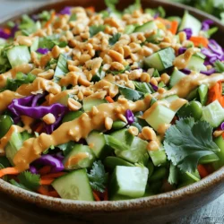 To make a great Chopped Thai Salad, you need these fresh ingredients: - 2 cups green cabbage, finely shredded - 1 cup red cabbage, finely shredded - 1 cup carrots, grated - 1 red bell pepper, diced - 1 cucumber, diced - 1 cup snap peas, trimmed and halved - 1/4 cup fresh cilantro, chopped - 1/4 cup green onions, chopped - 1/4 cup roasted peanuts, crushed for garnish These colorful veggies make the salad look appetizing and taste fresh. The mix of colors and textures keeps each bite exciting. For the creamy peanut dressing, gather these ingredients: - 1/3 cup creamy peanut butter - 2 tablespoons soy sauce (or tamari for gluten-free) - 2 tablespoons honey or maple syrup - 1 tablespoon sesame oil - 1 tablespoon rice vinegar - 1 garlic clove, minced - 1 tablespoon water (to thin dressing) - Salt and pepper to taste This dressing adds rich flavor and ties the salad together. The balance of salty, sweet, and savory makes it a hit. You can add these garnishes for extra flair: - More crushed roasted peanuts - Additional cilantro leaves Garnishes not only enhance the look but also add texture. Feel free to play around with them to make your salad unique. To see the full preparation of this delicious salad, check out the Full Recipe. Start by gathering all your fresh veggies. In a large bowl, mix together: - 2 cups green cabbage, finely shredded - 1 cup red cabbage, finely shredded - 1 cup carrots, grated - 1 red bell pepper, diced - 1 cucumber, diced - 1 cup snap peas, trimmed and halved - 1/4 cup fresh cilantro, chopped - 1/4 cup green onions, chopped Toss these ingredients gently. Make sure they are well combined. This colorful mix brings crunch and flavor to your salad. Next, let’s whip up the peanut dressing. Grab a small bowl and whisk together: - 1/3 cup creamy peanut butter - 2 tablespoons soy sauce (or tamari for gluten-free) - 2 tablespoons honey or maple syrup - 1 tablespoon sesame oil - 1 tablespoon rice vinegar - 1 garlic clove, minced Add water slowly until the dressing is smooth. You might need to adjust the water for your desired thickness. Lastly, season with salt and pepper to taste. This dressing is rich and adds a nice creaminess to the salad. Now, it’s time to bring everything together. Drizzle the peanut dressing over your salad base. Toss gently to coat all the veggies. You want every bite to have that tasty dressing. Once mixed, transfer the salad to a serving platter or individual bowls. For a crunchy touch, sprinkle 1/4 cup crushed roasted peanuts on top. If you like, add a few more cilantro leaves for a pop of color. For the full recipe, check out the details above. Enjoy your fresh, vibrant Chopped Thai Salad! When making Chopped Thai Salad, fresh veggies make all the difference. Start with crisp green and red cabbage. Look for heads that feel heavy and firm. The leaves should be bright and free of brown spots. Choose carrots that are vibrant and smooth. For bell peppers, pick ones that are shiny and firm. Snap peas should be bright green and snap easily when bent. Fresh herbs like cilantro add flavor, so select bunches that smell strong and look lively. The peanut dressing should be creamy but not too thick. If it feels too heavy, add a little water. Whisk in small amounts at a time until you achieve the right texture. You want it to coat the salad without drowning it. If you love a strong peanut flavor, you can also add more peanut butter. Just remember to adjust the water to keep it smooth. Taste the dressing before pouring it on the salad. This way, you can tweak it to your liking. If you have salad left over, store it properly to keep it fresh. Place the salad in an airtight container. Avoid adding the dressing until you are ready to eat. This keeps the veggies crisp and prevents sogginess. The salad will stay fresh in the fridge for about two days. For the dressing, store it in a separate container. It can last up to a week in the fridge. Just give it a good stir before using it again. For the full recipe, check out the complete instructions above! {{image_2}} You can boost your salad with protein. Grilled chicken or shrimp works well. Tofu is a great choice for a plant-based option. Simply slice your protein and add it on top. This adds flavor and makes the salad more filling. If you want a vegetarian salad, skip the meat but keep the nutrients. You can add chickpeas or edamame for protein. These add texture and flavor. For a vegan dressing, use maple syrup instead of honey. This still gives you that sweet touch without any animal products. While peanut dressing is delicious, you can try other flavors too. A sesame dressing brings a nutty taste. A lime vinaigrette adds a tangy kick. You can also use tahini for a creamy texture. Just mix it with some lemon juice and water to thin it out. Each dressing gives a new twist to your salad. For the complete recipe, check out the Full Recipe. To keep your Chopped Thai Salad fresh, store it in a sealed container. This helps prevent moisture loss. Make sure to keep the salad and dressing separate until you serve it. This keeps the veggies crisp and the dressing tasty. Place the salad in the fridge right after making it. It can stay fresh for up to three days. If you want to freeze the salad, it’s best to freeze only the veggies. Avoid freezing the dressing, as it can change texture. Chop your vegetables and place them in a freezer-safe bag. Remove as much air as you can. They will stay fresh for about two months. Just thaw them in the fridge overnight before using. The shelf life of each ingredient varies. Cabbage can last a week in the fridge. Carrots stay fresh for about two weeks. Red bell peppers last around five days. Snap peas are best used within three days. After you mix the salad, use it within three days for the best taste and texture. For the full recipe, check out the details above. Yes, you can prepare the salad ahead of time. Just chop the veggies and store them in the fridge. Keep the peanut dressing separate until you are ready to serve. This keeps the salad fresh and crunchy. If you mix it too early, the veggies may get soggy. I recommend eating it within a day for the best taste. If you cannot use peanut butter, try almond butter or sunflower seed butter. These options give a similar creamy texture. You can also use tahini for a nut-free choice. Each substitute may change the flavor slightly, but they still taste great. Adjust the sweetness and salt to match your taste. To keep the salad fresh, store it in an airtight container. Place a damp paper towel inside to absorb excess moisture. This helps keep the veggies crisp. If you have leftover dressing, store it separately. Use it within a week for the best flavor. For the full recipe, check out the Chopped Thai Salad with Peanut Dressing! In this blog post, I shared how to make a fresh salad with a tasty peanut dressing. We talked about choosing the right ingredients, how to prepare them, and helpful tips. You can also add protein or make it vegan. Storing leftovers is easy with the right practices. Remember, this salad is flexible and fun, so feel free to get creative! Enjoy making your unique version and delight in every bite. Eating fresh can be simple and enjoyable.