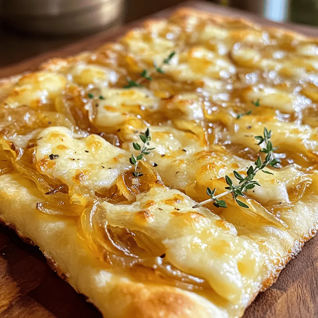 To make the Caramelized Onion Gruyere Flatbread, you will need: - 1 package of store-bought flatbread or naan (2 pieces) - 2 large yellow onions, thinly sliced - 2 tablespoons olive oil - 1 tablespoon balsamic vinegar - Salt and pepper to taste - 1 ½ cups shredded Gruyere cheese - Fresh thyme leaves (optional, for garnish) If you don’t have Gruyere cheese, you can use Swiss or mozzarella cheese. Both will melt well and add a nice flavor. For the onions, red onions can work too. They add a touch of sweetness. If you want a different vinegar, try red wine vinegar. It adds a unique taste to the onions. Using fresh flatbread or naan gives the best flavor and texture. You can find fresh options at your local bakery or grocery store. Store-bought flatbreads are quick and easy. They are great for busy days. Just check the ingredient list for quality. Always choose the best for your flatbread journey. For the onions, fresh yellow onions are best. They caramelize beautifully, giving a rich taste. If you want to save time, you can use frozen caramelized onions. They can be a quick option, but fresh always wins in flavor. For the full recipe, refer to the instructions above. Enjoy making this delightful dish! To start, heat two tablespoons of olive oil in a large skillet over medium heat. Add two large yellow onions, thinly sliced, along with a pinch of salt. Stir the onions every few minutes. Cook them for about 20-25 minutes. This slow cooking brings out their sweet flavor and makes them golden brown. When they look rich and caramelized, stir in one tablespoon of balsamic vinegar. Cook for another 2-3 minutes. This adds a nice tang to the onions. Then, remove the skillet from heat. Next, preheat your oven to 425°F (220°C). While the oven warms up, take your store-bought flatbread or naan. Lay the flatbread flat on a baking sheet. This will be the base for your delicious toppings. Make sure it is ready for the next step. Now it’s time to put everything together. Take the caramelized onions and spread them evenly over the flatbread. Be generous! Then, sprinkle 1 ½ cups of shredded Gruyere cheese on top. Make sure to cover the onions well. The cheese will melt and create a yummy layer of flavor. This is how you create the base for your Caramelized Onion Gruyere Flatbread. Follow these simple steps, and you’ll have a dish that is not only tasty but also fun to make. Check out the Full Recipe for all the details! For the best results, set your oven to 425°F (220°C). This temperature helps the flatbread bake evenly. Bake for 10 to 12 minutes. Keep an eye on the cheese as it melts. You want it bubbly and golden. To get that perfect melt, use shredded Gruyere cheese. Spread it evenly over the onions. The cheese should cover every inch of the flatbread. This way, it melts nicely and forms a delicious crust. If you want extra gooeyness, add a bit more cheese. Serve the flatbread warm for the best taste. It works well as an appetizer or a snack. Pair it with a fresh salad or some roasted veggies. You can also enjoy it with a glass of white wine. For a fun twist, try dipping it in a balsamic reduction. For the full recipe, check out the detailed instructions above. {{image_2}} When making caramelized onion Gruyere flatbread, watch out for a few common mistakes. First, do not rush the caramelization process. Cooking onions too fast leads to burning, not caramelizing. Use medium heat and stir often for best results. Another mistake is using low-quality cheese. Gruyere brings a rich flavor. Using a cheaper cheese can change the taste. Lastly, avoid overcrowding the flatbread with toppings. Too many toppings can make it soggy. To boost the flavor of your flatbread, consider adding a dash of garlic. Mince one or two cloves and sauté them with the onions. This adds a nice depth. You can also try adding a sprinkle of red pepper flakes for heat. Fresh herbs, like basil or parsley, can brighten the dish. If you want a sweet note, drizzle honey over the top before serving. Each of these options enhances the overall taste. Cooking times matter for great results. When caramelizing onions, aim for 20-25 minutes over medium heat. If you bake the flatbread at 425°F, keep an eye on it. Bake for about 10-12 minutes, but check after 8 minutes. The cheese should melt and bubble but not burn. Allow the flatbread to cool for a couple of minutes before slicing. This helps maintain its shape. For the full recipe, refer to the section above. You can switch Gruyere for other cheeses. Try mozzarella for a mild taste. Cheddar adds a sharp flavor, while feta brings a tangy kick. Goat cheese offers a creamy texture that pairs well with onions. Each cheese gives a unique twist to your flatbread. You can add toppings to customize your flatbread. Try sliced mushrooms for an earthy flavor. Fresh spinach adds color and nutrients. For a touch of spice, sprinkle some red pepper flakes. You can also mix in some garlic for extra depth. Experiment and find your favorite combo! If you need a gluten-free option, use gluten-free flatbread. For a vegan version, swap Gruyere for a dairy-free cheese. You can also make a cashew cheese blend at home. Use olive oil instead of butter for caramelizing onions. These simple swaps keep the flavor while meeting your needs. To store leftovers, let the flatbread cool first. Place it in an airtight container. You can also wrap it tightly in plastic wrap. Keep it in the fridge for up to three days. This helps keep the flavors fresh and the bread soft. Yes, you can! You can use any flatbread you like. Naan works great too. Even pita bread can be a fun choice. Just remember, thinner bread will crisp up better in the oven. Caramelizing onions takes about 20-25 minutes. You want them to turn a deep golden color. Stir them often to avoid burning. The sweet, rich flavor is worth the wait! This blog post covered the essential ingredients for making caramelized onion Gruyere flatbread. We explored substitutes, fresh versus store-bought options, and step-by-step cooking methods. Baking tips and tricks helped ensure your cheese melts perfectly. I also provided variations for different diets and answered common questions. With these insights, you can make a delicious flatbread for any occasion. Enjoy experimenting with flavors and make it your own. Your next meal will impress everyone!