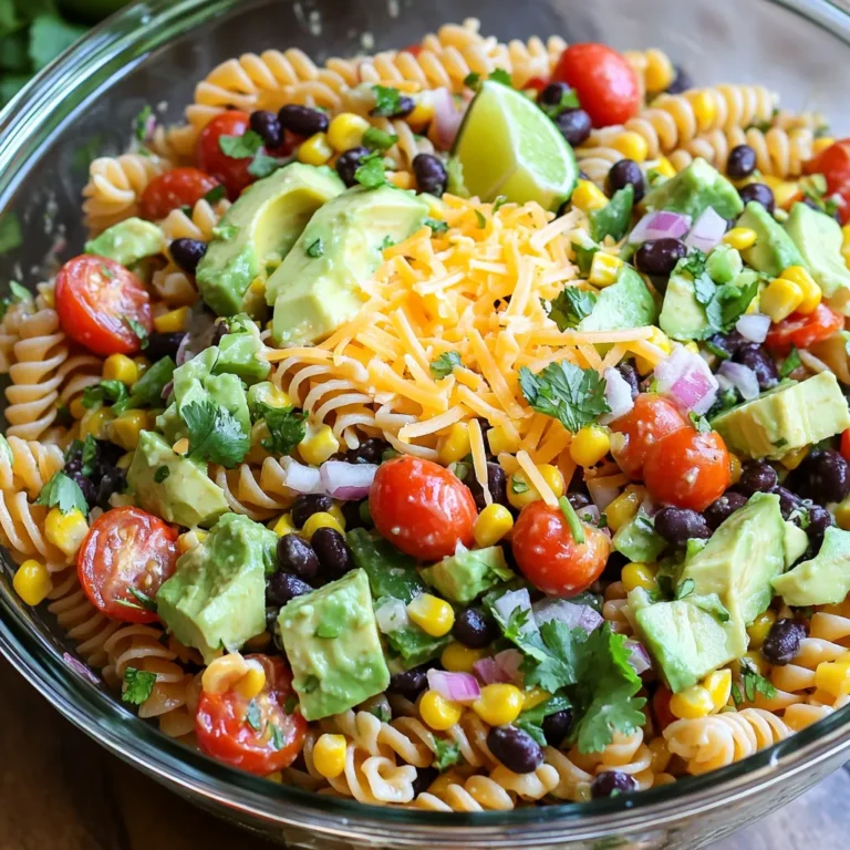 For a vibrant Fiesta Taco Pasta Salad, you need fresh and flavorful ingredients. Here’s what you will use: - 8 oz rotini pasta - 1 cup cherry tomatoes, halved - 1 can (15 oz) black beans, rinsed and drained - 1 cup corn (frozen or canned) - 1 bell pepper (red or yellow), diced - 1 avocado, diced - 1/2 red onion, finely chopped - 1 cup shredded cheddar cheese - 1/4 cup fresh cilantro, chopped - 1/4 cup olive oil - 2 tablespoons lime juice - 1 tablespoon taco seasoning - Salt and pepper to taste Using fresh ingredients elevates the dish. Fresh cherry tomatoes and bell peppers add crunch and color. Canned black beans and corn are time-savers. They offer good flavor and texture. If you need gluten-free options, use gluten-free rotini pasta. Many brands offer great taste and texture. If you want a vegetarian option, keep it simple. All ingredients here are plant-based, except for cheese. You can swap cheddar cheese for a dairy-free alternative. This keeps the salad tasty and satisfying for everyone. To make your Fiesta Taco Pasta Salad, gather these essential tools: - Large pot for boiling pasta - Colander for draining pasta - Large mixing bowl for combining ingredients - Whisk for mixing dressing - Serving bowl to present your salad Having these tools ready will make your cooking easier and more fun. A large glass bowl helps show off the bright colors of the salad. To start, cook the rotini pasta. Boil water in a large pot. Add a pinch of salt to the water. Pour in the pasta and cook it until tender, about 8-10 minutes. Stir occasionally to prevent sticking. Once cooked, drain the pasta. Rinse it under cold water to cool. This stops the cooking and helps keep the pasta firm. Next, grab a large mixing bowl. In this bowl, add the cooled rotini pasta. Then, mix in the cherry tomatoes, black beans, corn, diced bell pepper, diced avocado, finely chopped red onion, and shredded cheddar cheese. Make sure to mix well, so every ingredient gets combined. Now, let's make the dressing. In a small bowl, combine olive oil, lime juice, taco seasoning, salt, and pepper. Use a whisk to mix it all together. Whisk until the dressing is smooth and creamy. If you want a stronger flavor, add more taco seasoning or lime juice. Taste it as you go to get it just right. Pour the dressing over the pasta salad mixture. Gently toss everything together until the pasta and veggies are well coated. Then, stir in the fresh cilantro. If you’d like, taste the salad and adjust the seasoning. Cover the bowl with plastic wrap and place it in the refrigerator. Let the salad sit for at least 30 minutes. This time lets all the flavors blend together. When you serve, it will taste even better! To make Fiesta Taco Pasta Salad shine, serve it in a clear bowl. This shows off the bright colors. Add a sprinkle of fresh cilantro on top. You can also place lime wedges around the bowl for a fun touch. This salad pairs well with grilled chicken or shrimp. Serve it alongside tortilla chips for extra crunch. You can boost the flavor with some spices or herbs. Consider adding chili powder for heat or cumin for earthiness. Fresh lime juice adds a zesty kick as well. To make the salad pop with color, add diced red or yellow bell peppers. You can also toss in some chopped green onions or fresh jalapeños for an extra burst of flavor. To save time on prep, use canned corn and black beans. Rinse them well to cut down on sodium. Chop your veggies while the pasta cooks. This way, you can assemble the salad quickly. For an even faster option, use pre-cooked rotini pasta from the store. This will speed up your assembly time, letting you enjoy your meal sooner. {{image_2}} You can easily change the proteins in this dish. Try using grilled chicken or shrimp instead of beans. For a plant-based option, tofu is a great choice. You can also mix in some cooked ground turkey or beef for a heartier salad. For vegetables, swap out bell peppers for cucumbers or zucchini. You can add in radishes for a nice crunch. If you love spice, try adding jalapeños or diced green chiles. These changes can give your Fiesta Taco Pasta Salad a unique twist. To create a Mexican-inspired version, add more traditional toppings like crumbled queso fresco or fresh lime wedges. You can also use spicy salsa as dressing instead of the lime and olive oil mix. For a Tex-Mex flair, mix in some black olives and serve with tortilla chips on the side. If you want to adapt this salad to another culinary style, consider a Mediterranean version. Use feta cheese, olives, and sun-dried tomatoes. You can also switch the dressing to a lemon-oregano vinaigrette for a fresh taste. Using seasonal ingredients can make this salad taste even better. In the summer, fresh corn and tomatoes are at their peak. In the fall, add roasted butternut squash for a sweet touch. For holiday gatherings, you can add festive colors. Use red and green peppers to match the season. You might also add cranberries for a pop of color and sweetness. This way, your Fiesta Taco Pasta Salad will be perfect for any occasion. For the complete recipe, check out the Full Recipe section. Store leftover Fiesta Taco Pasta Salad in an airtight container. This keeps it fresh longer. It should last about 3 to 5 days in the fridge. The flavors blend well over time, so it tastes great the next day. Avoid leaving it out for more than two hours. This helps prevent bacteria growth and keeps your food safe. You can freeze Fiesta Taco Pasta Salad for later use. To do this, place it in a freezer-safe container. Make sure to leave some space at the top for expansion. Seal it tightly to prevent freezer burn. When you're ready to eat, move it to the fridge overnight. This allows it to thaw slowly. Serve it cold or let it sit at room temperature for a bit. Fiesta Taco Pasta Salad can last up to 5 days in the fridge. If you freeze it, it can last for about 2 to 3 months. Check for signs of spoilage, like a change in color or a bad smell. If it looks slimy or has an off taste, discard it. Keeping an eye on the salad will help you enjoy it at its best. You can use several pasta shapes instead of rotini. Here are a few options: - Fusilli - Penne - Farfalle - Shells These shapes hold the dressing well and mix nicely with the salad. Choose what you like best or what you have on hand. Yes, you can make this salad ahead of time. It tastes even better after chilling. Here are some tips: - Prepare the salad up to a day in advance. - Store it in an airtight container. - Add fresh avocado just before serving to keep it from browning. This way, your flavors will meld together beautifully. No, the original recipe uses rotini pasta, which is not gluten-free. However, you can easily make this salad gluten-free by using gluten-free pasta. Look for brands that offer gluten-free options, such as: - Brown rice pasta - Quinoa pasta - Lentil pasta These alternatives work great and keep the salad tasty. Enjoy your meal without worry! Fiesta Taco Pasta Salad is fun and easy to make. We explored ingredients, from fresh veggies to pantry staples. I shared tips on dietary needs, tools, and step-by-step instructions to guide you. You learned how to add flavor and serve this dish. We also discussed variations and storage options for freshness. With these ideas, you can create a tasty salad for any occasion. Enjoy trying new flavors and making this recipe your own!