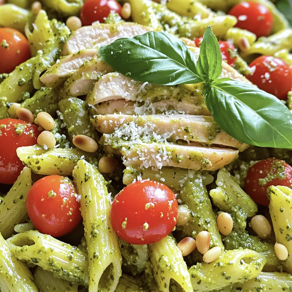 - 2 boneless, skinless chicken breasts - 8 oz. penne pasta - 1 cup basil pesto (homemade or store-bought) - 1 cup cherry tomatoes, halved - 1/2 cup Parmesan cheese, grated - 1/4 cup pine nuts, toasted - 2 tablespoons olive oil - 2 cloves garlic, minced - Salt and pepper, to taste - Fresh basil leaves for garnish When making pesto chicken pasta, each ingredient plays a key role. The chicken gives protein and makes the dish filling. Penne pasta is great for holding onto the pesto. The basil pesto adds flavor and freshness. Cherry tomatoes bring a burst of sweetness and color. Parmesan cheese adds that cheesy goodness. Toasted pine nuts give a nice crunch. Olive oil and garlic round out the flavors. Salt and pepper enhance everything. Lastly, fresh basil leaves make for a lovely garnish. For the freshest taste, I love using homemade pesto. It brings a bright flavor that store-bought options can't match. However, store-bought pesto can save time when you're busy. No matter which you choose, this dish will impress. You can find the full recipe at the end of the article for a step-by-step guide! To cook penne pasta perfectly, bring a large pot of salted water to a boil. Add the penne and cook until al dente, about 10-12 minutes. Make sure to stir occasionally. Once done, drain the pasta but save about 1/2 cup of that starchy cooking water. This water helps bind your sauce later. Season the chicken breasts with salt and pepper. Heat olive oil in a large skillet over medium heat. Add the chicken and cook for 6-7 minutes on each side. Look for a nice golden brown color. To check if the chicken is cooked through, slice it open. The meat should be white, not pink. Once cooked, remove the chicken and let it rest for a few minutes before slicing it into strips. In the same skillet, add minced garlic and halved cherry tomatoes. Cook them for about 2-3 minutes. You want the tomatoes to soften and smell great. Now, return the cooked pasta to the skillet. Add the chicken strips, basil pesto, and the reserved pasta water. Toss everything well until mixed. This helps all the flavors come together. Finally, sprinkle toasted pine nuts and grated Parmesan cheese over the top, tossing again to combine. Serve this dish hot and enjoy! For the full recipe, check out the link. Using homemade pesto gives a fresher taste. I often make it with basil, garlic, and nuts. Store-bought pesto is great when you're short on time. Just pick a brand with high-quality ingredients. Toasting pine nuts adds a rich flavor. It only takes a few minutes in a dry skillet. Watch them closely, as they can burn quickly. The toasty taste makes a big difference in your dish. Perfecting the skillet method is key for this meal. I heat my skillet to medium and add olive oil. This helps the chicken cook evenly. Don’t overcrowd the pan; cook in batches if needed. Adjusting the heat for chicken and pasta is important. Cook the chicken until golden brown. Then, turn down the heat to avoid burning the garlic and tomatoes. This way, everything cooks evenly and tastes great. Best sides to pair with Pesto Chicken Pasta include a light salad or garlic bread. A simple green salad adds crunch and freshness. Garlic bread complements the dish nicely and is easy to make. To plate for presentation, use a large bowl or plate. Twirl the pasta for a nice look. Sprinkle with toasted pine nuts and fresh basil. A touch of grated Parmesan on top makes it even better. {{image_2}} To make Pesto Chicken Pasta gluten-free, use gluten-free penne or another gluten-free pasta. These options work well and taste great. You can find these at most grocery stores. For vegan alternatives, swap the chicken with firm tofu or chickpeas. You can also use nutritional yeast instead of Parmesan cheese. These changes keep the dish flavorful and satisfying while meeting dietary needs. If you want to try something different, substitute chicken with shrimp. Shrimp cooks quickly and adds a nice flavor. Tofu is another great option for a meatless meal. You can also explore different pasta options. Try using whole wheat pasta, spaghetti, or even zucchini noodles. These swaps can change the texture and taste of your dish. To enhance the flavor, add spices like red pepper flakes or herbs like oregano. This adds richness to the dish. Incorporating seasonal vegetables, such as spinach, asparagus, or bell peppers, can brighten the pasta. These veggies not only add color but also extra nutrients. You can mix and match to find your favorite combination. For the full recipe, check the detailed instructions above. To keep your Pesto Chicken Pasta fresh, use airtight containers. Glass or plastic containers work well. Make sure to cool the pasta to room temperature before sealing. Place the container in the fridge right away. This helps prevent bacteria growth. When you reheat Pesto Chicken Pasta, do it gently. Use a skillet on low heat. Add a splash of water or olive oil to keep it moist. Stir frequently to avoid sticking. You can also use the microwave. Cover the dish with a damp paper towel to trap steam. This will help warm it without drying out. To freeze your Pesto Chicken Pasta, let it cool completely first. Place it in airtight freezer bags. Squeeze out as much air as possible before sealing. Label the bags with the date. For best results, use it within three months. To thaw, put it in the fridge overnight. You can also use the microwave on low power. This keeps the flavors fresh and tasty. Enjoy your delicious meal later with these easy storage tips! For the full recipe, check the main article. Pesto Chicken Pasta can last about 3 to 4 days in the fridge. To keep it fresh, store it in an airtight container. Make sure it cools down before sealing. This helps prevent condensation and sogginess. If you notice any off smells or changes in color, it’s best to throw it out. Yes, you can use store-bought pesto. It saves time and is convenient. However, homemade pesto can taste fresher and more vibrant. Store-bought versions often contain preservatives. Check the label for quality. If you choose store-bought, select one with fresh ingredients for the best flavor. Some common mistakes include overcooking the pasta or chicken. Always cook pasta until it is al dente. This keeps it firm and prevents mushiness. When cooking chicken, ensure it reaches 165°F for safety. Avoid adding too much pesto at once. Start with a little and adjust to taste. Lastly, remember to reserve some pasta water. It helps make the sauce creamy. For the full recipe, click [here](#). This blog post covered ingredients, techniques, and tips for making Pesto Chicken Pasta. You learned how to cook the pasta, prepare the chicken, and combine everything for great flavor. We explored variations to suit different diets and storage tips to keep leftovers fresh. In closing, cooking can be fun and easy. With these steps, you’ll make a tasty meal that everyone will love. Enjoy your cooking!