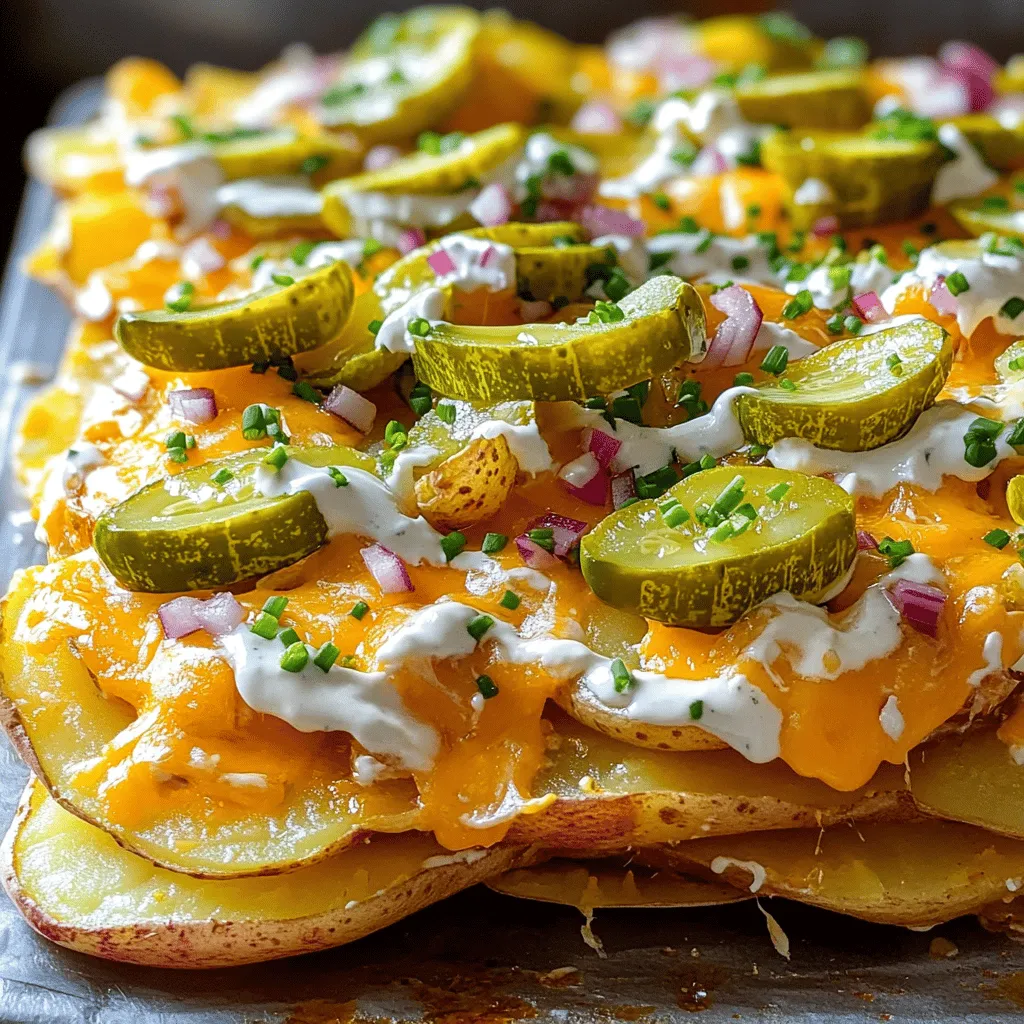 - 2 large russet potatoes - 1 cup shredded sharp cheddar cheese - 1 cup dill pickles, chopped - ½ cup ranch dressing - 1 tablespoon olive oil - 1 teaspoon garlic powder - 1 teaspoon paprika - Salt and pepper to taste - Diced red onion - Fresh chives or parsley To make Pickle Ranch Potato Nachos, you need simple yet tasty ingredients. Start with two large russet potatoes. They provide a great base for your nachos. Next, you'll want one cup of shredded sharp cheddar cheese. This cheese melts beautifully and adds rich flavor. One cup of chopped dill pickles gives a tangy crunch that makes this dish special. Lastly, half a cup of ranch dressing brings creamy goodness to the mix. For seasoning, use one tablespoon of olive oil. It helps the potatoes crisp up nicely. One teaspoon each of garlic powder and paprika adds depth. Don't forget salt and pepper to taste. These enhance all the flavors. If you want to jazz up your nachos, consider optional garnishes. Diced red onion adds a sweet bite. Fresh chives or parsley brighten up the dish with color and flavor. For the full recipe, check out the details above. Enjoy crafting this flavorful snack delight! First, scrub the potatoes well under running water. This cleans them and removes dirt. Next, slice the potatoes thinly. Aim for about a quarter-inch thick. This helps them bake evenly and get crispy. In a bowl, mix olive oil, garlic powder, paprika, salt, and pepper. Stir this until it's well combined. Then, toss the sliced potatoes in this mixture. Make sure each slice gets coated for great flavor. Preheat your oven to 425°F (220°C). Line a baking sheet with parchment paper for easy cleanup. Spread the potato slices in a single layer on the sheet. Make sure they don’t overlap. Roast them for about 25-30 minutes. Flip them halfway through to get both sides crispy. Once the potatoes are golden and crispy, take them out of the oven. Sprinkle the shredded cheddar cheese over the potatoes. Return them to the oven for another 5 minutes. This melts the cheese and makes it bubbly. After the cheese melts, remove the nachos from the oven. Top them with chopped dill pickles and diced red onion. Drizzle ranch dressing generously over the top. This adds a tangy and creamy touch. For a final pop of color, garnish with fresh chives or parsley. Serve these nachos hot for the best taste. Enjoy this tasty snack with friends or family! For a complete guide, check the Full Recipe. Even slicing helps the potatoes cook evenly. Aim for thin, uniform slices. This will ensure they all crisp up nicely. Flipping the potatoes halfway through baking is key. It lets both sides get that golden, crispy look. Feel free to experiment with cheese types. Cheddar is great, but pepper jack adds a nice kick. You can also mix in spices for extra flavor. Try cayenne or chili powder to heat things up a bit. Pairing these nachos with other snacks makes them even better. Think about serving with a side of guacamole or salsa. For drinks, cold beer or a fizzy soda works well. These choices balance the creamy ranch and tangy pickles perfectly. {{image_2}} - You can swap russet potatoes for sweet potatoes. They add a sweet flavor and extra nutrients. - Look for low-fat ranch dressing options. This way, you cut down on calories without losing taste. - Try using dairy-free cheese options. There are many great brands that melt well and taste awesome. - You can make a homemade vegan ranch. Blend soaked cashews, lemon juice, and herbs for a creamy treat. - Add jalapeños for a spicy kick. They give your nachos a nice heat that pairs well with the ranch. - Enhance the ranch dressing with fresh herbs. Try dill or chives for extra flavor and freshness. These variations let you enjoy Pickle Ranch Potato Nachos in your own special way. Explore the flavors and have fun! To keep your Pickle Ranch Potato Nachos fresh, store leftovers in the refrigerator. Place them in an airtight container. This helps to keep the flavors in and moisture out. If you need to store them for a longer time, separate the toppings from the nachos. This way, the potatoes stay crispy. When it’s time to enjoy your leftovers, reheating properly is key. For the best crispness, use an oven. Preheat your oven to 350°F (175°C). Spread the nachos on a baking sheet and heat for 10-15 minutes. This method keeps them crispy. If you use a microwave, the texture may become soggy. Heat in short bursts, checking often, but the oven is best. You can freeze nachos, but it’s tricky. Freezing can change the texture. It’s best to freeze the potatoes before baking. Cooked potatoes can get mushy when thawed. If you freeze nachos, layer them with parchment paper. For the cheese, freeze it separately. Package everything tightly to prevent freezer burn. This way, they stay fresh longer. Pickle Ranch Potato Nachos are a fun twist on classic nachos. They use crispy potato slices instead of tortilla chips. The flavor is bold and tangy. You get a mix of sharp cheddar cheese and dill pickles. The ranch dressing adds creaminess and zest. This dish is perfect for snacking or sharing at parties. You can find the full recipe at the start of this article. You can add heat in a few easy ways. Try slicing fresh jalapeños and sprinkling them on top. You can also use pickled jalapeños for more flavor. Another option is to mix spicy ranch dressing with your regular ranch. This will add a nice kick. Always adjust the spice to your taste. Start with a little and add more if you want. Yes, you can swap out some ingredients. If you don’t have russet potatoes, sweet potatoes work well too. For the cheese, use pepper jack for a spicy twist. If you want a lighter version, try low-fat ranch dressing. You can also mix in other toppings like black olives or corn. Just keep the main flavor in mind when you switch things up. Pickle Ranch Potato Nachos combine crispy potatoes, cheddar cheese, and tangy dill pickles. We covered the essential ingredients, simple steps for prep and baking, and helpful tips for perfect texture and flavor. You can even try healthy or vegan variations. Remember, the key to a great dish is in the details—like even slicing and using the right toppings. Get creative with your flavors. Enjoy this fun twist on nachos at your next gathering!