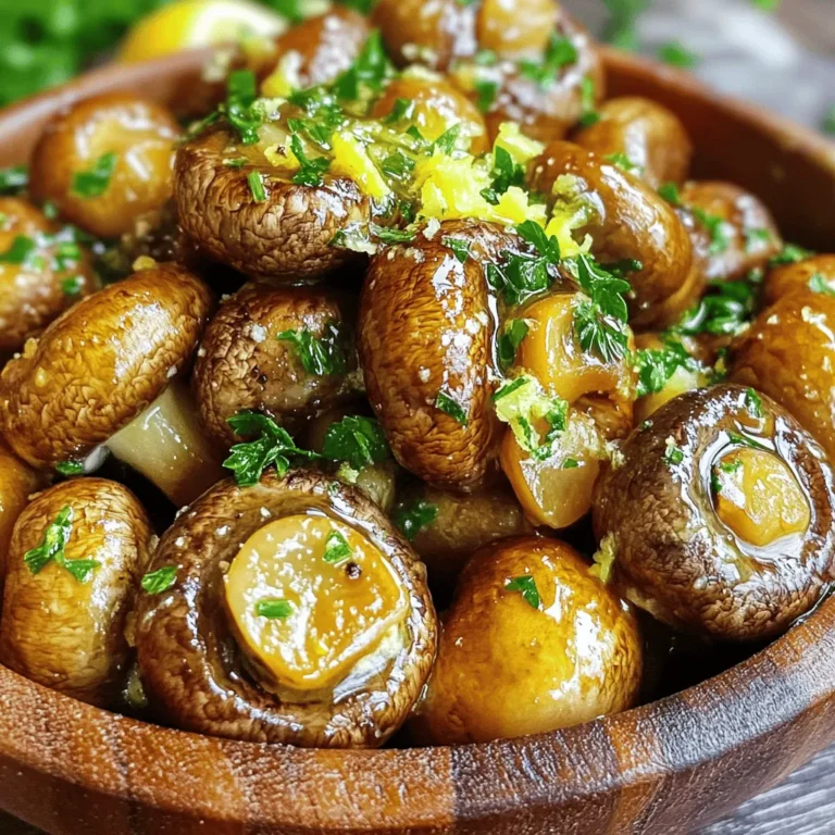 - 500g button mushrooms, cleaned and halved - 4 tablespoons unsalted butter - 4 cloves garlic, minced - 1 tablespoon fresh parsley, finely chopped - 1 teaspoon lemon juice - Salt and pepper to taste - 1 teaspoon crushed red pepper flakes (optional) To create garlic butter mushrooms, you need simple ingredients that pack a punch. The button mushrooms are the star, bringing a meaty texture. Butter adds richness, while garlic gives that bold flavor we crave. Fresh parsley brings a pop of color and adds freshness. Lemon juice brightens the dish, cutting through the richness. Don't forget the salt and pepper to enhance all these flavors. If you like some heat, crushed red pepper flakes are a great option. Each serving of garlic butter mushrooms provides a tasty way to enjoy healthy food. Here's a quick breakdown: - Calories: Approximately 100-150 calories per serving - Fat: Most of the calories come from healthy fats in the butter. - Protein: Mushrooms add a small amount of protein. - Carbs: Low in carbs, making it a great side dish. The main ingredients offer health benefits too. Mushrooms are low in calories and high in vitamins. They contain antioxidants that help fight disease. Garlic is known for boosting the immune system. Parsley is rich in vitamins A, C, and K. Using fresh ingredients makes this dish not just tasty but also nutritious. For the full recipe, check out the detailed instructions above! To start, clean your button mushrooms. Rinse them under cold water. Use a damp cloth to wipe off any dirt. Cut each mushroom in half. This helps them cook evenly. The quality of your mushrooms matters a lot. Fresh mushrooms give the best taste. Look for firm, smooth ones with no dark spots. First, melt the butter in a large skillet over medium heat. Wait until it becomes frothy. Then, add the minced garlic. Sauté it for about 30 seconds. Watch closely, as burning garlic ruins the flavor. Next, add the halved mushrooms to the pan. Stir well to coat them in the garlic butter. Cook for 5-7 minutes. Stir occasionally until the mushrooms are golden brown and tender. If they release too much moisture, turn up the heat. This helps evaporate the liquid. Once the mushrooms are cooked, season with salt and pepper. If you like heat, add crushed red pepper flakes. Stir everything together. Remove the skillet from heat. Add the fresh parsley and lemon juice. These ingredients bring brightness to the dish. Toss to combine well. Serve your garlic butter mushrooms hot. They taste best right away. To get the best texture and flavor, choose fresh mushrooms. I love button mushrooms, but you can use others too. Clean them gently with a damp cloth. This way, they stay dry and absorb the garlic butter well. When cooking, use medium to medium-high heat. This helps the mushrooms brown nicely without burning the garlic. If you have a gas stove, control the flame carefully. For electric stoves, adjust the heat as needed to keep the temperature steady. One common mistake is overcooking the garlic. Garlic burns quickly and becomes bitter. Only sauté it for about 30 seconds until it smells great. Another mistake is not drying mushrooms before cooking. Wet mushrooms won't brown well. Make sure to pat them dry after washing. This helps them cook evenly and taste better. For a beautiful presentation, serve the mushrooms in a rustic wooden bowl. This adds charm to your dish. You can also use a sleek white plate for a modern look. Garnish with extra parsley and a sprinkle of lemon zest. This adds color and makes the dish pop. A few red pepper flakes on top can also be an eye-catching touch. For the full recipe, check out the details above. {{image_2}} You can add cheese to your garlic butter mushrooms for a rich flavor. Cheese melts well and brings creaminess. My favorite choices are mozzarella and Parmesan. These cheeses pair nicely with garlic and mushrooms. The melted cheese creates a delightful texture and taste. Just sprinkle some on top during the last minute of cooking. You’ll get a cheesy, bubbly finish that everyone loves. If you want a vegan version, switch out the butter for olive oil or vegan butter. This change keeps the dish light and healthy. You can use the same amount of olive oil as butter. To keep the garlic flavor strong, add a bit more garlic. This gives the dish a nice kick. It’s a great way to enjoy mushrooms without dairy. To make your garlic butter mushrooms unique, add different herbs or spices. Fresh thyme or rosemary can elevate the flavor. You don’t need much; just a pinch will do. These herbs add a fragrant note that complements the garlic well. Consider red pepper flakes for heat or smoked paprika for depth. Experimenting with spices can lead to a new favorite dish. To keep your garlic butter mushrooms fresh, use an airtight container. Glass or plastic containers work well. Let them cool to room temperature before sealing. Store them in the fridge if you plan to eat them soon. For longer storage, you can freeze them. Just make sure to use a freezer-safe container. To reheat, you can use a microwave or a skillet. If using a microwave, place the mushrooms in a bowl. Heat them for about 1-2 minutes. Stir halfway to heat evenly. If you prefer the skillet, warm it on medium heat for about 5 minutes. Add a splash of water or broth to keep them moist. Garlic butter mushrooms last about 3-4 days in the fridge. Always check for signs of spoilage before eating. If they have an off smell, slimy texture, or discoloration, it's best to throw them out. Enjoy your mushrooms fresh for the best flavor! Yes, you can! While I love using button mushrooms, other types work well too. Try cremini or shiitake for a deeper flavor. Oyster mushrooms add a nice texture. If you want a meaty bite, portobello mushrooms are great. Feel free to mix different kinds to create your own twist on garlic butter mushrooms. You can make garlic butter mushrooms ahead of time! Cook them as the recipe says. Let them cool, then store in an airtight container. They last up to three days in the fridge. To reheat, use a skillet over medium heat. Add a splash of water or broth to keep them moist. Stir until heated through. Garlic butter mushrooms are super versatile! They go great with steak or chicken. Serve them alongside pasta or rice for a hearty meal. Try them on top of a baked potato or mixed in with veggies. They also make a perfect side for grilled fish. Enjoy exploring different pairings! In this post, I covered how to make garlic butter mushrooms step by step. We explored the best ingredients, tips to avoid common mistakes, and fun variations to try. Remember, using fresh ingredients is key for flavor. Practice the cooking methods to avoid burnt garlic. Whether you enjoy these mushrooms on their own or paired with a tasty dish, you'll find them a delicious addition to your meals. Enjoy your cooking and have fun experimenting!