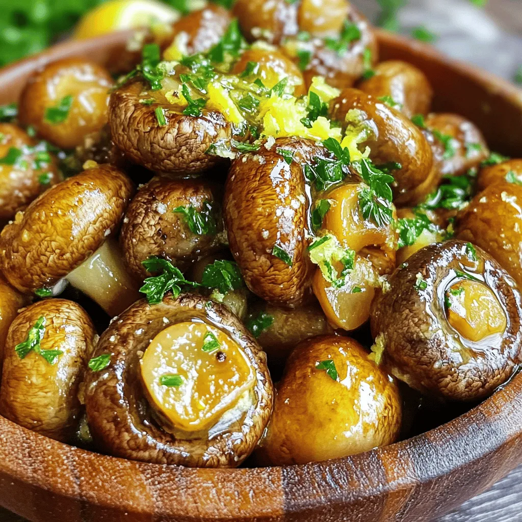 - 500g button mushrooms, cleaned and halved - 4 tablespoons unsalted butter - 4 cloves garlic, minced - 1 tablespoon fresh parsley, finely chopped - 1 teaspoon lemon juice - Salt and pepper to taste - 1 teaspoon crushed red pepper flakes (optional) To create garlic butter mushrooms, you need simple ingredients that pack a punch. The button mushrooms are the star, bringing a meaty texture. Butter adds richness, while garlic gives that bold flavor we crave. Fresh parsley brings a pop of color and adds freshness. Lemon juice brightens the dish, cutting through the richness. Don't forget the salt and pepper to enhance all these flavors. If you like some heat, crushed red pepper flakes are a great option. Each serving of garlic butter mushrooms provides a tasty way to enjoy healthy food. Here's a quick breakdown: - Calories: Approximately 100-150 calories per serving - Fat: Most of the calories come from healthy fats in the butter. - Protein: Mushrooms add a small amount of protein. - Carbs: Low in carbs, making it a great side dish. The main ingredients offer health benefits too. Mushrooms are low in calories and high in vitamins. They contain antioxidants that help fight disease. Garlic is known for boosting the immune system. Parsley is rich in vitamins A, C, and K. Using fresh ingredients makes this dish not just tasty but also nutritious. For the full recipe, check out the detailed instructions above! To start, clean your button mushrooms. Rinse them under cold water. Use a damp cloth to wipe off any dirt. Cut each mushroom in half. This helps them cook evenly. The quality of your mushrooms matters a lot. Fresh mushrooms give the best taste. Look for firm, smooth ones with no dark spots. First, melt the butter in a large skillet over medium heat. Wait until it becomes frothy. Then, add the minced garlic. Sauté it for about 30 seconds. Watch closely, as burning garlic ruins the flavor. Next, add the halved mushrooms to the pan. Stir well to coat them in the garlic butter. Cook for 5-7 minutes. Stir occasionally until the mushrooms are golden brown and tender. If they release too much moisture, turn up the heat. This helps evaporate the liquid. Once the mushrooms are cooked, season with salt and pepper. If you like heat, add crushed red pepper flakes. Stir everything together. Remove the skillet from heat. Add the fresh parsley and lemon juice. These ingredients bring brightness to the dish. Toss to combine well. Serve your garlic butter mushrooms hot. They taste best right away. To get the best texture and flavor, choose fresh mushrooms. I love button mushrooms, but you can use others too. Clean them gently with a damp cloth. This way, they stay dry and absorb the garlic butter well. When cooking, use medium to medium-high heat. This helps the mushrooms brown nicely without burning the garlic. If you have a gas stove, control the flame carefully. For electric stoves, adjust the heat as needed to keep the temperature steady. One common mistake is overcooking the garlic. Garlic burns quickly and becomes bitter. Only sauté it for about 30 seconds until it smells great. Another mistake is not drying mushrooms before cooking. Wet mushrooms won't brown well. Make sure to pat them dry after washing. This helps them cook evenly and taste better. For a beautiful presentation, serve the mushrooms in a rustic wooden bowl. This adds charm to your dish. You can also use a sleek white plate for a modern look. Garnish with extra parsley and a sprinkle of lemon zest. This adds color and makes the dish pop. A few red pepper flakes on top can also be an eye-catching touch. For the full recipe, check out the details above. {{image_2}} You can add cheese to your garlic butter mushrooms for a rich flavor. Cheese melts well and brings creaminess. My favorite choices are mozzarella and Parmesan. These cheeses pair nicely with garlic and mushrooms. The melted cheese creates a delightful texture and taste. Just sprinkle some on top during the last minute of cooking. You’ll get a cheesy, bubbly finish that everyone loves. If you want a vegan version, switch out the butter for olive oil or vegan butter. This change keeps the dish light and healthy. You can use the same amount of olive oil as butter. To keep the garlic flavor strong, add a bit more garlic. This gives the dish a nice kick. It’s a great way to enjoy mushrooms without dairy. To make your garlic butter mushrooms unique, add different herbs or spices. Fresh thyme or rosemary can elevate the flavor. You don’t need much; just a pinch will do. These herbs add a fragrant note that complements the garlic well. Consider red pepper flakes for heat or smoked paprika for depth. Experimenting with spices can lead to a new favorite dish. To keep your garlic butter mushrooms fresh, use an airtight container. Glass or plastic containers work well. Let them cool to room temperature before sealing. Store them in the fridge if you plan to eat them soon. For longer storage, you can freeze them. Just make sure to use a freezer-safe container. To reheat, you can use a microwave or a skillet. If using a microwave, place the mushrooms in a bowl. Heat them for about 1-2 minutes. Stir halfway to heat evenly. If you prefer the skillet, warm it on medium heat for about 5 minutes. Add a splash of water or broth to keep them moist. Garlic butter mushrooms last about 3-4 days in the fridge. Always check for signs of spoilage before eating. If they have an off smell, slimy texture, or discoloration, it's best to throw them out. Enjoy your mushrooms fresh for the best flavor! Yes, you can! While I love using button mushrooms, other types work well too. Try cremini or shiitake for a deeper flavor. Oyster mushrooms add a nice texture. If you want a meaty bite, portobello mushrooms are great. Feel free to mix different kinds to create your own twist on garlic butter mushrooms. You can make garlic butter mushrooms ahead of time! Cook them as the recipe says. Let them cool, then store in an airtight container. They last up to three days in the fridge. To reheat, use a skillet over medium heat. Add a splash of water or broth to keep them moist. Stir until heated through. Garlic butter mushrooms are super versatile! They go great with steak or chicken. Serve them alongside pasta or rice for a hearty meal. Try them on top of a baked potato or mixed in with veggies. They also make a perfect side for grilled fish. Enjoy exploring different pairings! In this post, I covered how to make garlic butter mushrooms step by step. We explored the best ingredients, tips to avoid common mistakes, and fun variations to try. Remember, using fresh ingredients is key for flavor. Practice the cooking methods to avoid burnt garlic. Whether you enjoy these mushrooms on their own or paired with a tasty dish, you'll find them a delicious addition to your meals. Enjoy your cooking and have fun experimenting!