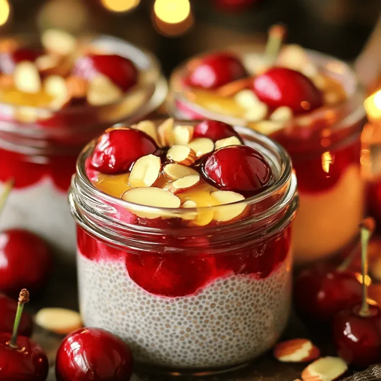Cherry Almond Chia Pudding is both tasty and healthy. This dish uses simple ingredients. Each one adds flavor and nutrition. You can enjoy this pudding as breakfast or dessert. With its creamy texture and fruity taste, it makes a great treat. - 1/3 cup chia seeds - 2 cups almond milk - 1 cup fresh cherries, pitted and halved - 2 tablespoons maple syrup - 1 teaspoon vanilla extract - A pinch of salt - 1/4 cup sliced almonds for topping - Extra cherries for garnish Let’s break down these ingredients. Chia seeds are high in fiber and protein. They help the pudding thicken and add a nice crunch. Almond milk is a creamy base. It keeps the pudding dairy-free and adds a nutty flavor. Fresh cherries bring sweetness and a pop of color. Maple syrup gives a touch of natural sweetness. You can swap it for honey if you prefer. Vanilla extract adds warmth and depth to the taste. A pinch of salt balances the sweetness, making each bite delicious. Finally, sliced almonds add a crunchy topping and extra almond flavor. These ingredients work together to create a delightful dish. If you're ready to make this tasty treat, check out the Full Recipe for all the steps! Start by mixing the chia seeds and almond milk in a bowl. Use a whisk to blend them well. It’s key to avoid clumps. Next, add in your sweeteners and flavorings. Pour in maple syrup and vanilla extract. A pinch of salt will enhance the taste. Keep stirring until everything combines nicely. Chilling is vital for this recipe. Place the bowl in the fridge for at least two hours. This time allows the chia seeds to soak up the liquid. As they absorb the almond milk, the mixture thickens. You can also leave it overnight for a creamier texture. When you're ready to serve, fold in the fresh cherry halves. Save a few cherries for garnish. Present the pudding in clear jars for a lovely view. Top with sliced almonds for a nice crunch. Drizzle extra maple syrup on top for added sweetness. This makes for a delightful and nutritious dish. For the full recipe, check the section above. To get the best texture, start by mixing well. When you add chia seeds to almond milk, whisk them together quickly. This helps break up clumps. After about ten minutes, stir again to keep the seeds from sticking together. If you see any clumps, just whisk them out. Chilling the mixture in the fridge helps it thicken nicely. You can easily change how sweet your pudding is. If you like it sweeter, add more maple syrup or honey. Start with one tablespoon and taste it. If you want more sweetness, just add a bit each time. If it’s too sweet, mix in extra almond milk to balance it out. This way, you control the flavor perfectly. Add fun flavors to your pudding! A pinch of cinnamon or nutmeg can give it a warm touch. You can also mix in a bit of cocoa powder for a chocolate twist. If you want a fruity pop, try adding a splash of orange juice or zest. These small changes can make your pudding even more delicious. {{image_2}} You can switch up the milk for this pudding. Try coconut milk for a creamier taste. Soy milk works well too if you prefer a different base. Each milk brings its own flavor to the dish. Instead of cherries, you can use other fruits. Fresh mango or diced peaches add a sweet twist. Berries like strawberries or blueberries also mix nicely in this recipe. Each fruit change gives you a new treat. While sliced almonds are great, other toppings can enhance your pudding. Try adding shredded coconut for a tropical flair. Chopped pistachios give a nice crunch too. You can even sprinkle cinnamon for a warm spice. These changes can make your pudding more exciting. You can easily make this pudding vegan. Just stick to maple syrup and almond milk. This recipe is also gluten-free, making it safe for everyone. If you're nut-free, use oat milk and skip the almonds. These small swaps keep the dish tasty for any diet. To keep your Cherry Almond Chia Pudding fresh, use glass jars or airtight containers. These containers help keep the pudding from drying out. Make sure to seal them tightly. This keeps your pudding creamy and tasty for days. In the fridge, this pudding lasts about 4 to 5 days. Always check for signs of spoilage before eating. If it smells off or looks strange, it’s best to toss it. Proper storage helps maintain its flavor and texture. You can freeze chia pudding, but the texture may change. When thawed, it might be a bit watery. To freeze, place it in freezer-safe containers. Leave some space at the top, as the pudding expands when frozen. Thaw it overnight in the fridge before serving. Making Cherry Almond Chia Pudding takes about 10 minutes to prep. You then need to chill it for at least 2 hours. If you’re in a rush, you can even leave it overnight. This waiting time helps the chia seeds soak up the almond milk and thicken the pudding. Yes, you can prepare this pudding in advance. It actually tastes better when chilled overnight. This gives the flavors time to blend. You can store it in the fridge for up to 5 days. Just stir it before serving to mix the chia seeds back in. Chia seeds are tiny powerhouses of nutrition. They are high in fiber, which helps digestion. They also provide omega-3 fatty acids, which support heart health. Chia seeds are rich in protein and can keep you feeling full longer. Plus, they are full of antioxidants, which help fight free radicals in our bodies. Absolutely! This recipe is very flexible. You can swap almond milk with any plant milk or dairy milk. If you prefer low sugar, use less maple syrup or honey. You can also change the fruit. Use your favorite berries or bananas instead of cherries. This way, you can make it fit your diet perfectly. Cherry almond chia pudding is tasty, healthy, and easy to make. We covered the key ingredients, steps, and helpful tips for perfecting your pudding. You learned how to customize flavors and adjust sweetness. Storing your leftovers properly and knowing shelf life can help you waste less. This recipe offers many variations to match your diet. With a bit of creativity, you can enjoy this dish often. Use what you learned to make your version today. Enjoy the process, and happy cooking!