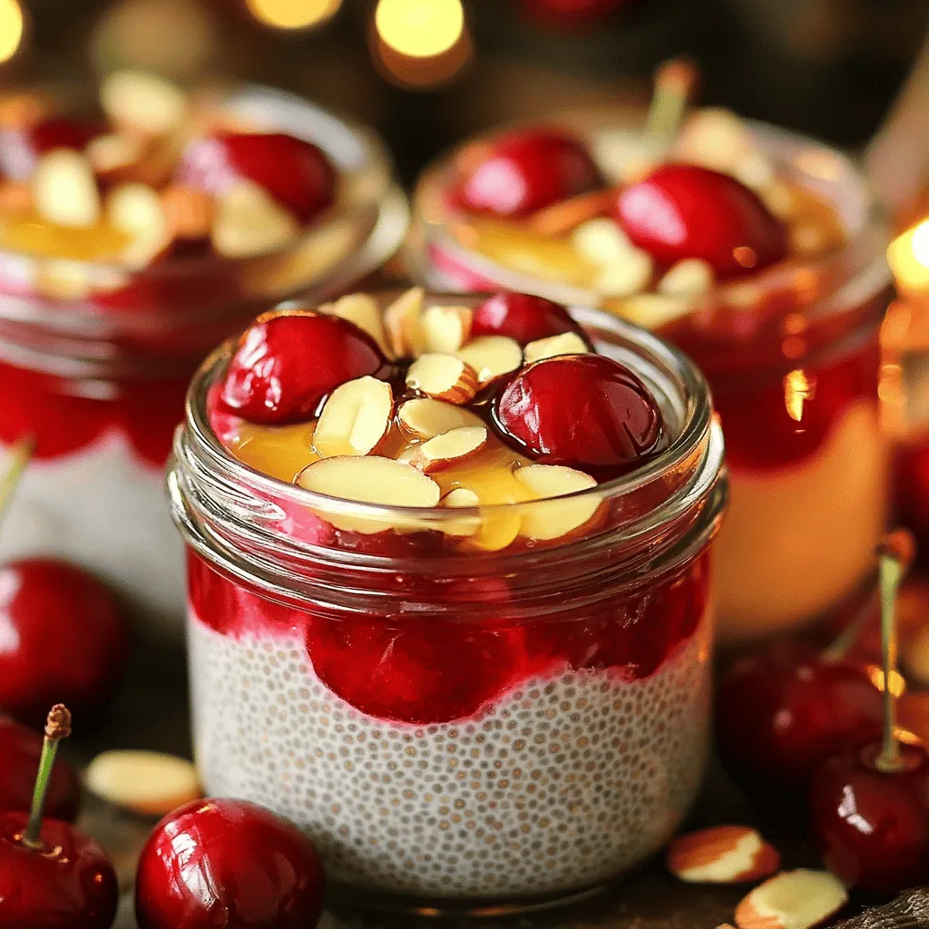 Cherry Almond Chia Pudding is both tasty and healthy. This dish uses simple ingredients. Each one adds flavor and nutrition. You can enjoy this pudding as breakfast or dessert. With its creamy texture and fruity taste, it makes a great treat. - 1/3 cup chia seeds - 2 cups almond milk - 1 cup fresh cherries, pitted and halved - 2 tablespoons maple syrup - 1 teaspoon vanilla extract - A pinch of salt - 1/4 cup sliced almonds for topping - Extra cherries for garnish Let’s break down these ingredients. Chia seeds are high in fiber and protein. They help the pudding thicken and add a nice crunch. Almond milk is a creamy base. It keeps the pudding dairy-free and adds a nutty flavor. Fresh cherries bring sweetness and a pop of color. Maple syrup gives a touch of natural sweetness. You can swap it for honey if you prefer. Vanilla extract adds warmth and depth to the taste. A pinch of salt balances the sweetness, making each bite delicious. Finally, sliced almonds add a crunchy topping and extra almond flavor. These ingredients work together to create a delightful dish. If you're ready to make this tasty treat, check out the Full Recipe for all the steps! Start by mixing the chia seeds and almond milk in a bowl. Use a whisk to blend them well. It’s key to avoid clumps. Next, add in your sweeteners and flavorings. Pour in maple syrup and vanilla extract. A pinch of salt will enhance the taste. Keep stirring until everything combines nicely. Chilling is vital for this recipe. Place the bowl in the fridge for at least two hours. This time allows the chia seeds to soak up the liquid. As they absorb the almond milk, the mixture thickens. You can also leave it overnight for a creamier texture. When you're ready to serve, fold in the fresh cherry halves. Save a few cherries for garnish. Present the pudding in clear jars for a lovely view. Top with sliced almonds for a nice crunch. Drizzle extra maple syrup on top for added sweetness. This makes for a delightful and nutritious dish. For the full recipe, check the section above. To get the best texture, start by mixing well. When you add chia seeds to almond milk, whisk them together quickly. This helps break up clumps. After about ten minutes, stir again to keep the seeds from sticking together. If you see any clumps, just whisk them out. Chilling the mixture in the fridge helps it thicken nicely. You can easily change how sweet your pudding is. If you like it sweeter, add more maple syrup or honey. Start with one tablespoon and taste it. If you want more sweetness, just add a bit each time. If it’s too sweet, mix in extra almond milk to balance it out. This way, you control the flavor perfectly. Add fun flavors to your pudding! A pinch of cinnamon or nutmeg can give it a warm touch. You can also mix in a bit of cocoa powder for a chocolate twist. If you want a fruity pop, try adding a splash of orange juice or zest. These small changes can make your pudding even more delicious. {{image_2}} You can switch up the milk for this pudding. Try coconut milk for a creamier taste. Soy milk works well too if you prefer a different base. Each milk brings its own flavor to the dish. Instead of cherries, you can use other fruits. Fresh mango or diced peaches add a sweet twist. Berries like strawberries or blueberries also mix nicely in this recipe. Each fruit change gives you a new treat. While sliced almonds are great, other toppings can enhance your pudding. Try adding shredded coconut for a tropical flair. Chopped pistachios give a nice crunch too. You can even sprinkle cinnamon for a warm spice. These changes can make your pudding more exciting. You can easily make this pudding vegan. Just stick to maple syrup and almond milk. This recipe is also gluten-free, making it safe for everyone. If you're nut-free, use oat milk and skip the almonds. These small swaps keep the dish tasty for any diet. To keep your Cherry Almond Chia Pudding fresh, use glass jars or airtight containers. These containers help keep the pudding from drying out. Make sure to seal them tightly. This keeps your pudding creamy and tasty for days. In the fridge, this pudding lasts about 4 to 5 days. Always check for signs of spoilage before eating. If it smells off or looks strange, it’s best to toss it. Proper storage helps maintain its flavor and texture. You can freeze chia pudding, but the texture may change. When thawed, it might be a bit watery. To freeze, place it in freezer-safe containers. Leave some space at the top, as the pudding expands when frozen. Thaw it overnight in the fridge before serving. Making Cherry Almond Chia Pudding takes about 10 minutes to prep. You then need to chill it for at least 2 hours. If you’re in a rush, you can even leave it overnight. This waiting time helps the chia seeds soak up the almond milk and thicken the pudding. Yes, you can prepare this pudding in advance. It actually tastes better when chilled overnight. This gives the flavors time to blend. You can store it in the fridge for up to 5 days. Just stir it before serving to mix the chia seeds back in. Chia seeds are tiny powerhouses of nutrition. They are high in fiber, which helps digestion. They also provide omega-3 fatty acids, which support heart health. Chia seeds are rich in protein and can keep you feeling full longer. Plus, they are full of antioxidants, which help fight free radicals in our bodies. Absolutely! This recipe is very flexible. You can swap almond milk with any plant milk or dairy milk. If you prefer low sugar, use less maple syrup or honey. You can also change the fruit. Use your favorite berries or bananas instead of cherries. This way, you can make it fit your diet perfectly. Cherry almond chia pudding is tasty, healthy, and easy to make. We covered the key ingredients, steps, and helpful tips for perfecting your pudding. You learned how to customize flavors and adjust sweetness. Storing your leftovers properly and knowing shelf life can help you waste less. This recipe offers many variations to match your diet. With a bit of creativity, you can enjoy this dish often. Use what you learned to make your version today. Enjoy the process, and happy cooking!