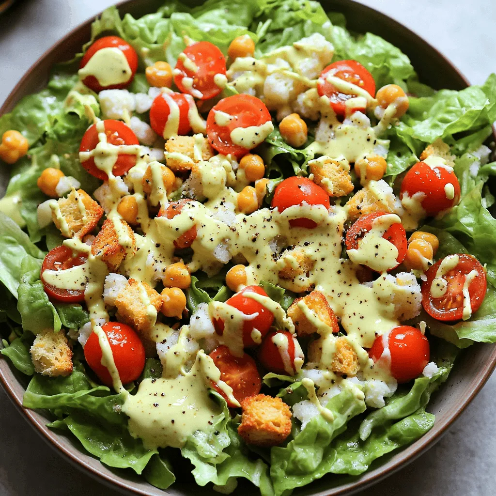 - 1 can (15 oz) chickpeas, rinsed and drained - 4 cups romaine lettuce, chopped - ½ cup cherry tomatoes, halved - ¼ cup grated Parmesan cheese - ¼ cup homemade vegan Caesar dressing - 1 tablespoon olive oil - Salt and black pepper, to taste - ¼ cup croutons (store-bought or homemade) - 2 tablespoons tahini - 2 tablespoons lemon juice - 1 tablespoon Dijon mustard - 1 garlic clove, minced - 1 tablespoon capers, chopped - 1 teaspoon Worcestershire sauce (vegan option) - 2 tablespoons water (adjust for desired consistency) - Salt and pepper, to taste I love using chickpeas in this Caesar salad. They add protein and texture. You can find canned chickpeas at your store. Just rinse them well to remove excess salt. Next, you need fresh romaine lettuce. Chop it up into bite-sized pieces. The crunch of the lettuce makes the salad fun to eat. Cherry tomatoes add a pop of color and sweetness. Halve them for easy bites. Parmesan cheese brings a rich flavor to the salad. I use grated cheese, but you can also shred it for a different look. The homemade vegan Caesar dressing is a must-try. It’s creamy and full of flavor. For the dressing, tahini gives a nutty taste. Fresh lemon juice adds brightness. Dijon mustard gives a slight kick. Don’t forget the minced garlic and chopped capers for depth. Worcestershire sauce adds umami. If you want a vegan version, just skip it or use soy sauce. Adjust the water in the dressing to get your desired thickness. Finally, croutons add crunch. You can buy them or make your own. Just toast some bread cubes with olive oil and seasonings. This Chickpea Caesar Salad is fresh, tasty, and perfect for any meal. For the full recipe, check out the link above. Enjoy your cooking! - Mix tahini, lemon juice, Dijon mustard, minced garlic, capers, Worcestershire sauce, and water in a bowl. - Adjust consistency with additional water if necessary. - Season with salt and pepper to taste. Making the dressing is simple. The tahini gives a rich flavor. The lemon juice adds brightness. Dijon mustard brings a bit of spice. Minced garlic gives depth. Capers add a salty punch. Worcestershire sauce enhances the taste. You can control the thickness with water. If it feels too thick, just add a bit more. Make sure to taste it before you finish. You want it just right. - In a large bowl, combine chickpeas, chopped romaine lettuce, halved cherry tomatoes, and grated Parmesan cheese. Now, let’s get to the salad! Start with the chickpeas. They are your base. Rinse and drain them well. Then add chopped romaine lettuce. It gives nice crunch and freshness. Next, toss in halved cherry tomatoes. Their sweetness balances the flavors. Finally, sprinkle grated Parmesan cheese on top. This adds a creamy, salty touch. - Drizzle the Caesar dressing over the salad and toss until well-coated. - Add olive oil, season with salt and black pepper, and do a final mix. Pour the dressing over your salad mix. Toss everything together gently. You want every piece to get coated with that delicious dressing. Next, drizzle olive oil for extra richness. Season with salt and black pepper to your taste. Give it one last gentle toss. This salad is now ready to enjoy! For the full experience, check out the Full Recipe. - Serve in a large serving bowl or individual plates for aesthetic appeal. - Garnish with extra cucumbers and Parmesan cheese for a fresh look. - Substitute tahini with mayo for a creamier texture that many enjoy. - Add nutritional yeast for a cheesy flavor without using dairy. - Consider roasting chickpeas for added crunch and a deeper flavor. - Try making homemade croutons for a fresher taste that elevates the salad. When you try these tips, your Chickpea Caesar Salad will shine. {{image_2}} You can make your Chickpea Caesar Salad even heartier. Add grilled chicken or shrimp for extra protein. Both options blend well with the salad’s flavors. You can also swap chickpeas for different beans. Try black beans or kidney beans to mix things up. These beans add new textures and tastes. If you prefer a vegan dish, there are simple swaps to make. Use a vegan Parmesan alternative instead of regular cheese. This way, you keep the creamy taste and stay plant-based. Replace Worcestershire sauce with soy sauce for a vegan-friendly dressing. These small changes keep your salad delicious and ethical. Using seasonal ingredients can elevate your salad. Add colorful veggies like bell peppers or ripe avocados. They bring freshness and crunch to your meal. You can also toss in fruits like apple slices or pomegranate seeds. These fruits add a surprising twist of sweetness that contrasts nicely with the savory dressing. - Store leftover salad in an airtight container in the fridge for up to 2 days. - Keep dressing separate until ready to serve for best results. - Consider freezing un-tossed salad ingredients for later use. This way, you can enjoy the flavors later without losing freshness. - Dressings can be stored in the fridge for up to one week. This is handy for quick meals. Just shake well before using. Proper storage helps maintain taste and quality. When you store your salad and dressing correctly, you enjoy every bite just as much as the first time. For a complete recipe, check out the Full Recipe link. Chickpea Caesar Salad is a vegetarian twist on the classic Caesar salad using chickpeas instead of meat for protein. This salad still has that creamy dressing and crisp greens, making it a tasty option for everyone. The chickpeas add a nice bite and extra fiber. You get all the flavor of a Caesar salad without the meat. Yes, the dressing can be made ahead of time and stored in the fridge for up to a week. This saves time when you want to eat. Just remember to give it a good shake or stir before using it. Fresh dressing is key to a great salad. To make this salad gluten-free, use gluten-free croutons. Always check labels on other ingredients to avoid gluten. Most chickpeas, lettuce, and cheese are naturally gluten-free. Just make sure everything else you add fits the bill. Enjoy your salad worry-free! Chickpea Caesar salad offers a tasty twist on a classic dish. We covered key ingredients like chickpeas and homemade dressing. I provided simple steps for preparation and tips to enhance your meal. Remember, you can make this salad your own with various proteins and seasonal veggies. Enjoy the crunch of fresh ingredients and creamy dressing. This salad is quick to prepare, and it keeps well in the fridge. It’s a satisfying option for lunch or dinner. Try it out and delight in every bite.