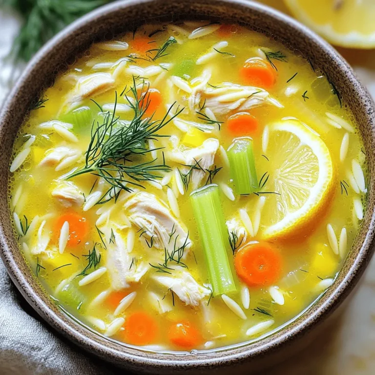 For a rich bowl of Greek Lemon Chicken Soup, you will need: - 1 lb chicken breast, boneless and skinless, diced - 1 medium onion, finely chopped - 2 cloves garlic, minced - 4 cups chicken broth - 1 cup carrots, diced - 1 cup celery, diced - 1 cup orzo pasta - 2 large eggs - Juice of 2 lemons These ingredients form the heart of the soup. The chicken provides protein, while the broth adds depth. Onions and garlic give a lovely base flavor. Carrots and celery contribute sweetness and crunch. Orzo pasta gives the soup a nice texture. To season and finish your soup, gather: - 1 teaspoon dried oregano - Salt and pepper to taste - Fresh dill, for garnish (optional) Dried oregano adds a hint of earthiness. Salt and pepper bring out all the flavors. Fresh dill on top gives a burst of green and freshness. Lemon slices can also be added for a zesty touch. For the full recipe, check out the detailed cooking steps. Enjoy making this comforting dish! Start by heating a tablespoon of olive oil in a large pot over medium heat. Then, add the finely chopped onion. Sauté the onion for about five minutes until it turns translucent. Next, stir in the minced garlic and cook for one more minute. This will make your kitchen smell amazing. Once the garlic is fragrant, add the diced chicken breast. Season it with salt, pepper, and dried oregano. Cook the chicken for about five to seven minutes. Make sure it is no longer pink. This step builds a strong flavor base for your soup. Now it’s time to pour in the chicken broth. Add the diced carrots and celery next. Bring the mixture to a boil. After it boils, reduce the heat to a simmer. Let it simmer for about ten minutes. This cooks the veggies until they are tender. While the soup simmers, you can cook the orzo pasta. Add it to the soup and follow the package instructions. Usually, this takes about eight to ten minutes until the pasta is al dente. Next, whisk the eggs in a bowl. Gradually add the lemon juice while whisking. To temper the eggs, slowly ladle some hot soup broth into the egg mixture. Keep whisking to avoid cooking the eggs. Repeat this a few times. After tempering, add the egg-lemon mixture back into the soup. Stir constantly to create a creamy texture. Finally, taste the soup and adjust the seasoning with more salt, pepper, or lemon juice if needed. Serve hot, garnished with fresh dill and a slice of lemon. For the full recipe, check out the details provided. To make your Greek lemon chicken soup shine, adjust the seasoning and lemon level. Start with the juice of two lemons, but taste as you go. If you like it tangier, add more lemon juice. A common mistake is adding too much salt too soon. Start with a little and build it up. You can always add more, but you can't take it out. Make sure to taste your soup as it cooks. This helps you find the right balance of flavors. Sautéing the onion and garlic right is key. Use medium heat and stir often to avoid burning. This step builds a strong base for your soup. When you add broth and veggies, watch the simmer. It should bubble gently, not boil hard. This helps keep the chicken tender and the flavors bright. To get that creamy texture with eggs, whisk them well with lemon juice. Then, slowly add hot soup broth to the egg mixture. This warms the eggs without cooking them. This step is vital for smooth soup. Getting these tips right will help you create a delicious and comforting bowl of Greek lemon chicken soup. For more details, check the full recipe. {{image_2}} You can switch up the chicken breast if you want. Turkey works great and has a nice taste. Tofu is a lovely choice for a vegetarian version. It adds protein while keeping the soup light. When it comes to pasta, orzo is the classic choice. But you can use other types too. Small shells or ditalini pasta can give you a fun twist. Just make sure to adjust the cooking time based on what you pick. Adding more herbs can really lift your soup. Thyme and parsley can bring freshness and depth. Just a sprinkle can make a big difference. If you want warmth, consider spices like cumin or paprika. They help create a cozy feel. Start with a small amount, then taste and adjust. You can always add more if you like a stronger flavor. For the full recipe, check out the Lively Greek Lemon Chicken Soup details. To keep your Greek lemon chicken soup fresh, store any leftovers right away. Use airtight containers to prevent air from spoiling the soup. Glass or plastic containers work well. Make sure the soup is cool before sealing it. This helps maintain its flavor and texture. In the fridge, your soup lasts about three to four days. If you want to save the soup for later, freezing is a great option. Let the soup cool completely before pouring it into freezer-safe bags or containers. Leave some space at the top for expansion. This soup can freeze well for up to three months. When you are ready to enjoy it, thaw it in the fridge overnight. You can also use the microwave for quicker thawing. Once thawed, reheat the soup on the stove over low heat. Stir it often to ensure even heating. Add a little water or broth if it's too thick. Enjoy your soup just like the first time! For the complete recipe, check the Full Recipe. You can make Greek Lemon Chicken Soup gluten-free by swapping out orzo pasta. Try using gluten-free pasta like rice noodles or quinoa. These options work well and keep the soup tasty. Just make sure to check the package for cooking times. You want everything to be tender and flavorful. Yes, rotisserie chicken is a great choice! It saves time and adds rich flavor. Just shred the chicken and add it to the pot after cooking the veggies. This method gives you a quick meal with less prep. Plus, it cuts down on cooking time, perfect for busy days. Greek Lemon Chicken Soup is quite healthy! It’s packed with protein from chicken and has many veggies. Carrots and celery add fiber and vitamins. The soup is low in calories, making it a great choice for a light meal. You can enjoy a bowl without feeling guilty. In this blog post, we explored making Greek Lemon Chicken Soup. We covered key ingredients like chicken, vegetables, and orzo pasta, plus essential seasonings. I provided step-by-step instructions for cooking and shared tips to perfect the flavor and texture. Variations and storage tips offer you flexibility. Creating this soup is simple and rewarding. With these guidelines, you will enjoy a warm bowl of goodness that can adapt to your tastes and needs. Happy cooking!
