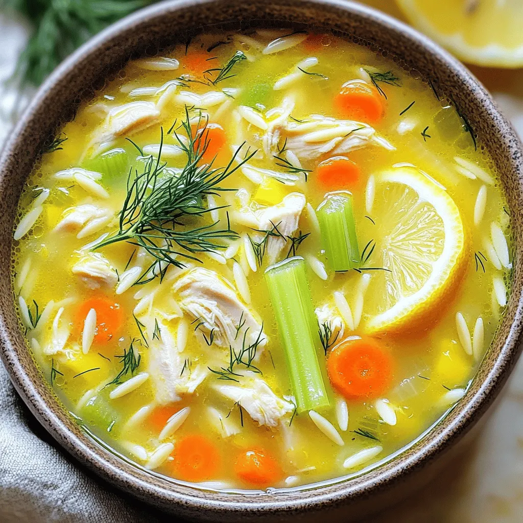 For a rich bowl of Greek Lemon Chicken Soup, you will need: - 1 lb chicken breast, boneless and skinless, diced - 1 medium onion, finely chopped - 2 cloves garlic, minced - 4 cups chicken broth - 1 cup carrots, diced - 1 cup celery, diced - 1 cup orzo pasta - 2 large eggs - Juice of 2 lemons These ingredients form the heart of the soup. The chicken provides protein, while the broth adds depth. Onions and garlic give a lovely base flavor. Carrots and celery contribute sweetness and crunch. Orzo pasta gives the soup a nice texture. To season and finish your soup, gather: - 1 teaspoon dried oregano - Salt and pepper to taste - Fresh dill, for garnish (optional) Dried oregano adds a hint of earthiness. Salt and pepper bring out all the flavors. Fresh dill on top gives a burst of green and freshness. Lemon slices can also be added for a zesty touch. For the full recipe, check out the detailed cooking steps. Enjoy making this comforting dish! Start by heating a tablespoon of olive oil in a large pot over medium heat. Then, add the finely chopped onion. Sauté the onion for about five minutes until it turns translucent. Next, stir in the minced garlic and cook for one more minute. This will make your kitchen smell amazing. Once the garlic is fragrant, add the diced chicken breast. Season it with salt, pepper, and dried oregano. Cook the chicken for about five to seven minutes. Make sure it is no longer pink. This step builds a strong flavor base for your soup. Now it’s time to pour in the chicken broth. Add the diced carrots and celery next. Bring the mixture to a boil. After it boils, reduce the heat to a simmer. Let it simmer for about ten minutes. This cooks the veggies until they are tender. While the soup simmers, you can cook the orzo pasta. Add it to the soup and follow the package instructions. Usually, this takes about eight to ten minutes until the pasta is al dente. Next, whisk the eggs in a bowl. Gradually add the lemon juice while whisking. To temper the eggs, slowly ladle some hot soup broth into the egg mixture. Keep whisking to avoid cooking the eggs. Repeat this a few times. After tempering, add the egg-lemon mixture back into the soup. Stir constantly to create a creamy texture. Finally, taste the soup and adjust the seasoning with more salt, pepper, or lemon juice if needed. Serve hot, garnished with fresh dill and a slice of lemon. For the full recipe, check out the details provided. To make your Greek lemon chicken soup shine, adjust the seasoning and lemon level. Start with the juice of two lemons, but taste as you go. If you like it tangier, add more lemon juice. A common mistake is adding too much salt too soon. Start with a little and build it up. You can always add more, but you can't take it out. Make sure to taste your soup as it cooks. This helps you find the right balance of flavors. Sautéing the onion and garlic right is key. Use medium heat and stir often to avoid burning. This step builds a strong base for your soup. When you add broth and veggies, watch the simmer. It should bubble gently, not boil hard. This helps keep the chicken tender and the flavors bright. To get that creamy texture with eggs, whisk them well with lemon juice. Then, slowly add hot soup broth to the egg mixture. This warms the eggs without cooking them. This step is vital for smooth soup. Getting these tips right will help you create a delicious and comforting bowl of Greek lemon chicken soup. For more details, check the full recipe. {{image_2}} You can switch up the chicken breast if you want. Turkey works great and has a nice taste. Tofu is a lovely choice for a vegetarian version. It adds protein while keeping the soup light. When it comes to pasta, orzo is the classic choice. But you can use other types too. Small shells or ditalini pasta can give you a fun twist. Just make sure to adjust the cooking time based on what you pick. Adding more herbs can really lift your soup. Thyme and parsley can bring freshness and depth. Just a sprinkle can make a big difference. If you want warmth, consider spices like cumin or paprika. They help create a cozy feel. Start with a small amount, then taste and adjust. You can always add more if you like a stronger flavor. For the full recipe, check out the Lively Greek Lemon Chicken Soup details. To keep your Greek lemon chicken soup fresh, store any leftovers right away. Use airtight containers to prevent air from spoiling the soup. Glass or plastic containers work well. Make sure the soup is cool before sealing it. This helps maintain its flavor and texture. In the fridge, your soup lasts about three to four days. If you want to save the soup for later, freezing is a great option. Let the soup cool completely before pouring it into freezer-safe bags or containers. Leave some space at the top for expansion. This soup can freeze well for up to three months. When you are ready to enjoy it, thaw it in the fridge overnight. You can also use the microwave for quicker thawing. Once thawed, reheat the soup on the stove over low heat. Stir it often to ensure even heating. Add a little water or broth if it's too thick. Enjoy your soup just like the first time! For the complete recipe, check the Full Recipe. You can make Greek Lemon Chicken Soup gluten-free by swapping out orzo pasta. Try using gluten-free pasta like rice noodles or quinoa. These options work well and keep the soup tasty. Just make sure to check the package for cooking times. You want everything to be tender and flavorful. Yes, rotisserie chicken is a great choice! It saves time and adds rich flavor. Just shred the chicken and add it to the pot after cooking the veggies. This method gives you a quick meal with less prep. Plus, it cuts down on cooking time, perfect for busy days. Greek Lemon Chicken Soup is quite healthy! It’s packed with protein from chicken and has many veggies. Carrots and celery add fiber and vitamins. The soup is low in calories, making it a great choice for a light meal. You can enjoy a bowl without feeling guilty. In this blog post, we explored making Greek Lemon Chicken Soup. We covered key ingredients like chicken, vegetables, and orzo pasta, plus essential seasonings. I provided step-by-step instructions for cooking and shared tips to perfect the flavor and texture. Variations and storage tips offer you flexibility. Creating this soup is simple and rewarding. With these guidelines, you will enjoy a warm bowl of goodness that can adapt to your tastes and needs. Happy cooking!