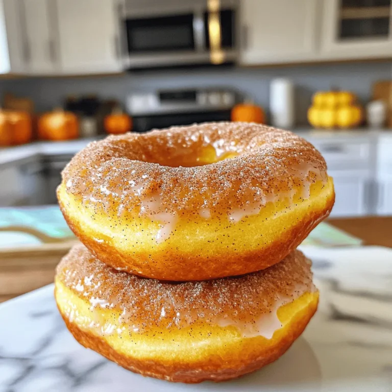 To make these tasty donuts, you will need: - 1 cup canned pumpkin puree - 1/2 cup granulated sugar - 1/4 cup brown sugar, packed - 1/3 cup unsweetened applesauce - 2 large eggs - 2 cups all-purpose flour - 1 teaspoon baking powder - 1 teaspoon baking soda - 1 teaspoon ground cinnamon - 1/2 teaspoon ground nutmeg - 1/2 teaspoon ground ginger - 1/2 teaspoon salt - 1 teaspoon vanilla extract - Cooking spray for the air fryer These ingredients create a moist donut with a rich pumpkin flavor. Canned pumpkin puree is perfect because it is smooth and ready to use. Using both granulated and brown sugar adds depth to the sweetness. You can personalize your donuts with fun toppings or mix-ins: - Cinnamon sugar: Mix granulated sugar with ground cinnamon. - Glaze: Use powdered sugar and a bit of water for a sweet drizzle. - Chopped nuts: Add walnuts or pecans for a crunchy texture. - Chocolate chips: Mix in some chocolate chips for a surprise inside. These options will enhance your donuts and make them even more delicious. To make these donuts, gather your tools: - Mixing bowls for combining ingredients. - Whisk for blending dry ingredients. - Silicone donut molds or metal donut pans. - Air fryer for cooking. - Measuring cups and spoons for accuracy. Having these tools ready will make your cooking process smooth and easy. For the full recipe, check the earlier section. To start, grab a large bowl. Add 1 cup of canned pumpkin puree, 1/2 cup of granulated sugar, and 1/4 cup of packed brown sugar. Then, mix these ingredients until they blend well. Next, add 1/3 cup of unsweetened applesauce. This keeps the donuts moist. Now, crack in 2 large eggs one at a time. Mix after adding each egg. Lastly, stir in 1 teaspoon of vanilla extract for flavor. In another bowl, whisk together 2 cups of all-purpose flour, 1 teaspoon of baking powder, and 1 teaspoon of baking soda. Add 1 teaspoon of ground cinnamon, 1/2 teaspoon of ground nutmeg, 1/2 teaspoon of ground ginger, and 1/2 teaspoon of salt. This mix gives the donuts that classic pumpkin spice taste. Slowly fold this dry mix into the pumpkin mixture until just combined. Be careful not to overmix; lumps are fine. Preheat your air fryer to 350°F (175°C). While it heats, lightly spray your donut molds with cooking spray. Spoon the pumpkin batter into each mold, filling them about 2/3 full. This allows room for the donuts to rise. Place the filled molds into the air fryer basket. Make sure they aren’t touching to allow air to circulate. Cook at 350°F for 8-10 minutes. You can check doneness with a toothpick; it should come out clean. Once the donuts are cooked, carefully remove the molds from the air fryer. Let them cool for a few minutes. When cool enough to handle, gently pop the donuts out of the molds. For an extra festive touch, you can toss the warm donuts in a mix of cinnamon and sugar. Alternatively, drizzle a simple glaze made from powdered sugar and water on top. Enjoy your delicious, homemade Air Fryer Pumpkin Spice Donuts! For the complete recipe, check out the Full Recipe. To make the best donuts, set your air fryer to 350°F (175°C). This temperature cooks the donuts evenly without drying them out. Cook the donuts for 8 to 10 minutes. Check them with a toothpick to see if they are done. If it comes out clean, they are ready! For fluffy donuts, do not overmix the batter. Mix just until the dry and wet ingredients are combined. This keeps the donuts light and airy. Also, be sure to fill the molds only two-thirds full. This gives the donuts room to rise without overflowing. One common mistake is using too much flour. Always spoon the flour into the measuring cup instead of scooping it. Scooping can pack the flour, making the donuts dense. Another mistake is not preheating the air fryer. Preheating helps the donuts cook evenly. Follow the Full Recipe for the best results! {{image_2}} To make gluten-free donuts, swap the all-purpose flour for gluten-free flour. Use a blend that works for baking. You may need to adjust the liquid slightly. Start with 1.5 cups of gluten-free flour and see if the batter holds well. This change keeps your donuts tasty and safe for gluten-free diets. For vegan-friendly donuts, replace the eggs with flax eggs. Mix 1 tablespoon of ground flaxseed with 2.5 tablespoons of water for each egg. Let it sit for a few minutes to thicken. You can also swap the applesauce with a mashed banana or a bit of extra pumpkin puree. This keeps your donuts moist and delicious without any animal products. Feel free to get creative with flavors! Add chocolate chips for a sweet twist. Chopped nuts can also add a nice crunch. You could try maple syrup instead of sugar for a rich taste. Experimenting with spices can change the flavor too. Try adding cardamom or allspice for a unique kick. Mix and match to find your favorite! For the full recipe, check the complete guide. To keep your donuts fresh, place them in an airtight container. This helps to lock in moisture and flavor. You can also wrap them in plastic wrap. Store the container at room temperature for up to three days. If you want to keep them longer, consider freezing them. If you freeze the donuts, let them cool completely first. Once cooled, place them in a freezer bag. Squeeze out as much air as possible before sealing. You can freeze them for up to three months. To reheat, simply pop them in the air fryer at 350°F for about 5 minutes. This will restore their soft texture and warm them up nicely. These donuts taste best when eaten fresh. However, stored right, they can last. At room temperature, they stay good for three days. In the fridge, they can last up to a week. For the best taste, always check for changes in smell or texture before eating. Enjoy your Air Fryer Pumpkin Spice Donuts and savor the season! For the full recipe, refer back to the recipe section. You can tell the donuts are ready by using a toothpick. Insert it into the center of a donut. If it comes out clean, your donuts are done. If there is batter on the toothpick, they need more time. Keep an eye on them as they cook. The cooking time is usually between 8 to 10 minutes. If you are unsure, check at the 8-minute mark. Yes, you can use fresh pumpkin. Just make sure to cook it first. Roast or steam the pumpkin until it is soft. Then, mash it until smooth. This fresh puree can replace canned pumpkin in the recipe. The flavor may be a bit richer, and the texture might vary slightly. You can use mashed bananas or yogurt as a substitute for applesauce. Both options will keep the donuts moist. If you want a sweeter donut, mashed bananas work great. Use the same amount as applesauce in the recipe. If you choose yogurt, use plain or vanilla for the best flavor. For more details on making the donuts, check the Full Recipe. You learned how to make delicious air fryer pumpkin spice donuts. We covered key ingredients, both essential and optional, along with the equipment you need. The step-by-step instructions guide you through preparation, cooking, and finishing touches. I shared tips for the best air fryer settings and ways to avoid common mistakes. Variations allow for gluten-free and vegan options. Lastly, storage tips help keep your donuts fresh. Enjoy experimenting with this tasty treat!