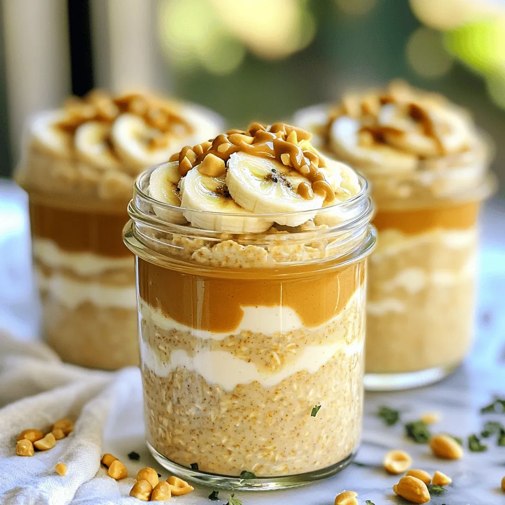 To make Peanut Butter Banana Overnight Oats, here’s what you need: - 1 cup rolled oats - 2 cups almond milk (or any milk of your choice) - 1 ripe banana, mashed - 2 tablespoons creamy peanut butter - 1 tablespoon chia seeds - 1 tablespoon honey or maple syrup (optional) - 1/2 teaspoon vanilla extract - A pinch of salt - Toppings: Slices of banana and chopped peanuts These simple ingredients come together to create a delicious and filling breakfast. Rolled oats are great for texture and nutrition. You can use any milk that you like. The ripe banana adds natural sweetness, while peanut butter gives a rich, creamy flavor. Chia seeds add a nice crunch and are packed with nutrients. If you want it sweeter, honey or maple syrup works well. Lastly, the toppings of banana and peanuts add freshness and crunch. You can find the full recipe in the article. - Combine oats, almond milk, mashed banana, peanut butter, chia seeds, honey, vanilla extract, and salt in a mixing bowl. - Stir until the mixture is well combined. To make delicious Peanut Butter Banana Overnight Oats, start with a large bowl. The oats will soak up the milk and flavors overnight. Use a ripe banana for best taste. The mashed banana adds natural sweetness. I love using creamy peanut butter for a smooth texture. Chia seeds give a nice crunch and boost nutrition. Honey adds a touch of sweetness, but you can skip it if you want. - Divide into jars or containers and seal. - Refrigerate overnight or for at least 4 hours. Next, divide the mixture into jars or containers. I prefer using mason jars as they keep the oats fresh. Seal them well to lock in the flavors. Refrigerate them overnight or for at least four hours. This step is key! The oats will soften, and flavors will meld beautifully during this time. - Stir the oats and adjust consistency with almond milk if needed. - Top with banana slices and chopped peanuts before serving. When you're ready to eat, give the oats a good stir. If they seem too thick, add a splash of almond milk to loosen them up. For the final touch, top your oats with fresh banana slices and chopped peanuts. This adds crunch and visual appeal. Enjoy your delightful Peanut Butter Banana Overnight Oats! If you're curious about the full recipe, check out the [Full Recipe]. - Use a ripe banana for optimal sweetness and flavor. A ripe banana has more natural sugars. - Adjust the amount of peanut butter for desired creaminess. More peanut butter makes it richer. - Experiment with different types of milk for varied taste. Almond milk gives a nutty flavor; oat milk is creamy. - Add spices like cinnamon or nutmeg for extra flavor. A dash of these spices can elevate your oats. - Serve in clear jars to showcase layers. It makes breakfast look fun and inviting. - Drizzle an extra tablespoon of peanut butter for visual appeal. This adds a nice touch and extra taste. For the complete recipe, check out the [Full Recipe]. {{image_2}} If you want a nut-free option, just swap the peanut butter. You can use almond butter or sunflower seed butter instead. Both options give you a tasty spread. They keep the creamy texture and add different flavors. You can enjoy this meal without worrying about nuts. Are you a chocolate fan? Then you can make this dish even better. Just add cocoa powder or chocolate chips. A tablespoon of cocoa powder gives a rich flavor. If you choose chocolate chips, sprinkle a few on top. It adds a sweet crunch that makes this dish hard to resist. Want to boost nutrition? Consider adding nuts, seeds, or granola. Chopped almonds or walnuts add a nice crunch. You can also use chia seeds for extra fiber. Granola offers a great texture and flavor. These additions make your overnight oats not just tasty, but also a powerhouse of nutrients. Check out the Full Recipe for more ideas! Store your overnight oats in airtight containers. This keeps them fresh. They stay good in the fridge for up to 3 days. Enjoy them for breakfast or a snack! If you want to prepare in bulk, freezing is a great choice. You can freeze individual portions for up to 1 month. Just make sure to use freezer-safe containers. When you are ready to eat, thaw your oats overnight in the fridge. This makes them creamy again. Stir well before serving to mix all the flavors. Yes, but the texture will be different; rolled oats are recommended for optimal consistency. Quick oats cook faster and absorb liquid differently. This may leave your overnight oats too mushy. For the best results, stick with rolled oats. They stay chewy and have a great bite. Substitute honey with maple syrup or agave nectar for a vegan option. Both options add sweetness without using animal products. You can also use any plant-based milk, like oat or soy milk. This way, you keep the creamy texture while keeping it vegan. Adjust honey or maple syrup to taste, or use a ripe banana for natural sweetness. The riper the banana, the sweeter it is. You can also skip added sugars entirely if you like less sweetness. Taste the mixture before you jar it to find your perfect flavor. This blog post covered a tasty overnight oats recipe. You learned about the key ingredients and step-by-step prep. I shared tips to perfect your oats and ways to customize them for different tastes. You can store your oats easily or even freeze them for later meals. In conclusion, overnight oats are simple and versatile. They can fit into any diet and satisfy your cravings. Enjoy creating your own version, and have fun with the flavors! You’ll love the health benefits and easy prep.