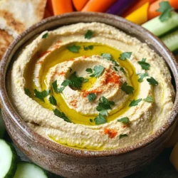- Chickpeas - Garlic - Tahini - Lemon Juice - Olive Oil - Ground Cumin - Smoked Paprika - Salt - Water - Fresh Parsley To make roasted garlic hummus, gather these key ingredients. Chickpeas form the base of the hummus. They add creaminess and protein. Garlic gives the dish its rich flavor. I prefer to roast it for a sweet, mellow taste. Tahini, made from ground sesame seeds, adds a nutty depth. Fresh lemon juice brightens the dish. Olive oil adds smoothness and richness. Ground cumin brings warmth and earthiness. Smoked paprika offers a hint of smokiness. Salt enhances all the flavors, so adjust it to your taste. Water helps achieve the right consistency. Lastly, fresh parsley is a lovely touch for garnish. You can find the full recipe for roasted garlic hummus in the section above. With these simple ingredients, you'll create a delicious and healthy dip that everyone will love. - Preheating the Oven Start by preheating your oven to 400°F (200°C). This heat will bring out the sweet, rich flavor of the garlic. - Wrapping Garlic for Roasting Take 4-6 whole garlic cloves and place them on a piece of aluminum foil. Drizzle a small amount of olive oil over them. Wrap the foil tightly around the cloves to keep the steam in. - Roasting Time and Cooling Roast the wrapped garlic in the oven for about 20-25 minutes. You want them to be soft and fragrant. After roasting, let them cool slightly before you handle them. - Combining Ingredients in the Food Processor In a food processor, combine the drained chickpeas, the roasted garlic (squeeze the cloves from their skins), tahini, lemon juice, olive oil, ground cumin, smoked paprika, and a pinch of salt. - Blending to Desired Consistency Blend the mixture until it’s smooth. You may need to scrape down the sides of the bowl to ensure everything mixes well. If the hummus feels too thick, add water one tablespoon at a time. Blend until you reach your desired consistency. - Adjusting Seasoning to Taste Taste your hummus and adjust the seasoning. You can add more salt, lemon juice, or olive oil based on your preference. This is where you can make it your own. Check out the Full Recipe for more details on serving and presentation tips! To make the best roasted garlic hummus, you must roast garlic right. Roasting brings out the sweet and nutty notes in garlic. Wrap the garlic in foil with a bit of olive oil. Bake it for about 20-25 minutes at 400°F. Let it cool before squeezing out the soft cloves. This step adds depth to your hummus. Next, adjusting the hummus consistency is key. After blending, if it feels too thick, add water slowly. One tablespoon at a time works well. Keep blending until you reach a smooth texture. Tasting and enhancing the flavor is crucial. After blending, taste your hummus. Add more salt, lemon juice, or olive oil if it needs a boost. This way, you control the final flavor. Pair your hummus with tasty appetizers. Warm pita bread is a classic choice. You can also serve it with crunchy veggies like carrots and cucumbers. This makes for a fun and colorful spread. For creative serving ideas, try using it as a sandwich spread. It adds a delicious twist to any sandwich. You can also mix it into salads for extra flavor and creaminess. Garnishing your hummus can elevate its look. Drizzle with olive oil for shine. A sprinkle of smoked paprika adds color and flavor. Fresh parsley brings a nice touch and freshness to the dish. For the full recipe, check out the Garlic Bliss Roasted Hummus recipe. {{image_2}} You can make roasted garlic hummus even more exciting! Here are some fun ideas: - Adding Spices: You can mix in spices like smoked paprika or cayenne pepper. These spices add warmth and a little kick to your hummus. Start with a pinch and adjust to your taste. - Incorporating Herbs: Fresh herbs like cilantro or basil can brighten up your hummus. Chop the herbs finely and blend them in for a fresh flavor. You can also use dried herbs if you don’t have fresh ones. - Adding Other Ingredients: Try mixing in sun-dried tomatoes or olives. These ingredients give your hummus a unique twist and extra richness. Just chop them up and blend them in with the other ingredients. Making hummus to fit different diets is easy! Here are some options: - Gluten-Free Options: All the ingredients in this recipe are gluten-free. You can enjoy the hummus with gluten-free pita or veggie sticks without worry. - Vegan Ingredients: This hummus is naturally vegan! All the ingredients come from plants, making it perfect for vegan diets. - Nut-Free Alternatives: If you have nut allergies, this hummus is safe! The tahini is made from sesame seeds, which are not nuts. If you want to avoid it, you can use sunflower seed butter instead. You can find the full recipe for this delicious roasted garlic hummus above. Enjoy experimenting with flavors and diets! To keep your roasted garlic hummus fresh, store it in an airtight container. Place it in the fridge. This helps preserve flavor and texture. Make sure the lid fits tightly. If you need to store hummus for longer, you can freeze it. - Refrigeration Guidelines - Use a clean container. - Keep it covered to avoid drying out. - Store it in the fridge for up to one week. - Freezing Options and Tips - Scoop hummus into freezer-safe bags or containers. - Leave space at the top for expansion. - It can stay frozen for up to three months. - Thaw in the fridge overnight before use. It's good to know how long your hummus lasts. - Duration of Freshness in the Fridge - When stored properly, it stays fresh for about a week. - Signs of Spoilage - Look for changes in color or texture. - If it smells sour or off, it’s time to toss it. - Mold is a clear sign to discard it. Enjoy your roasted garlic hummus while it's fresh! For the full recipe, check out the details above. To make roasted garlic hummus, follow these steps: 1. Preheat your oven to 400°F (200°C). 2. Take 4-6 unpeeled garlic cloves. Place them on aluminum foil. 3. Drizzle a bit of olive oil over the garlic. Wrap them tightly in the foil. 4. Roast the garlic for 20-25 minutes. The cloves should be soft and fragrant. 5. Let the garlic cool a bit before handling. 6. In a food processor, add 1 can of drained chickpeas, the roasted garlic, 3 tablespoons of tahini, 2 tablespoons of lemon juice, 2 tablespoons of olive oil, 1 teaspoon of ground cumin, 1/2 teaspoon of smoked paprika, and a pinch of salt. 7. Blend until smooth. If it's too thick, add water one tablespoon at a time. 8. Taste and adjust the seasoning as needed. 9. Transfer the hummus to a bowl, drizzle with olive oil, and garnish with parsley. 10. Serve with warm pita or veggie sticks. Enjoy your garlic bliss! Garlic is more than just tasty. Here are some benefits: - Nutrient-rich: Garlic has vitamins C and B6, manganese, and selenium. - Heart health: It may help lower blood pressure and cholesterol levels. - Antioxidant properties: Garlic has compounds that can fight free radicals. - Anti-inflammatory: It may help reduce inflammation in the body. - Immune support: Garlic can boost your immune system, helping fight colds. You can find roasted garlic hummus at many stores. Here are some options: - Grocery stores: Look in the deli or refrigerated section. - Health food stores: They often carry organic options. - Online: Many brands sell hummus through online grocery services. - Local markets: Check if nearby farmers' markets sell homemade versions. Yes, you can use fresh garlic instead. However, the taste will differ. Here are some tips: - Use less: Fresh garlic is stronger. Start with 1-2 cloves. - Adjust flavor: You may want to roast the fresh garlic briefly for a milder taste. - Try garlic powder: If you don’t have fresh garlic, use garlic powder. Start with 1/2 teaspoon and adjust to taste. For the full recipe, check out Garlic Bliss Roasted Hummus. This blog covered how to make roasted garlic hummus. We explored ingredients, from chickpeas to fresh parsley. I provided step-by-step instructions for preparing and blending. You learned tips for flavor and serving ideas. Variations included different spices and herbs. We also discussed storage tips for freshness. Incorporating roasted garlic takes this dish to a new level. Enjoy experimenting with flavors and sharing your hummus creations!