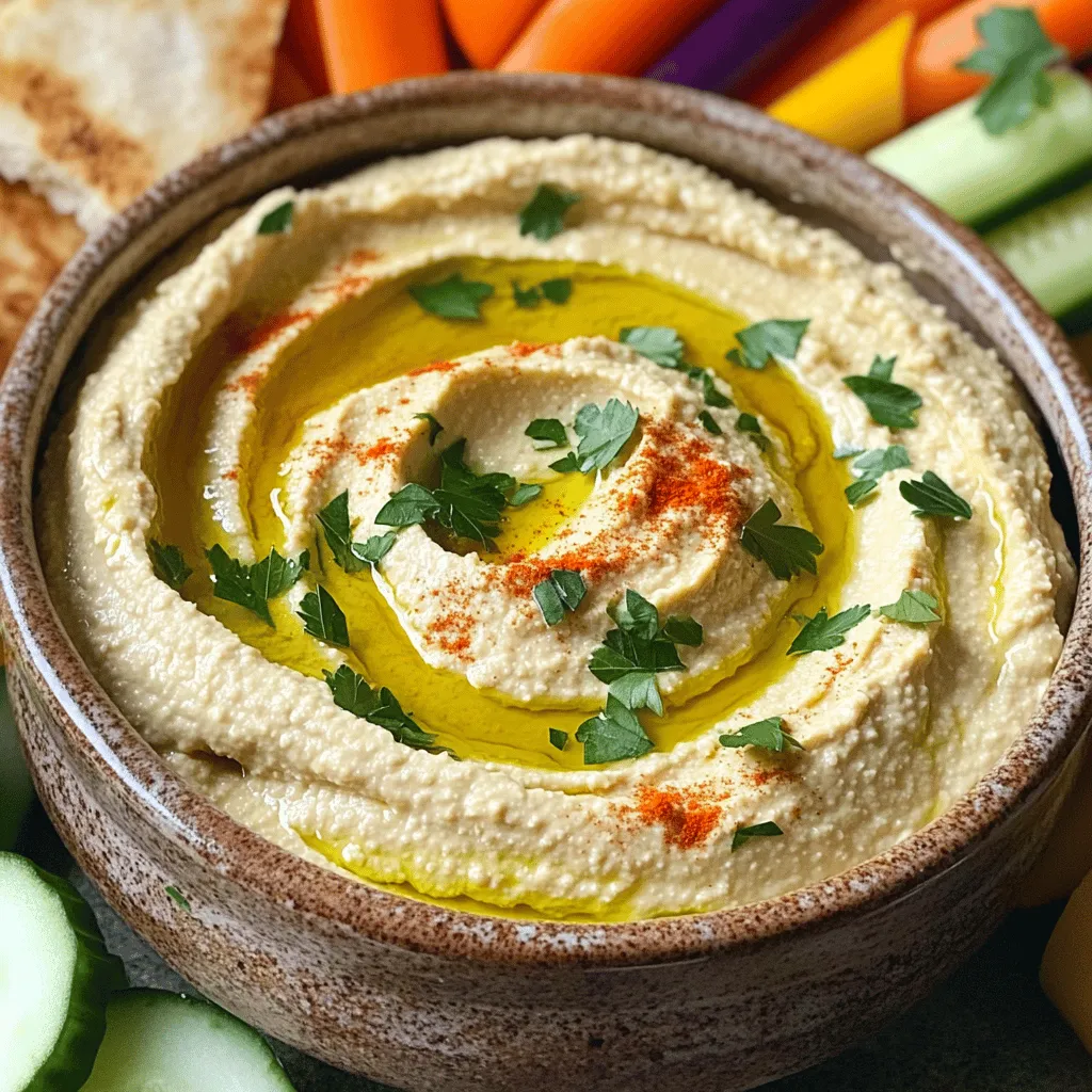 - Chickpeas - Garlic - Tahini - Lemon Juice - Olive Oil - Ground Cumin - Smoked Paprika - Salt - Water - Fresh Parsley To make roasted garlic hummus, gather these key ingredients. Chickpeas form the base of the hummus. They add creaminess and protein. Garlic gives the dish its rich flavor. I prefer to roast it for a sweet, mellow taste. Tahini, made from ground sesame seeds, adds a nutty depth. Fresh lemon juice brightens the dish. Olive oil adds smoothness and richness. Ground cumin brings warmth and earthiness. Smoked paprika offers a hint of smokiness. Salt enhances all the flavors, so adjust it to your taste. Water helps achieve the right consistency. Lastly, fresh parsley is a lovely touch for garnish. You can find the full recipe for roasted garlic hummus in the section above. With these simple ingredients, you'll create a delicious and healthy dip that everyone will love. - Preheating the Oven Start by preheating your oven to 400°F (200°C). This heat will bring out the sweet, rich flavor of the garlic. - Wrapping Garlic for Roasting Take 4-6 whole garlic cloves and place them on a piece of aluminum foil. Drizzle a small amount of olive oil over them. Wrap the foil tightly around the cloves to keep the steam in. - Roasting Time and Cooling Roast the wrapped garlic in the oven for about 20-25 minutes. You want them to be soft and fragrant. After roasting, let them cool slightly before you handle them. - Combining Ingredients in the Food Processor In a food processor, combine the drained chickpeas, the roasted garlic (squeeze the cloves from their skins), tahini, lemon juice, olive oil, ground cumin, smoked paprika, and a pinch of salt. - Blending to Desired Consistency Blend the mixture until it’s smooth. You may need to scrape down the sides of the bowl to ensure everything mixes well. If the hummus feels too thick, add water one tablespoon at a time. Blend until you reach your desired consistency. - Adjusting Seasoning to Taste Taste your hummus and adjust the seasoning. You can add more salt, lemon juice, or olive oil based on your preference. This is where you can make it your own. Check out the Full Recipe for more details on serving and presentation tips! To make the best roasted garlic hummus, you must roast garlic right. Roasting brings out the sweet and nutty notes in garlic. Wrap the garlic in foil with a bit of olive oil. Bake it for about 20-25 minutes at 400°F. Let it cool before squeezing out the soft cloves. This step adds depth to your hummus. Next, adjusting the hummus consistency is key. After blending, if it feels too thick, add water slowly. One tablespoon at a time works well. Keep blending until you reach a smooth texture. Tasting and enhancing the flavor is crucial. After blending, taste your hummus. Add more salt, lemon juice, or olive oil if it needs a boost. This way, you control the final flavor. Pair your hummus with tasty appetizers. Warm pita bread is a classic choice. You can also serve it with crunchy veggies like carrots and cucumbers. This makes for a fun and colorful spread. For creative serving ideas, try using it as a sandwich spread. It adds a delicious twist to any sandwich. You can also mix it into salads for extra flavor and creaminess. Garnishing your hummus can elevate its look. Drizzle with olive oil for shine. A sprinkle of smoked paprika adds color and flavor. Fresh parsley brings a nice touch and freshness to the dish. For the full recipe, check out the Garlic Bliss Roasted Hummus recipe. {{image_2}} You can make roasted garlic hummus even more exciting! Here are some fun ideas: - Adding Spices: You can mix in spices like smoked paprika or cayenne pepper. These spices add warmth and a little kick to your hummus. Start with a pinch and adjust to your taste. - Incorporating Herbs: Fresh herbs like cilantro or basil can brighten up your hummus. Chop the herbs finely and blend them in for a fresh flavor. You can also use dried herbs if you don’t have fresh ones. - Adding Other Ingredients: Try mixing in sun-dried tomatoes or olives. These ingredients give your hummus a unique twist and extra richness. Just chop them up and blend them in with the other ingredients. Making hummus to fit different diets is easy! Here are some options: - Gluten-Free Options: All the ingredients in this recipe are gluten-free. You can enjoy the hummus with gluten-free pita or veggie sticks without worry. - Vegan Ingredients: This hummus is naturally vegan! All the ingredients come from plants, making it perfect for vegan diets. - Nut-Free Alternatives: If you have nut allergies, this hummus is safe! The tahini is made from sesame seeds, which are not nuts. If you want to avoid it, you can use sunflower seed butter instead. You can find the full recipe for this delicious roasted garlic hummus above. Enjoy experimenting with flavors and diets! To keep your roasted garlic hummus fresh, store it in an airtight container. Place it in the fridge. This helps preserve flavor and texture. Make sure the lid fits tightly. If you need to store hummus for longer, you can freeze it. - Refrigeration Guidelines - Use a clean container. - Keep it covered to avoid drying out. - Store it in the fridge for up to one week. - Freezing Options and Tips - Scoop hummus into freezer-safe bags or containers. - Leave space at the top for expansion. - It can stay frozen for up to three months. - Thaw in the fridge overnight before use. It's good to know how long your hummus lasts. - Duration of Freshness in the Fridge - When stored properly, it stays fresh for about a week. - Signs of Spoilage - Look for changes in color or texture. - If it smells sour or off, it’s time to toss it. - Mold is a clear sign to discard it. Enjoy your roasted garlic hummus while it's fresh! For the full recipe, check out the details above. To make roasted garlic hummus, follow these steps: 1. Preheat your oven to 400°F (200°C). 2. Take 4-6 unpeeled garlic cloves. Place them on aluminum foil. 3. Drizzle a bit of olive oil over the garlic. Wrap them tightly in the foil. 4. Roast the garlic for 20-25 minutes. The cloves should be soft and fragrant. 5. Let the garlic cool a bit before handling. 6. In a food processor, add 1 can of drained chickpeas, the roasted garlic, 3 tablespoons of tahini, 2 tablespoons of lemon juice, 2 tablespoons of olive oil, 1 teaspoon of ground cumin, 1/2 teaspoon of smoked paprika, and a pinch of salt. 7. Blend until smooth. If it's too thick, add water one tablespoon at a time. 8. Taste and adjust the seasoning as needed. 9. Transfer the hummus to a bowl, drizzle with olive oil, and garnish with parsley. 10. Serve with warm pita or veggie sticks. Enjoy your garlic bliss! Garlic is more than just tasty. Here are some benefits: - Nutrient-rich: Garlic has vitamins C and B6, manganese, and selenium. - Heart health: It may help lower blood pressure and cholesterol levels. - Antioxidant properties: Garlic has compounds that can fight free radicals. - Anti-inflammatory: It may help reduce inflammation in the body. - Immune support: Garlic can boost your immune system, helping fight colds. You can find roasted garlic hummus at many stores. Here are some options: - Grocery stores: Look in the deli or refrigerated section. - Health food stores: They often carry organic options. - Online: Many brands sell hummus through online grocery services. - Local markets: Check if nearby farmers' markets sell homemade versions. Yes, you can use fresh garlic instead. However, the taste will differ. Here are some tips: - Use less: Fresh garlic is stronger. Start with 1-2 cloves. - Adjust flavor: You may want to roast the fresh garlic briefly for a milder taste. - Try garlic powder: If you don’t have fresh garlic, use garlic powder. Start with 1/2 teaspoon and adjust to taste. For the full recipe, check out Garlic Bliss Roasted Hummus. This blog covered how to make roasted garlic hummus. We explored ingredients, from chickpeas to fresh parsley. I provided step-by-step instructions for preparing and blending. You learned tips for flavor and serving ideas. Variations included different spices and herbs. We also discussed storage tips for freshness. Incorporating roasted garlic takes this dish to a new level. Enjoy experimenting with flavors and sharing your hummus creations!