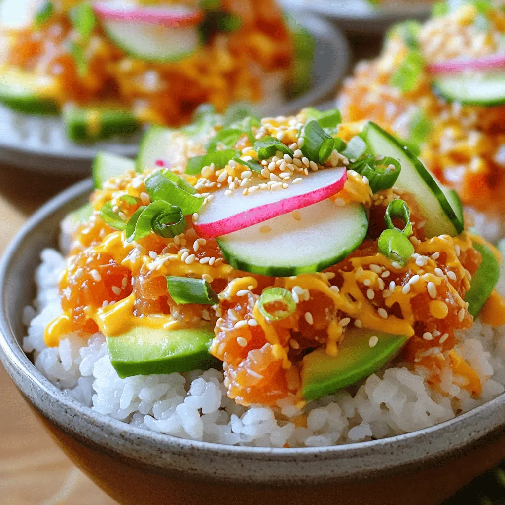 - 1 cup sushi rice - 1 ¼ cups water - 1 tablespoon rice vinegar - 1 teaspoon sugar - ½ teaspoon salt - 8 ounces sushi-grade tuna, diced - 2 tablespoons mayonnaise (preferably Kewpie) - 1 tablespoon sriracha (adjust for spice level) To make a great spicy tuna sushi bowl, you need sushi rice and sushi-grade tuna. The rice is the base of the dish. You cook it with water until it’s fluffy. Season it with rice vinegar, sugar, and salt for that perfect taste. The tuna is the star. Make sure it’s sushi-grade for safety and flavor. - 1 avocado, sliced - 1 small cucumber, thinly sliced - 1 radish, thinly sliced - 2 tablespoons sesame seeds - 2 green onions, chopped - Seaweed sheets, cut into strips (for garnish) Toppings add color and flavor. Avocado gives creaminess. Cucumber and radish add crunch. Sesame seeds and green onions bring extra taste. Seaweed strips are perfect for garnish. They also add a unique texture and flavor. - Soy sauce - Sriracha mayonnaise Condiments are key to flavor. Soy sauce adds umami and saltiness. Sriracha mayonnaise gives creaminess and spice. You can adjust the amount of sriracha to control heat. For the full recipe, make sure to follow the steps carefully. - Rinsing the rice: Start by rinsing 1 cup of sushi rice under cold water. Keep rinsing until the water runs clear. This step helps remove extra starch and makes the rice less sticky. - Cooking the rice: In a medium saucepan, add the rinsed rice and 1 ¼ cups of water. Bring it to a boil. Then, reduce the heat to low, cover it, and cook for 18-20 minutes. The rice will be ready when all the water is absorbed. - Mixing vinegar, sugar, and salt: After cooking, let the rice sit covered for 10 minutes. In a small bowl, combine 1 tablespoon of rice vinegar, 1 teaspoon of sugar, and ½ teaspoon of salt. Heat this mixture slightly to dissolve the sugar and salt. - Fluffing and cooling the rice: Use a fork to fluff the rice gently. Pour the vinegar mixture over the rice and mix well. Let it cool to room temperature. - Combining tuna with sauces: In a medium bowl, take 8 ounces of diced sushi-grade tuna. Add 2 tablespoons of mayonnaise and 1 tablespoon of sriracha. Mix everything until the tuna is well coated. - Adjusting spice levels: You can add more sriracha if you like it spicier. Taste as you go to find your perfect heat level. - Dividing rice into bowls: Take the seasoned sushi rice and divide it into four bowls. This base will hold all the tasty toppings. - Adding toppings: On top of the rice, add the spicy tuna mixture. Then, layer sliced avocado, thin cucumber slices, and radish. - Final touches with sesame seeds: Sprinkle 2 tablespoons of sesame seeds and some chopped green onions on each bowl. This adds flavor and crunch. - Serving recommendations: Serve with strips of seaweed for an extra bite. Put soy sauce on the side for dipping. Enjoy your delicious spicy tuna sushi bowls! For a full recipe, check the details above. Cooking sushi rice requires care. Start by rinsing the rice well. This removes extra starch. Use cold water until it runs clear. This step prevents clumping. After rinsing, cook the rice with the right water ratio. For one cup of rice, use one and a quarter cups of water. Bring it to a boil, then reduce the heat. Cover and cook for 18 to 20 minutes. Common mistakes include using too much water or lifting the lid while cooking. Avoid this to keep the rice fluffy. Sriracha brings heat to the dish. You can adjust the amount based on your taste. If you want more heat, add more sriracha. If you prefer less, use less. You can also try other condiments. Chili garlic sauce or spicy mayo are good alternatives. They add a unique kick. Experiment to find what you love best. Add extra flavor to your sushi bowl. Consider toppings like pickled ginger or wasabi for zing. Fresh herbs like cilantro can brighten the dish. For a crunch, try adding crispy onions or tempura flakes. Presentation is key, too. Use colorful toppings to make your bowl pop. Arrange avocado and cucumber nicely for an eye-catching look. A well-presented bowl makes the meal even more enjoyable. For the full recipe, check the main section. {{image_2}} You can switch up the protein in your sushi bowl. Salmon is a great choice. It has a rich taste and pairs well with the same flavors. If you want a plant-based option, try tofu. Firm tofu can soak up the flavors well. Just marinate it like you would the tuna. This works well for vegetarian and vegan diets. Not a fan of sushi rice? You can use quinoa or brown rice instead. They add a unique taste and texture. For toppings, feel free to mix and match. Use seasonal vegetables like bell peppers or radishes. You can also add fruits like mango or pineapple for a sweet twist. Don't stop at the basics! Consider adding extra toppings like pickled ginger or edamame. These add color and flavor. You can also try different sauces. A drizzle of ponzu or spicy mayo can elevate the dish. Experiment with what you like best for a personal touch. For the full recipe, check out [Full Recipe]. Store your leftover rice and tuna in separate containers. Keep the rice in an airtight container. It stays fresh for about three days in the fridge. For the tuna, place it in a sealed container, too. Use leftover tuna within two days for the best taste. To reheat sushi rice, add a splash of water and cover it. Microwave it for 30 seconds. Stir and heat again if needed. For tuna, do not microwave. Instead, let it sit at room temperature for 15 minutes. This keeps the texture nice. Yes, you can freeze portions of the rice and tuna. However, rice can lose its texture when thawed. If you freeze tuna, use it within a month. Wrap it tightly in plastic wrap, then place it in a freezer bag. For meal prep, make sure to label your bags with dates. The best sushi-grade tuna is bright red or deep pink. Look for fresh, firm flesh. It should have a clean smell, not fishy. The belly cut, called toro, is the most tender. When buying, check if it's labeled "sushi-grade." This means it meets safety and quality standards. Always buy from a trusted fish market or grocery store. Ask the staff about the source of the tuna. This helps ensure you're getting the freshest fish available. Yes, you can prepare spicy tuna in advance. Mix the tuna, mayonnaise, and sriracha ahead of time. Store it in an airtight container in the fridge. This keeps it fresh for up to two days. You can also cook the sushi rice ahead. Just let it cool and store it separately. When ready to serve, combine the rice and tuna. This method saves time and is great for meal prep. Spicy tuna sushi bowls pair well with many sides. Consider serving edamame for a healthy snack. Seaweed salad adds a nice crunch. Miso soup is a warm, comforting option. For drinks, green tea complements the meal well. You might also try a light beer or sake. These choices enhance the flavors of your sushi bowl. You can create delicious spicy tuna bowls at home using simple ingredients. Start with sushi rice and fresh tuna, then mix in tasty seasonings. Add your favorite garnishes like avocado and cucumber for extra flavor. Remember to follow the steps for cooking rice and preparing the tuna. With these tips, you will avoid common mistakes. Finally, customize your bowls with different proteins and toppings to suit your taste. Enjoy exploring this fun dish that you can make your own!