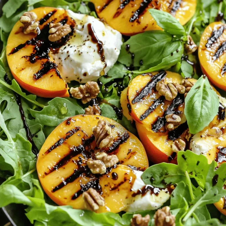 For the Grilled Peach and Burrata Salad, gather these fresh ingredients: - 3 ripe peaches, halved and pitted - 1 tablespoon olive oil - 4 cups mixed greens (arugula, spinach, and frisée) - 8 oz burrata cheese - ¼ cup walnuts, toasted and chopped - 2 tablespoons balsamic glaze - Salt and pepper, to taste - Fresh basil leaves for garnish These ingredients create a bright and tasty salad that combines sweet and savory flavors. To make this salad, you will need some simple tools: - Grill or grill pan - Basting brush - Mixing bowl - Serving platter - Knife and cutting board Having these tools ready helps streamline the cooking process and makes it more enjoyable. This salad is not only delicious but also healthy. Here’s a quick look at its nutritional benefits: - Calories: Approximately 300 per serving - Protein: 10g from burrata and nuts - Fat: 20g, mostly from olive oil and burrata - Fiber: 4g from greens and peaches - Vitamins: Rich in vitamins A and C These numbers may vary based on portion sizes and specific brands. Enjoy this salad knowing it is both flavorful and nutritious. For the full recipe, check the details above. First, get your grill or grill pan ready. Preheat it over medium-high heat. This step is key for getting nice grill marks on your peaches. If your grill is too cold, the peaches won’t get those lovely charred lines. Make sure it is hot enough before you start grilling. Now, let’s get to the fun part—grilling! Take your ripe peaches, cut them in half, and remove the pits. Brush the cut sides with olive oil. This helps keep them from sticking. Place the peach halves cut side down on the grill. Grill for about 4 to 5 minutes until you see those gorgeous grill marks. Flip them over and grill for another 2 to 3 minutes. You want them slightly soft but not mushy. Once done, take them off the grill and let them cool a bit. In a large bowl, combine the mixed greens. I love using arugula, spinach, and frisée for variety. Season the greens with salt and pepper to taste. Tear the burrata cheese into smaller pieces and place it on top of the greens. Next, arrange your grilled peaches around the burrata. Add the toasted walnuts for a nice crunch. To finish, drizzle with balsamic glaze and garnish with fresh basil leaves. This salad is simple yet packed with flavor. For the full recipe, check out the details above. To make this salad shine, select ripe peaches. Look for peaches that feel slightly soft when you press them. They should smell sweet and fruity. Avoid any that have bruises or wrinkles. The best time to find ripe peaches is during summer. This is when they are at their peak flavor. If you can, buy local peaches. They taste fresher and sweeter. A great dressing can boost your salad’s taste. For this dish, I suggest balsamic glaze. It adds a sweet and tangy kick. A simple mix of olive oil, lemon juice, salt, and pepper works too. This keeps it light and fresh. Feel free to experiment with herbs like basil or mint. These herbs can add an extra layer of flavor. Make your salad look as good as it tastes. Use a large, shallow bowl for serving. Start by adding the mixed greens. Then, arrange the grilled peaches in a circle around the burrata. Scatter the walnuts on top for a pop of color. Finish with a drizzle of balsamic glaze. Adding fresh basil leaves gives it a nice touch. For a fun twist, serve it on a wooden board. This makes it feel more rustic and inviting. For the full recipe, check out the instructions above. {{image_2}} You can easily add protein to your salad. Grilled chicken adds a nice touch. Shrimp is another great option. You can also try adding crispy bacon. Each protein adds its own flavor. Make sure to season your protein well. If you have dietary needs, you can make swaps. Use dairy-free cheese if you're lactose intolerant. For nut allergies, skip the walnuts. You can use seeds instead, like pumpkin or sunflower seeds. If you're vegan, omit the burrata and add a tasty avocado. These changes keep the salad fresh and enjoyable. You can change up the fruit based on the season. In summer, try nectarines or plums. In fall, pears add a nice flavor. Apples work well too. Each fruit brings a unique taste to the dish. Just keep the grilling step for a smoky twist. For the full recipe, check the details above. To keep your grilled peach and burrata salad fresh, store it in the fridge. Place the salad in an airtight container. This helps to keep the flavors intact. Eat the salad within two days for the best taste. If you notice any wilting greens, remove them before serving. I do not recommend freezing this salad. The peaches and burrata do not freeze well. Freezing changes their texture and taste. Enjoy your salad fresh for the best experience. If you have leftover grilled peaches, you can freeze those. Just ensure they cool down first, then place them in a freezer-safe bag. For leftovers, keep the dressing separate. This prevents the greens from wilting. Store the greens and peaches in one container and the burrata in another. Mix everything right before you eat. If the salad becomes soggy, add a touch of fresh greens to revive it. For a tasty twist, add some fresh herbs if you have any on hand. For the full recipe, check out the details in the recipe section. To find ripe peaches, look for a few key signs. First, check the color. A ripe peach should have a warm, golden hue. It may have some red blush too. Next, gently squeeze the peach. It should feel slightly soft but not mushy. Finally, smell the peach. A sweet, fragrant scent means it is ready to eat. Ripe peaches will grill beautifully, creating a sweet and smoky flavor that pairs well with burrata. Yes, you can prepare parts of the salad ahead of time. You can grill the peaches early in the day. Just store them in the fridge until you're ready to serve. Keep the salad greens and burrata separate. This keeps the salad fresh and crisp. Assemble the salad right before serving to maintain the best taste and texture. This salad pairs well with various dishes. Try serving it with grilled chicken or fish for a complete meal. You can also enjoy it as a side with burgers or steak. For a lighter option, serve it with a bowl of soup. The sweet and savory flavors of the salad complement many dishes, making it a versatile choice. In this article, I covered how to make a delicious Grilled Peach and Burrata Salad. We looked at fresh ingredients, tools needed, and nutritional facts. I shared step-by-step grilling instructions and tips for picking the best peaches. We discussed variations you can try and how to store leftovers safely. Remember, grilling is simple and fun. Enjoy the sweet taste of peaches. Experiment with flavors and make it yours. Happy grilling!