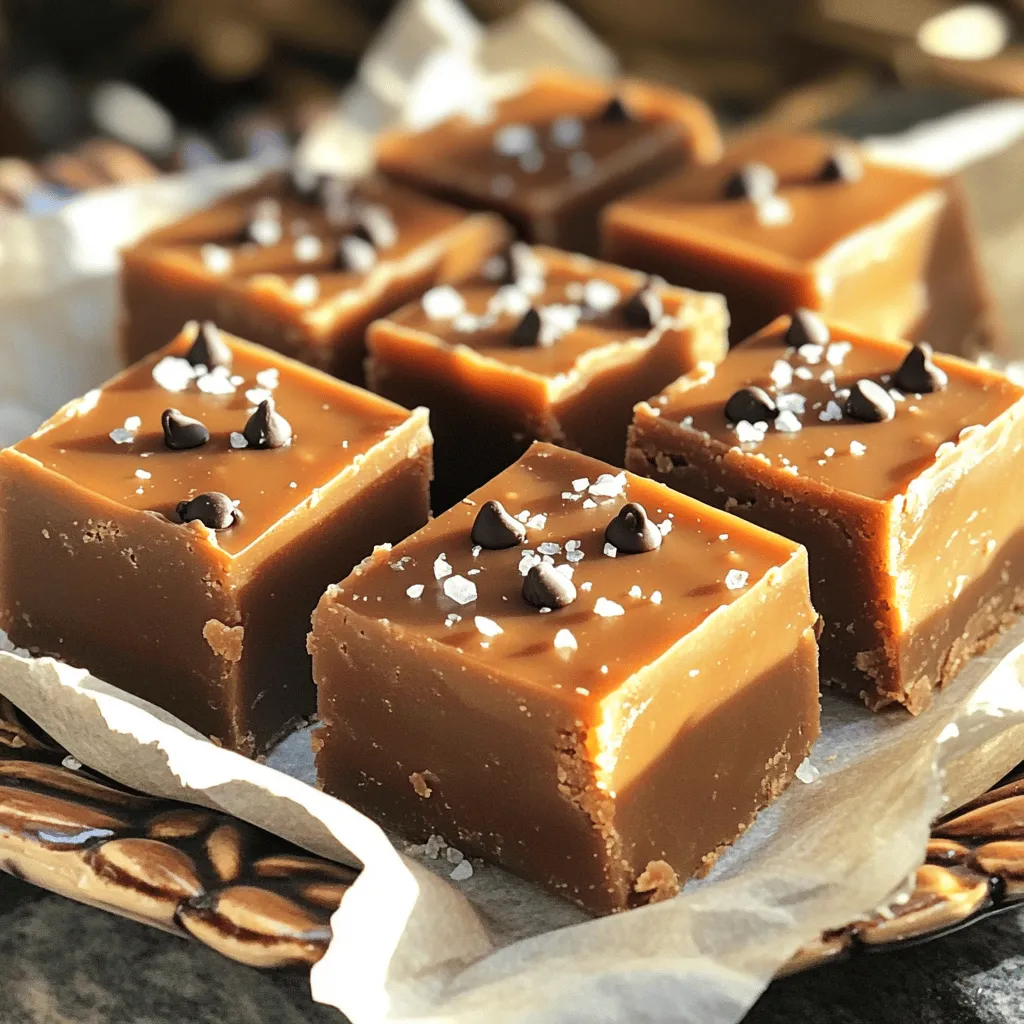 To make salted caramel fudge, you'll need a few simple items. Here’s the list of ingredients: - 1 cup unsalted butter (2 sticks) - 2 cups brown sugar, packed - 1 cup sweetened condensed milk - 1 cup granulated sugar - 1/4 cup corn syrup - 1 teaspoon vanilla extract - 1 teaspoon sea salt - 1 cup semi-sweet chocolate chips (optional for topping) Each ingredient plays an important role in creating that rich, creamy fudge. The unsalted butter gives a smooth texture. Brown sugar adds depth and sweetness. Sweetened condensed milk helps bind everything together, making the fudge creamy. Granulated sugar gives the fudge its structure, while corn syrup helps prevent crystallization, ensuring a smooth finish. The vanilla extract brings warmth and flavor, while sea salt adds that signature salted touch. If you choose to use chocolate chips, they melt into the fudge, creating pockets of chocolate goodness. For the full recipe, you can find all the steps laid out clearly to guide you through this delicious process. - Step 1: Prepare the pan with parchment paper. Line an 8x8 inch baking pan and grease it lightly. This helps the fudge come out easily later. - Step 2: Melt the butter in a saucepan. Heat it over medium heat until it is fully melted. This will form the base of your fudge. - Step 3: Mix the sugars and syrup with the melted butter. Once the butter is melted, add brown sugar, granulated sugar, corn syrup, and sweetened condensed milk. Stir until all sugars dissolve. - Step 4: Boil until soft-ball stage. Bring the mixture to a gentle boil while stirring. Use a candy thermometer if you have one. The mixture should reach about 236°F (113°C). This stage is key for the right texture. - Step 5: Add vanilla extract and sea salt. Remove the saucepan from heat, and mix in the vanilla and sea salt until well blended. This adds depth to the flavor. - Step 6: Mix in chocolate chips if desired. For extra richness, stir in semi-sweet chocolate chips. They melt slightly, giving a lovely finish. - Step 7: Pour and smooth the mixture in the pan. Carefully transfer the warm fudge into the prepared pan. Use a spatula to spread it evenly. - Step 8: Chill to set. Let the fudge cool at room temperature for about 30 minutes. Then, place it in the fridge for at least 2 hours. This helps it firm up nicely. - Step 9: Cut into pieces. Once set, lift the fudge out using the parchment. Cut it into small squares or rectangles. You can sprinkle a pinch of sea salt on top for added flavor. Making salted caramel fudge combines fun and flavor. Follow these steps closely for a rich and creamy delight. For the complete recipe, check the full recipe section. - Use a candy thermometer for accurate boiling. This tool helps you know when the mix reaches the right heat. It helps make sure your fudge gets that soft texture. - Stir continuously to avoid burning. Keep your spoon moving while the fudge cooks. This action helps prevent any sugar from sticking to the bottom. If sugar burns, it can ruin the whole batch. - Allow cooling time to avoid sticky fudge. After cooking, let the fudge cool down. If you cut it too soon, it will be too sticky. Patience is key for the best results! - Arrange on a decorative platter. Use a nice plate to show off your fudge. It makes it look special and ready to share. You can even mix in some fruits or nuts for color. - Gift ideas for fudge presentation. Wrap pieces in pretty paper or put them in small boxes. This makes a lovely gift for friends or family. You can also stack fudge with parchment paper. It looks nice and keeps it fresh! {{image_2}} You can easily change the taste of salted caramel fudge. One fun way is to add nuts. Pecans or walnuts give a nice crunch. They also add a rich flavor that pairs well with caramel. Simply chop the nuts and fold them into the fudge mixture before pouring it into the pan. Another option is to swap chocolate chips for butterscotch or white chocolate. Butterscotch brings a sweet, buttery note. White chocolate adds a creamy texture. You can mix these flavors into the fudge to create a fun twist. If you want a sugar-free option, you can use alternative sweeteners. Options like erythritol or stevia can replace regular sugar. This way, you can enjoy fudge without the extra sugar. Just keep in mind that the texture may change slightly. For those following a vegan diet, you can make easy substitutions. Use coconut oil instead of butter. Swap sweetened condensed milk with coconut cream. These changes keep the fudge creamy and delicious while being plant-based. For the full recipe, check the earlier section. To keep your salted caramel fudge fresh, follow these simple steps: - Cool Completely: Let fudge cool at room temperature. - Cut and Wrap: Once set, cut it into squares. Wrap each piece in plastic wrap. - Use Airtight Containers: Place the wrapped fudge in an airtight container. This helps keep moisture out. Store the fudge in a cool, dry place. It can last up to two weeks on the counter. If you live in a warm area, the fridge is a better choice. Just remember to bring it to room temperature before serving for the best texture. Freezing fudge is easy and keeps it fresh longer. Here’s how: 1. Wrap Well: Cut the fudge into squares. Wrap each piece tightly in plastic wrap. 2. Use Freezer Bags: Place the wrapped pieces in a freezer bag. Remove as much air as possible. 3. Label and Freeze: Mark the bag with the date. Store it in the freezer for up to three months. To thaw, take the fudge out of the freezer. Let it sit at room temperature for about an hour. Enjoy the rich and creamy delight at your own pace! What is the best way to cut fudge? To cut fudge, use a sharp knife. First, chill the fudge until firm. Then, remove it from the pan using the overhanging parchment. Slice it into small squares. Clean the knife after each cut for neat edges. Can I make fudge without a candy thermometer? Yes, you can. To check the fudge's readiness, use the cold water test. Drop a small amount into cold water. If it forms a soft ball, it's ready. This method is simple and effective. How long does homemade fudge last? Homemade fudge can last about two weeks at room temperature. Store it in an airtight container to keep it fresh. For longer storage, refrigerate it for up to a month. Is it possible to make salted caramel fudge in the microwave? Yes, you can make it in the microwave. Melt the butter and sugars in a bowl. Stir frequently and heat in short bursts. Then, follow the same mixing and chilling steps as with the stovetop method. Where can I find salted caramel fudge locally? You can find salted caramel fudge at local candy shops or bakeries. Many grocery stores also carry it. If you're feeling adventurous, you can try making it at home using the Full Recipe. For the detailed preparation of Salted Caramel Fudge, visit the section with the full recipe. Salted caramel fudge is a rich and creamy treat that I love. It combines sweet, buttery flavors with a hint of salt. Making it at home is easy, and the taste is amazing. The first step is to gather your ingredients. You will need: - 1 cup unsalted butter (2 sticks) - 2 cups brown sugar, packed - 1 cup sweetened condensed milk - 1 cup granulated sugar - 1/4 cup corn syrup - 1 teaspoon vanilla extract - 1 teaspoon sea salt - 1 cup semi-sweet chocolate chips (optional for topping) I always start by preparing my pan. Line an 8x8 inch baking pan with parchment paper. This makes it easy to lift out the fudge later. Greasing it helps prevent sticking. Next, I melt the butter in a large saucepan over medium heat. Once the butter is melted, I add the brown sugar, granulated sugar, corn syrup, and condensed milk. I stir continuously until the sugars dissolve completely. After blending, I bring the mixture to a gentle boil. I keep stirring and let it boil for about 5-7 minutes. It should reach a soft-ball stage at around 236°F. A candy thermometer is very helpful here. When the mixture is ready, I remove it from heat. I stir in the vanilla extract and sea salt. If I want a richer taste, I mix in the chocolate chips at this stage. Then, I carefully pour the fudge into the prepared pan. I smooth the top with a spatula to make it nice. I let it cool at room temperature for 30 minutes. After that, I transfer it to the fridge for at least 2 hours to firm up. Once set, I lift the fudge out using the overhanging parchment. I cut it into small squares or rectangles. I often sprinkle a pinch of sea salt on top for extra flavor. This salted caramel fudge is perfect for sharing or gifting. It looks great on a platter or in decorative boxes. Enjoy this tasty treat any time! This blog post covered how to make tasty salted caramel fudge. We explored the simple ingredients and step-by-step instructions. You learned helpful tips for perfecting your fudge and creative variations to try. Proper storage and freezing methods keep your fudge fresh. Remember, making fudge can be easy and fun. Try these tips to impress your friends and family with your treats. Take time to enjoy the process and the sweet results!
