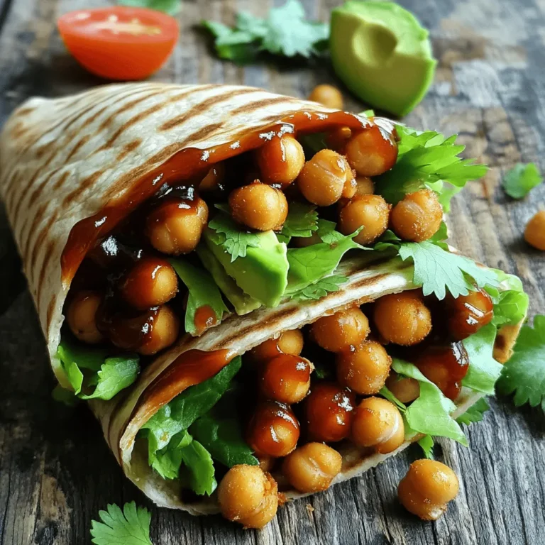 To make Crispy BBQ Chickpea Wraps, you need a few simple ingredients. Here’s what you’ll need: - 1 can (15 oz) chickpeas, drained and rinsed - 2 tablespoons olive oil - 1 teaspoon smoked paprika - 1 teaspoon garlic powder - 1/2 teaspoon cayenne pepper (optional for heat) - 1/2 teaspoon salt - 1/4 teaspoon black pepper - 1/2 cup BBQ sauce (your favorite brand) - 4 large whole wheat or spinach wraps - 1 cup shredded lettuce - 1 cup diced tomatoes - 1/2 cup sliced red onion - 1 avocado, sliced - 1/4 cup fresh cilantro, chopped (for garnish) Each ingredient plays a role in the wrap's flavor and texture. The chickpeas provide protein and a nice bite. Olive oil helps the spices stick and adds richness. Spices like smoked paprika and garlic powder bring warmth and depth. When it comes to BBQ sauce, choose one you love. It can be sweet, tangy, or spicy. The wraps are flexible, too. You can use whole wheat or spinach wraps based on your preference. Fresh veggies like lettuce, tomatoes, and red onions add crunch. Finally, the avocado brings creaminess, while cilantro gives a fresh finish. For the full recipe, check out the detailed cooking steps to create this delightful meal. First, preheat your oven to 400°F (200°C). This step is key for the crispy texture. While the oven heats, line a baking sheet with parchment paper. This keeps the chickpeas from sticking. In a mixing bowl, combine the chickpeas, olive oil, smoked paprika, garlic powder, cayenne pepper, salt, and black pepper. Toss well. You want every chickpea covered in the mix. Spread them out in a single layer on the baking sheet. Bake for 25-30 minutes. Stir halfway through to ensure even cooking. When done, the chickpeas will be crispy and golden brown. After baking, remove them from the oven. Toss them with BBQ sauce until coated. Bake for another 5-10 minutes. This helps the sauce stick and gives it a nice glaze. While the chickpeas bake, warm the wraps in a dry skillet over medium heat for about 30 seconds on each side. This makes them easier to roll. Now, for the fun part! Take a wrap and place crispy BBQ chickpeas in the center. Top with shredded lettuce, diced tomatoes, red onion slices, and avocado slices. Sprinkle fresh cilantro on top. Fold in the sides of the wrap, then roll it up tightly from the bottom. Cut the wrap in half diagonally. Serve with extra BBQ sauce on the side. Enjoy your delicious meal! For the full recipe, check the details above. To get your chickpeas nice and crispy, start with dry chickpeas. After you drain and rinse them, pat them dry with a towel. This step removes excess moisture, which can make them soggy. When you mix the chickpeas with olive oil and spices, ensure they are evenly coated. Spread them in a single layer on the baking sheet. If they touch, they won't crisp up as well. Bake them until golden brown, and remember to stir halfway through for even cooking. If you don’t have an oven, you can use an air fryer. Set it to 400°F (200°C) and cook for 15-20 minutes. Shake the basket halfway through to ensure even crispiness. You can also try pan-frying them. Heat a non-stick skillet over medium heat, add olive oil, and cook the chickpeas until they’re crispy. Stir often to avoid burning. Each method gives a different texture, so feel free to experiment! These wraps are great on their own, but you can add more fun! Try adding cheese or hot sauce for extra flavor. Serve with a side of fresh salsa or guacamole. You can also pair them with a simple salad for a full meal. If you want to make it a snack, cut the wraps into smaller pieces. Enjoy them with extra BBQ sauce for dipping. For the full recipe, check out the link above! {{image_2}} These wraps are already vegan-friendly because they use chickpeas and veggies. You can switch the BBQ sauce for a homemade vegan version. Just mix tomato paste, maple syrup, and your favorite spices. This gives you control over the flavors and sweetness. To keep this meal gluten-free, choose gluten-free wraps. Many brands offer tasty options made from rice or corn. You can also serve the chickpeas over a fresh salad for a grain-free meal. This way, you can enjoy the same great taste without gluten. You can add more flavors to your wraps. Try using smoked chipotle in the BBQ sauce for a spicy kick. You might also substitute the chickpeas with lentils or black beans. This changes the texture while keeping it tasty. Fresh herbs like dill or basil can brighten the wraps. You can also add roasted bell peppers or jalapeños for extra crunch. Explore these ideas to make your wraps unique. For the complete recipe, check out the Full Recipe. After enjoying your Crispy BBQ Chickpea Wraps, store any leftovers in the fridge. Use an airtight container. This helps keep the wraps fresh. They will stay good for about 2 to 3 days. If you leave them out, they may get soggy. You want to keep that crispiness! Reheat your wraps for the best taste. Use a skillet over medium heat. This warms the wraps evenly. Flip them once to avoid burning. Heat for about 3 to 5 minutes. You can also use an oven. Set it to 350°F (175°C) and warm them for about 10 minutes. Just make sure to cover them with foil to prevent dryness. If you want to save some wraps for later, freezing is a good option. Wrap each one tightly in plastic wrap. Then place them in a freezer bag. They can last up to 2 months in the freezer. When you’re ready to eat, thaw them overnight in the fridge. Reheat as mentioned earlier. Your Crispy BBQ Chickpea Wraps will taste almost fresh! For the full recipe, check out the earlier sections. Yes, you can! You can swap chickpeas for black beans, lentils, or kidney beans. Each legume has its own taste and texture. Black beans add a creamy feel, while lentils bring a soft bite. Kidney beans give a hearty taste. Just make sure to rinse and drain them well. Adjust the cooking time as needed, since different legumes cook at different rates. To add heat, mix in cayenne pepper or crushed red pepper flakes. You can also use a spicier BBQ sauce. If you like fresh heat, slice up jalapeños or add hot sauce. Just a little can give a big kick. Taste as you go to find your perfect spice level. These wraps pair well with many sides. You can serve them with a fresh salad or some crunchy veggies. Try coleslaw for a nice crunch. Sweet potato fries also make a great match. For dips, you can offer ranch or guacamole. Each side adds its own flavor and fun to your meal. For the full recipe, check out the details above. In this post, we covered a tasty BBQ chickpea wrap. We discussed the key ingredients, like chickpeas and spices, to create a flavorful meal. You learned step-by-step instructions for baking chickpeas and assembling wraps. We shared tips for a perfect crispiness and offered helpful storage info. Lastly, we explored vegan options and ways to enhance flavors. Experiment with your favorite wraps and enjoy a delicious, healthy meal!