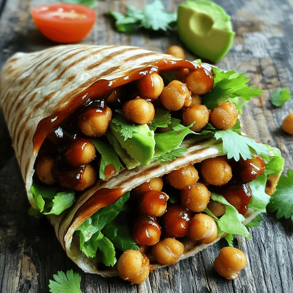 To make Crispy BBQ Chickpea Wraps, you need a few simple ingredients. Here’s what you’ll need: - 1 can (15 oz) chickpeas, drained and rinsed - 2 tablespoons olive oil - 1 teaspoon smoked paprika - 1 teaspoon garlic powder - 1/2 teaspoon cayenne pepper (optional for heat) - 1/2 teaspoon salt - 1/4 teaspoon black pepper - 1/2 cup BBQ sauce (your favorite brand) - 4 large whole wheat or spinach wraps - 1 cup shredded lettuce - 1 cup diced tomatoes - 1/2 cup sliced red onion - 1 avocado, sliced - 1/4 cup fresh cilantro, chopped (for garnish) Each ingredient plays a role in the wrap's flavor and texture. The chickpeas provide protein and a nice bite. Olive oil helps the spices stick and adds richness. Spices like smoked paprika and garlic powder bring warmth and depth. When it comes to BBQ sauce, choose one you love. It can be sweet, tangy, or spicy. The wraps are flexible, too. You can use whole wheat or spinach wraps based on your preference. Fresh veggies like lettuce, tomatoes, and red onions add crunch. Finally, the avocado brings creaminess, while cilantro gives a fresh finish. For the full recipe, check out the detailed cooking steps to create this delightful meal. First, preheat your oven to 400°F (200°C). This step is key for the crispy texture. While the oven heats, line a baking sheet with parchment paper. This keeps the chickpeas from sticking. In a mixing bowl, combine the chickpeas, olive oil, smoked paprika, garlic powder, cayenne pepper, salt, and black pepper. Toss well. You want every chickpea covered in the mix. Spread them out in a single layer on the baking sheet. Bake for 25-30 minutes. Stir halfway through to ensure even cooking. When done, the chickpeas will be crispy and golden brown. After baking, remove them from the oven. Toss them with BBQ sauce until coated. Bake for another 5-10 minutes. This helps the sauce stick and gives it a nice glaze. While the chickpeas bake, warm the wraps in a dry skillet over medium heat for about 30 seconds on each side. This makes them easier to roll. Now, for the fun part! Take a wrap and place crispy BBQ chickpeas in the center. Top with shredded lettuce, diced tomatoes, red onion slices, and avocado slices. Sprinkle fresh cilantro on top. Fold in the sides of the wrap, then roll it up tightly from the bottom. Cut the wrap in half diagonally. Serve with extra BBQ sauce on the side. Enjoy your delicious meal! For the full recipe, check the details above. To get your chickpeas nice and crispy, start with dry chickpeas. After you drain and rinse them, pat them dry with a towel. This step removes excess moisture, which can make them soggy. When you mix the chickpeas with olive oil and spices, ensure they are evenly coated. Spread them in a single layer on the baking sheet. If they touch, they won't crisp up as well. Bake them until golden brown, and remember to stir halfway through for even cooking. If you don’t have an oven, you can use an air fryer. Set it to 400°F (200°C) and cook for 15-20 minutes. Shake the basket halfway through to ensure even crispiness. You can also try pan-frying them. Heat a non-stick skillet over medium heat, add olive oil, and cook the chickpeas until they’re crispy. Stir often to avoid burning. Each method gives a different texture, so feel free to experiment! These wraps are great on their own, but you can add more fun! Try adding cheese or hot sauce for extra flavor. Serve with a side of fresh salsa or guacamole. You can also pair them with a simple salad for a full meal. If you want to make it a snack, cut the wraps into smaller pieces. Enjoy them with extra BBQ sauce for dipping. For the full recipe, check out the link above! {{image_2}} These wraps are already vegan-friendly because they use chickpeas and veggies. You can switch the BBQ sauce for a homemade vegan version. Just mix tomato paste, maple syrup, and your favorite spices. This gives you control over the flavors and sweetness. To keep this meal gluten-free, choose gluten-free wraps. Many brands offer tasty options made from rice or corn. You can also serve the chickpeas over a fresh salad for a grain-free meal. This way, you can enjoy the same great taste without gluten. You can add more flavors to your wraps. Try using smoked chipotle in the BBQ sauce for a spicy kick. You might also substitute the chickpeas with lentils or black beans. This changes the texture while keeping it tasty. Fresh herbs like dill or basil can brighten the wraps. You can also add roasted bell peppers or jalapeños for extra crunch. Explore these ideas to make your wraps unique. For the complete recipe, check out the Full Recipe. After enjoying your Crispy BBQ Chickpea Wraps, store any leftovers in the fridge. Use an airtight container. This helps keep the wraps fresh. They will stay good for about 2 to 3 days. If you leave them out, they may get soggy. You want to keep that crispiness! Reheat your wraps for the best taste. Use a skillet over medium heat. This warms the wraps evenly. Flip them once to avoid burning. Heat for about 3 to 5 minutes. You can also use an oven. Set it to 350°F (175°C) and warm them for about 10 minutes. Just make sure to cover them with foil to prevent dryness. If you want to save some wraps for later, freezing is a good option. Wrap each one tightly in plastic wrap. Then place them in a freezer bag. They can last up to 2 months in the freezer. When you’re ready to eat, thaw them overnight in the fridge. Reheat as mentioned earlier. Your Crispy BBQ Chickpea Wraps will taste almost fresh! For the full recipe, check out the earlier sections. Yes, you can! You can swap chickpeas for black beans, lentils, or kidney beans. Each legume has its own taste and texture. Black beans add a creamy feel, while lentils bring a soft bite. Kidney beans give a hearty taste. Just make sure to rinse and drain them well. Adjust the cooking time as needed, since different legumes cook at different rates. To add heat, mix in cayenne pepper or crushed red pepper flakes. You can also use a spicier BBQ sauce. If you like fresh heat, slice up jalapeños or add hot sauce. Just a little can give a big kick. Taste as you go to find your perfect spice level. These wraps pair well with many sides. You can serve them with a fresh salad or some crunchy veggies. Try coleslaw for a nice crunch. Sweet potato fries also make a great match. For dips, you can offer ranch or guacamole. Each side adds its own flavor and fun to your meal. For the full recipe, check out the details above. In this post, we covered a tasty BBQ chickpea wrap. We discussed the key ingredients, like chickpeas and spices, to create a flavorful meal. You learned step-by-step instructions for baking chickpeas and assembling wraps. We shared tips for a perfect crispiness and offered helpful storage info. Lastly, we explored vegan options and ways to enhance flavors. Experiment with your favorite wraps and enjoy a delicious, healthy meal!