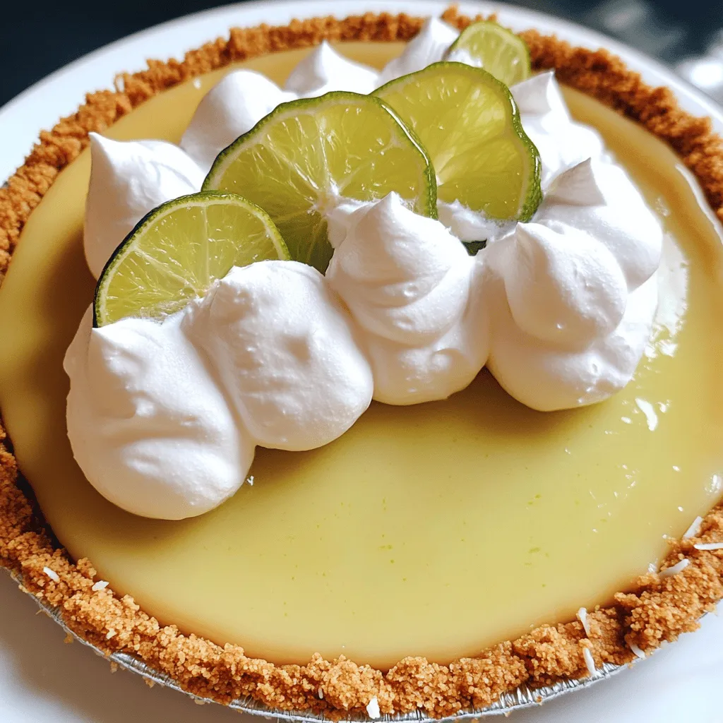- Graham Cracker Crust components - 1 ½ cups graham cracker crumbs - ½ cup unsweetened shredded coconut - ½ cup granulated sugar - ½ cup unsalted butter, melted The crust gives the pie its crunchy base. I love using graham cracker crumbs for that sweet touch. Adding coconut brings extra flavor. The melted butter helps to bind it all together. - Key Lime Pie filling ingredients - 4 large egg yolks - 1 can (14 ounces) sweetened condensed milk - ½ cup fresh key lime juice (about 10–12 key limes) - Zest of 2 key limes - 1 teaspoon vanilla extract - Pinch of salt The filling is where the magic happens. Egg yolks give it richness. Sweetened condensed milk adds creaminess. The key lime juice gives the pie its tart kick. Don’t skip the zest; it adds a burst of flavor. - Recommended toppings and garnishes - Whipped cream, for topping - Lime slices, for garnish I love to top the pie with fluffy whipped cream. It contrasts nicely with the tart filling. Add lime slices for a fresh look. These little touches make the pie pop! For the full recipe, check out the detailed steps to create this zesty treat. To start, gather your crust ingredients. You will need graham cracker crumbs, shredded coconut, sugar, and melted butter. 1. Mix the graham cracker crumbs, shredded coconut, and sugar in a bowl. 2. Pour in the melted butter. Stir until the crumbs are well coated. 3. Firmly press this mixture into a 9-inch pie pan. Cover the bottom and sides well. Now, it's time to bake. Preheat your oven to 350°F (175°C). - Bake the crust for 8-10 minutes. - Look for a golden brown color. - Once done, take it out and let it cool completely. Next, you will make the filling. In a new bowl, whisk together four large egg yolks and one can of sweetened condensed milk. - Keep whisking until the mixture is smooth. - Then add half a cup of fresh key lime juice, lime zest, vanilla extract, and a pinch of salt. - Stir everything well until combined. This step is vital for a creamy filling. If you see lumps, whisk more until smooth. Now, pour the filling into your cooled crust. Spread it evenly across the surface. - Bake the pie in the oven at 350°F (175°C) for 15-18 minutes. - The filling should still be slightly jiggly in the center. You’ll know it's done when the edges look set. After baking, let the pie cool to room temperature for about an hour. - Refrigerate it for at least two hours before serving. This cooling time helps the pie set properly. Enjoy your Classic Key Lime Pie deliciousness in every bite! For the full recipe, check out the details above. To make a great key lime pie, avoid common mistakes. First, use fresh key limes for the best flavor. The juice from fresh limes is much better than bottled juice. Second, don’t overbake the pie. It should still jiggle in the center when you take it out of the oven. Temperature plays a big role in making this pie. Always preheat your oven to the right temperature. This helps the crust and filling bake evenly. Let the pie cool at room temperature before chilling it in the fridge. This helps set the filling perfectly. To prevent curdling in your filling, mix the egg yolks and sweetened condensed milk well. Whisk them until smooth before adding other ingredients. Adding the lime juice slowly can also help keep the mixture creamy. Chilling your pie is key. After baking, let it cool for about an hour. Then, refrigerate it for at least two hours. This helps the filling firm up and gives it that creamy texture you want. For a complete guide, check the Full Recipe. {{image_2}} To make a coconut key lime pie, you can add shredded coconut to the mix. Use these ingredients: - 1 ½ cups graham cracker crumbs - ½ cup unsweetened shredded coconut - ½ cup granulated sugar - ½ cup unsalted butter, melted - 4 large egg yolks - 1 can (14 ounces) sweetened condensed milk - ½ cup fresh key lime juice - Zest of 2 key limes - 1 teaspoon vanilla extract - Pinch of salt - Whipped cream, for topping - Lime slices, for garnish The coconut gives it a tropical twist. Just mix the coconut into the crust or the filling. Bake as per the full recipe. For a no-bake key lime pie, skip the oven! Use a simple mixture: - 1 ½ cups graham cracker crumbs - ½ cup unsweetened shredded coconut - ½ cup granulated sugar - ½ cup unsalted butter, melted - 4 large egg yolks - 1 can (14 ounces) sweetened condensed milk - ½ cup fresh key lime juice - Zest of 2 key limes - 1 teaspoon vanilla extract - Pinch of salt - Whipped cream, for topping - Lime slices, for garnish Combine the crust ingredients and press into a pie pan. Mix the filling well. Pour it over the crust and chill for at least 4 hours. This method is quick and easy! You can make a vegan key lime pie by using plant-based ingredients. Here’s what you need: - 1 ½ cups graham cracker crumbs - ½ cup unsweetened shredded coconut - ½ cup coconut oil, melted - 1 can (14 ounces) coconut milk - ½ cup fresh key lime juice - Zest of 2 key limes - 1 teaspoon vanilla extract - Pinch of salt - Coconut whipped cream, for topping - Lime slices, for garnish Replace sweetened condensed milk with coconut milk. This keeps it creamy and delicious. Mix and bake as needed or chill for a no-bake version. Enjoy your tasty vegan treat! To keep your leftover pie fresh, store it in the fridge. Cover it with plastic wrap or foil. This helps keep the pie from drying out. The pie tastes best if you eat it within three days. After that, the filling may lose some of its zing. To maintain the pie's taste, keep it away from strong odors. Key lime pie can soak up smells from other foods in the fridge. If you want to serve the pie later, cut it into slices. This makes it easy to grab a piece when you want it. You can freeze key lime pie if you want to save some for later. First, let the pie cool completely in the fridge. Then, wrap it tightly in plastic wrap. Use aluminum foil for extra protection. This helps avoid freezer burn. When you want to eat it again, thaw the pie in the fridge overnight. Do not rush the thawing with heat. This can change the texture. Once it’s thawed, top it with fresh whipped cream and enjoy! Key limes are smaller and have a stronger flavor than regular limes. They are often more tart and fragrant, which gives key lime pie its unique taste. Regular limes, like Persian limes, are bigger and less intense. You can use key limes for drinks, marinades, and desserts due to their bold flavor. Regular limes also work well in recipes but will change the taste slightly. You can use bottled key lime juice, but fresh juice is better. Bottled juice may lack the bright taste of fresh key limes. It can be more convenient and save time, but check the label for added sugars. Fresh juice gives your pie a vibrant flavor that stands out. If time is tight, bottled juice is a good option, but fresh is best for taste. Key lime pie lasts about 3 to 5 days in the fridge. To store it, cover the pie with plastic wrap or foil. This keeps it fresh and prevents it from absorbing other smells. If you want to keep it longer, consider freezing it. Just remember to wrap it well before freezing. When you're ready, thaw it in the fridge for a few hours before serving. You learned about making a classic Key Lime Pie, from ingredients to storage. I shared tips to help you avoid mistakes and variations to explore. Remember, a perfect pie needs care, from the crust to the filling. Don’t shy away from trying new recipes, like coconut or vegan options. Your pie will turn out great with the right steps. Enjoy it fresh, and share it with friends or family. Happy baking, and may your Key Lime Pie be a hit!