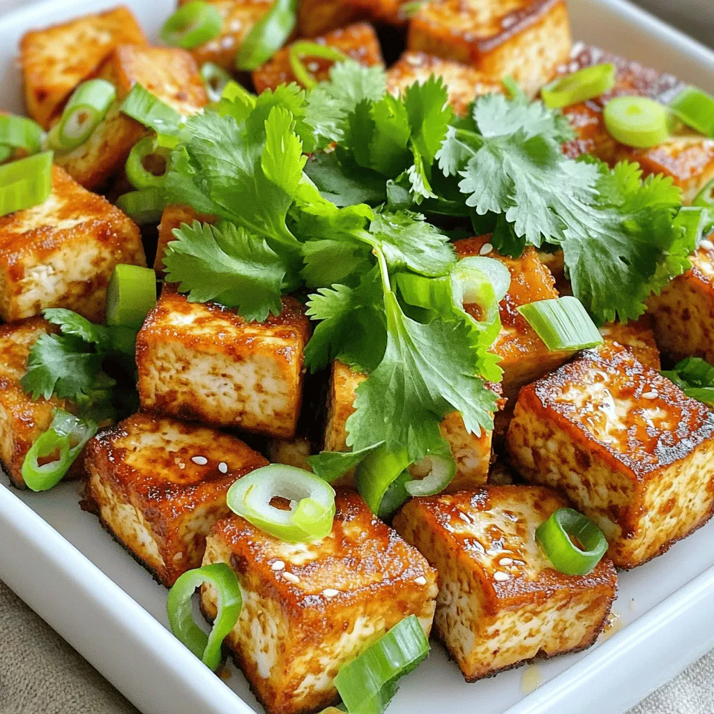 - 1 block firm tofu, pressed and cubed - 3 tablespoons cornstarch - 2 tablespoons soy sauce - 1 tablespoon sesame oil - 1 teaspoon garlic powder - 1 teaspoon onion powder - 1 teaspoon smoked paprika - ½ teaspoon ground black pepper - Fresh cilantro - Sliced green onions To make crispy air fryer tofu, start with firm tofu. Choose a block that is dense and has low moisture. Press the tofu to remove water. This helps create a nice crispy texture. Cut the pressed tofu into 1-inch cubes. Next, we need a mix of flavors. The soy sauce adds saltiness. Sesame oil gives a rich taste. Garlic powder and onion powder add depth. Smoked paprika brings a nice, smoky flavor. Ground black pepper gives a little heat. After mixing the marinade, toss the tofu cubes in it. Let them soak for about 15 minutes. This helps the tofu absorb all those great flavors. For that perfect crunch, we coat the tofu cubes in cornstarch. This step is key to achieving the crispy texture we want. You can also add garnishes. Fresh cilantro and sliced green onions make a lovely touch. They add color and freshness. If you want to try this recipe, check out the Full Recipe. It guides you through every step to make this dish a success. Preparing crispy air fryer tofu is simple and fun. Follow these steps for great results. Pressing the tofu to remove moisture First, you need to press the tofu. This step helps remove extra moisture. Wrap the tofu in a clean kitchen towel. Place a heavy object on top for about 15 to 20 minutes. This ensures the tofu gets nice and firm. Cubing the tofu After pressing, it’s time to cube the tofu. Cut the block into 1-inch cubes. This size helps the tofu cook evenly in the air fryer. Mixing marinade ingredients Now, let’s make a tasty marinade. In a mixing bowl, combine these ingredients: - 2 tablespoons soy sauce - 1 tablespoon sesame oil - 1 teaspoon garlic powder - 1 teaspoon onion powder - 1 teaspoon smoked paprika - ½ teaspoon ground black pepper Mix well to create a flavorful marinade. Tossing tofu cubes in marinade Add the cubed tofu to the marinade. Gently toss the tofu until it is well coated. Let it marinate for about 15 minutes. This step adds a lot of flavor. Coating with cornstarch After marinating, sprinkle 3 tablespoons of cornstarch over the tofu. Toss the cubes again until they are evenly coated. This helps create a crispy texture when cooking. Preheating the air fryer and cooking the tofu Preheat your air fryer to 375°F (190°C). Once heated, place the coated tofu cubes in the air fryer basket in a single layer. Avoid overcrowding. You may need to cook in batches. Air fry the tofu for 15 to 20 minutes. Shake the basket halfway through for even cooking. The tofu should be golden brown and crispy when done. Once cooked, remove the tofu and let it cool slightly. Enjoy your crispy air fryer tofu! For the full recipe, refer to the top of the article. To get that perfect crunch, pressing the tofu is key. This step removes extra moisture. I wrap my tofu in a clean towel and set a heavy pot on top for 15 to 20 minutes. After pressing, cut the tofu into cubes. Marinating is also important. It adds flavor and helps the tofu hold the coating. For the cornstarch, sprinkle it over the marinated tofu cubes. Toss them gently to coat evenly. This coating is what gives your tofu that golden, crispy outside when it cooks. Set your air fryer to 375°F (190°C) for cooking. This temperature works best for crispiness. Air fry the tofu for about 15 to 20 minutes. Remember to shake the basket halfway through for even cooking. If you have a lot of tofu, work in batches. Avoid overcrowding. This helps each piece get crispy. You can pair crispy tofu with many sauces. Try soy sauce, sweet chili sauce, or teriyaki. It also tastes great with a sprinkle of sesame seeds. For sides, serve it with steamed rice, quinoa, or a fresh salad. These sides make for a complete meal. Enjoy your crispy air fryer tofu! For the detailed cooking process, check the Full Recipe. {{image_2}} You can boost the flavor of your tofu in many ways. Try different spices in the marinade. For a kick, add some hot sauce. A splash of citrus, like lime or lemon juice, brings brightness. These small changes can make your crispy air fryer tofu exciting each time. If you want to switch it up, consider other proteins. Tempeh works well and has a nutty flavor. For a veggie option, use cauliflower or chickpeas. Both air fry nicely and soak up flavors. You can keep it vegan or mix in options like chicken or shrimp for non-vegans. Crispy air fryer tofu fits into many meals. Toss it in a stir-fry with colorful veggies for a quick dinner. You can also add it to salads for added crunch and protein. Serve it as an appetizer with a tasty dip, or make it a star in your main course. For the full recipe, check out the details above. To keep your crispy tofu fresh, use airtight containers. Glass or plastic containers work well. Make sure the tofu is completely cool before sealing the container. Store it in the fridge for up to three days. After that, it may lose its crunch and flavor. To reheat your crispy tofu, the air fryer is your best friend. Set it to 375°F (190°C) and heat for about 5-7 minutes. This method will help restore its crispiness. Avoid using the microwave, as it can make the tofu soggy. If you must use the microwave, heat it in short bursts and enjoy it quickly. Yes, you can freeze air-fried tofu! To do this, let it cool completely. Place the tofu in a single layer on a baking sheet and freeze until solid. Once frozen, transfer it to a freezer bag or container. This helps prevent clumping. When ready to use, thaw it in the fridge overnight before reheating. For best results, use it within three months. Remember to check [Full Recipe] for all the details on making this delicious dish! To make crispy tofu, follow these steps: 1. Press the tofu for 15-20 minutes to remove moisture. 2. Cut the tofu into 1-inch cubes. 3. Mix soy sauce, sesame oil, garlic powder, onion powder, smoked paprika, and black pepper in a bowl. 4. Toss the tofu cubes in the marinade and let them sit for 15 minutes. 5. Coat the marinated tofu in cornstarch. 6. Preheat the air fryer to 375°F (190°C). 7. Air fry the tofu in a single layer for 15-20 minutes, shaking halfway. 8. Enjoy your crispy tofu, garnished with cilantro and green onions. This method ensures your tofu gets that perfect crunch. Common mistakes that make tofu soggy include: - Not pressing the tofu enough to remove moisture. - Skipping the cornstarch coating. - Overcrowding the air fryer basket. - Not preheating the air fryer. Fix these issues for crispier tofu every time. Yes, you can use extra-firm tofu. It has less water than firm tofu. This helps it stay crispy when cooked. However, firm tofu is also great for air frying. Both types work well, so use what you have on hand. For the best results, always press the tofu first. In this blog post, I covered how to make crispy air fryer tofu using simple ingredients and steps. I shared tips on pressing, marinating, and cooking tofu for the best crisp. You can also explore tasty variations, garnishing options, and smart storage tips. Enjoy your air-fried tofu as a tasty snack or main dish. With practice, you’ll master the art of tofu crispiness. Happy cooking!