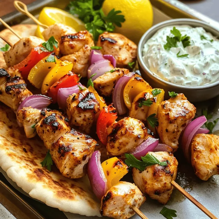 To make Greek chicken souvlaki, gather the following ingredients: - 1 lb (450g) chicken breast, cut into 1-inch cubes - 2 tablespoons olive oil - 2 tablespoons fresh lemon juice - 3 cloves garlic, minced - 1 teaspoon dried oregano - 1 teaspoon paprika - Salt and pepper to taste - 1 large red onion, cut into wedges - 1 bell pepper (any color), cut into squares - Pita bread, for serving - Fresh parsley, chopped, for garnish - Tzatziki sauce, for dipping (store-bought or homemade) These ingredients create a flavorful and juicy chicken dish. The chicken breast is the star, but the marinade adds a punch of taste. The lemon juice and olive oil keep the chicken moist and tender. You can add sides to make your meal even better. Here are some great options: - Greek salad with cucumbers, tomatoes, and feta - Roasted vegetables like zucchini and eggplant - Rice pilaf or couscous for a filling side - Extra tzatziki sauce for dipping Each side adds its own flavor and texture. You can mix and match based on what you enjoy. To make Greek chicken souvlaki, you will need a few simple tools: - A large mixing bowl for the marinade - Skewers (wooden or metal) for grilling - A grill or grill pan for cooking - Tongs to turn the skewers - A sharp knife for chopping These tools will help you prepare and cook the souvlaki easily. With the right tools, your cooking will feel smooth and fun. You can find the full recipe for Greek chicken souvlaki to guide you through each step. To start, gather your ingredients. In a large bowl, mix 2 tablespoons of olive oil, 2 tablespoons of fresh lemon juice, and 3 minced garlic cloves. Add 1 teaspoon of dried oregano, 1 teaspoon of paprika, and salt and pepper to taste. Whisk these together until well combined. This marinade gives the chicken great flavor. Next, cut 1 pound of chicken breast into 1-inch cubes. Add the chicken to the bowl, and coat each piece well. Cover the bowl with plastic wrap and refrigerate for at least 1 hour. If you have time, let it sit for up to 4 hours for more flavor. While the chicken marinates, prepare your skewers. If you use wooden skewers, soak them in water for 30 minutes. This keeps them from burning on the grill. Now, take the marinated chicken out of the fridge. It's time to thread the chicken onto the skewers. Alternate chicken pieces with red onion wedges and squares of bell pepper. This not only adds color but also enhances the taste. Heat your grill or grill pan to medium-high heat. Once hot, place the skewers on the grill. Cook for about 10 to 12 minutes. Turn them occasionally to ensure even cooking. When the chicken is cooked through and has a nice char, remove the skewers from the grill. Let them rest for a few minutes. Serve the chicken souvlaki on pita bread. Top with fresh parsley and a side of tzatziki sauce for dipping. Enjoy this easy recipe any time! For full details, check the Full Recipe. Marinating chicken is key for taste. Use fresh lemon juice and olive oil. Mix garlic, oregano, and paprika. This blend gives great flavor. Let the chicken sit in the marinade for at least one hour. If you have time, marinate for four hours. This makes the chicken juicy and tasty. To get those perfect grill marks, heat your grill well. A medium-high heat is best. Place the skewers on the grill and do not move them for a few minutes. This helps create those nice lines. After three to four minutes, turn the skewers to the other side. Repeat to get marks on all sides. Serve your chicken souvlaki on warm pita bread. Add fresh parsley on top for color. Tzatziki sauce is a must for dipping. You can also serve it with a side of Greek salad. A cold glass of lemonade pairs well too. Enjoy your meal with friends or family for a fun time. For the complete recipe, check out the Full Recipe section above. {{image_2}} If you want a meat-free meal, try using vegetables or tofu. Cubes of firm tofu soak up flavors well. Marinate them just like the chicken. You can also use mushrooms, zucchini, or eggplant. These veggies grill nicely and taste amazing. They make a great souvlaki that everyone will enjoy. While the classic marinade is great, you can switch it up. Try adding yogurt for creaminess. A splash of balsamic vinegar can add a sweet touch. You might also use spices like cumin or coriander for a twist. Experimenting with different flavors keeps it fun and exciting. Souvlaki pairs well with many sides. Serve it with a Greek salad for freshness. Roasted potatoes are also a favorite; they soak up the souvlaki juices. Rice pilaf adds a nice touch too. Don’t forget a side of tzatziki sauce for dipping. This sauce is cool and creamy, making your meal even better. For the full experience, make sure to have warm pita bread. After making Greek chicken souvlaki, let it cool down. Place any leftovers in an airtight container. Store it in the fridge for up to three days. This keeps the chicken fresh and safe to eat. When you're ready to enjoy it again, just take it out of the fridge. If you want to save your Greek chicken souvlaki for later, freezing works great! First, let it cool completely. Then, wrap the skewers in plastic wrap. Place them in a freezer bag or container. Label it with the date. You can freeze it for up to three months. When you’re ready to eat, just thaw it in the fridge overnight. To reheat your Greek chicken souvlaki, you can use the oven or a microwave. If using the oven, preheat it to 350°F (175°C). Place the skewers on a baking tray and cover them with foil. Heat for about 10-15 minutes. For the microwave, put the skewers on a microwave-safe plate. Heat in short bursts, checking often to avoid overheating. Enjoy your tasty meal with fresh pita and tzatziki sauce! For the full recipe, check out the details above. Souvlaki has roots in ancient Greece. It is a beloved street food. The name comes from the Greek word "souvla," meaning skewer. This dish dates back to the 4th century BC. People enjoyed skewered meat with bread back then. Today, souvlaki is popular worldwide. It reflects Greek culture and flavors, making it a must-try. Yes! You can use various meats for souvlaki. Pork, beef, and lamb work well. Each meat adds its unique taste. You can also try shrimp or fish. Just adjust the cooking time for seafood. The key is to marinate the meat well. This helps to keep it tender and flavorful. Making tzatziki sauce is easy and fun! You will need: - 1 cup Greek yogurt - 1 cucumber, grated and drained - 2 cloves garlic, minced - 1 tablespoon olive oil - 1 tablespoon fresh lemon juice - Salt to taste - Fresh dill or mint, chopped (optional) 1. In a bowl, mix the yogurt, grated cucumber, and garlic together. 2. Stir in olive oil and lemon juice. 3. Add salt to taste. 4. If you like, mix in some fresh herbs. 5. Chill before serving for the best flavor. This creamy sauce pairs perfectly with Greek chicken souvlaki. You can find the full recipe in the article. Enjoy! To make Greek chicken souvlaki, start with fresh ingredients and a good marinade. Follow the step-by-step guide for easy prep and grilling. Don't forget the tips for perfect grill marks and tasty sides. Explore variations to suit your needs, whether vegetarian or with different marinades. Proper storage helps keep leftovers fresh, and knowing the answers to common questions can enhance your cooking. Enjoy this delicious dish with friends and family, and let each bite transport you to Greece.