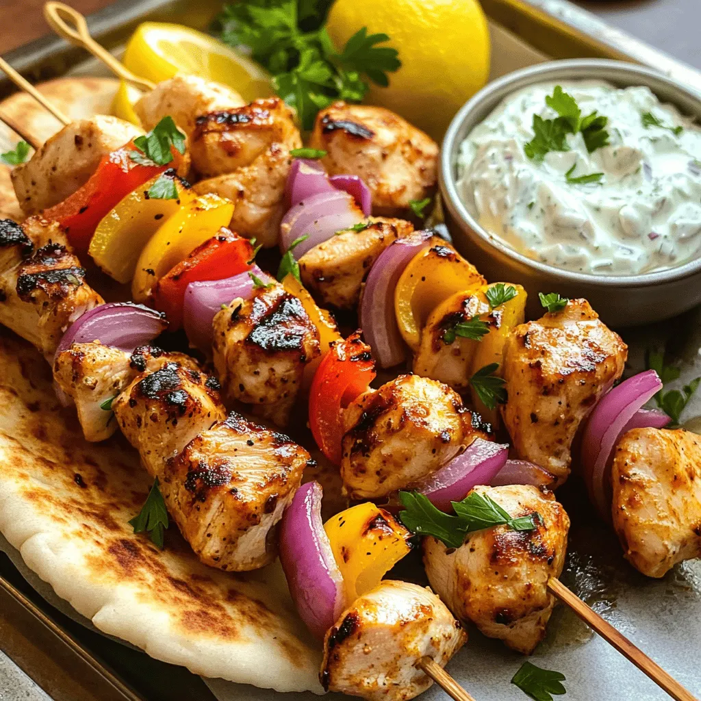 To make Greek chicken souvlaki, gather the following ingredients: - 1 lb (450g) chicken breast, cut into 1-inch cubes - 2 tablespoons olive oil - 2 tablespoons fresh lemon juice - 3 cloves garlic, minced - 1 teaspoon dried oregano - 1 teaspoon paprika - Salt and pepper to taste - 1 large red onion, cut into wedges - 1 bell pepper (any color), cut into squares - Pita bread, for serving - Fresh parsley, chopped, for garnish - Tzatziki sauce, for dipping (store-bought or homemade) These ingredients create a flavorful and juicy chicken dish. The chicken breast is the star, but the marinade adds a punch of taste. The lemon juice and olive oil keep the chicken moist and tender. You can add sides to make your meal even better. Here are some great options: - Greek salad with cucumbers, tomatoes, and feta - Roasted vegetables like zucchini and eggplant - Rice pilaf or couscous for a filling side - Extra tzatziki sauce for dipping Each side adds its own flavor and texture. You can mix and match based on what you enjoy. To make Greek chicken souvlaki, you will need a few simple tools: - A large mixing bowl for the marinade - Skewers (wooden or metal) for grilling - A grill or grill pan for cooking - Tongs to turn the skewers - A sharp knife for chopping These tools will help you prepare and cook the souvlaki easily. With the right tools, your cooking will feel smooth and fun. You can find the full recipe for Greek chicken souvlaki to guide you through each step. To start, gather your ingredients. In a large bowl, mix 2 tablespoons of olive oil, 2 tablespoons of fresh lemon juice, and 3 minced garlic cloves. Add 1 teaspoon of dried oregano, 1 teaspoon of paprika, and salt and pepper to taste. Whisk these together until well combined. This marinade gives the chicken great flavor. Next, cut 1 pound of chicken breast into 1-inch cubes. Add the chicken to the bowl, and coat each piece well. Cover the bowl with plastic wrap and refrigerate for at least 1 hour. If you have time, let it sit for up to 4 hours for more flavor. While the chicken marinates, prepare your skewers. If you use wooden skewers, soak them in water for 30 minutes. This keeps them from burning on the grill. Now, take the marinated chicken out of the fridge. It's time to thread the chicken onto the skewers. Alternate chicken pieces with red onion wedges and squares of bell pepper. This not only adds color but also enhances the taste. Heat your grill or grill pan to medium-high heat. Once hot, place the skewers on the grill. Cook for about 10 to 12 minutes. Turn them occasionally to ensure even cooking. When the chicken is cooked through and has a nice char, remove the skewers from the grill. Let them rest for a few minutes. Serve the chicken souvlaki on pita bread. Top with fresh parsley and a side of tzatziki sauce for dipping. Enjoy this easy recipe any time! For full details, check the Full Recipe. Marinating chicken is key for taste. Use fresh lemon juice and olive oil. Mix garlic, oregano, and paprika. This blend gives great flavor. Let the chicken sit in the marinade for at least one hour. If you have time, marinate for four hours. This makes the chicken juicy and tasty. To get those perfect grill marks, heat your grill well. A medium-high heat is best. Place the skewers on the grill and do not move them for a few minutes. This helps create those nice lines. After three to four minutes, turn the skewers to the other side. Repeat to get marks on all sides. Serve your chicken souvlaki on warm pita bread. Add fresh parsley on top for color. Tzatziki sauce is a must for dipping. You can also serve it with a side of Greek salad. A cold glass of lemonade pairs well too. Enjoy your meal with friends or family for a fun time. For the complete recipe, check out the Full Recipe section above. {{image_2}} If you want a meat-free meal, try using vegetables or tofu. Cubes of firm tofu soak up flavors well. Marinate them just like the chicken. You can also use mushrooms, zucchini, or eggplant. These veggies grill nicely and taste amazing. They make a great souvlaki that everyone will enjoy. While the classic marinade is great, you can switch it up. Try adding yogurt for creaminess. A splash of balsamic vinegar can add a sweet touch. You might also use spices like cumin or coriander for a twist. Experimenting with different flavors keeps it fun and exciting. Souvlaki pairs well with many sides. Serve it with a Greek salad for freshness. Roasted potatoes are also a favorite; they soak up the souvlaki juices. Rice pilaf adds a nice touch too. Don’t forget a side of tzatziki sauce for dipping. This sauce is cool and creamy, making your meal even better. For the full experience, make sure to have warm pita bread. After making Greek chicken souvlaki, let it cool down. Place any leftovers in an airtight container. Store it in the fridge for up to three days. This keeps the chicken fresh and safe to eat. When you're ready to enjoy it again, just take it out of the fridge. If you want to save your Greek chicken souvlaki for later, freezing works great! First, let it cool completely. Then, wrap the skewers in plastic wrap. Place them in a freezer bag or container. Label it with the date. You can freeze it for up to three months. When you’re ready to eat, just thaw it in the fridge overnight. To reheat your Greek chicken souvlaki, you can use the oven or a microwave. If using the oven, preheat it to 350°F (175°C). Place the skewers on a baking tray and cover them with foil. Heat for about 10-15 minutes. For the microwave, put the skewers on a microwave-safe plate. Heat in short bursts, checking often to avoid overheating. Enjoy your tasty meal with fresh pita and tzatziki sauce! For the full recipe, check out the details above. Souvlaki has roots in ancient Greece. It is a beloved street food. The name comes from the Greek word "souvla," meaning skewer. This dish dates back to the 4th century BC. People enjoyed skewered meat with bread back then. Today, souvlaki is popular worldwide. It reflects Greek culture and flavors, making it a must-try. Yes! You can use various meats for souvlaki. Pork, beef, and lamb work well. Each meat adds its unique taste. You can also try shrimp or fish. Just adjust the cooking time for seafood. The key is to marinate the meat well. This helps to keep it tender and flavorful. Making tzatziki sauce is easy and fun! You will need: - 1 cup Greek yogurt - 1 cucumber, grated and drained - 2 cloves garlic, minced - 1 tablespoon olive oil - 1 tablespoon fresh lemon juice - Salt to taste - Fresh dill or mint, chopped (optional) 1. In a bowl, mix the yogurt, grated cucumber, and garlic together. 2. Stir in olive oil and lemon juice. 3. Add salt to taste. 4. If you like, mix in some fresh herbs. 5. Chill before serving for the best flavor. This creamy sauce pairs perfectly with Greek chicken souvlaki. You can find the full recipe in the article. Enjoy! To make Greek chicken souvlaki, start with fresh ingredients and a good marinade. Follow the step-by-step guide for easy prep and grilling. Don't forget the tips for perfect grill marks and tasty sides. Explore variations to suit your needs, whether vegetarian or with different marinades. Proper storage helps keep leftovers fresh, and knowing the answers to common questions can enhance your cooking. Enjoy this delicious dish with friends and family, and let each bite transport you to Greece.