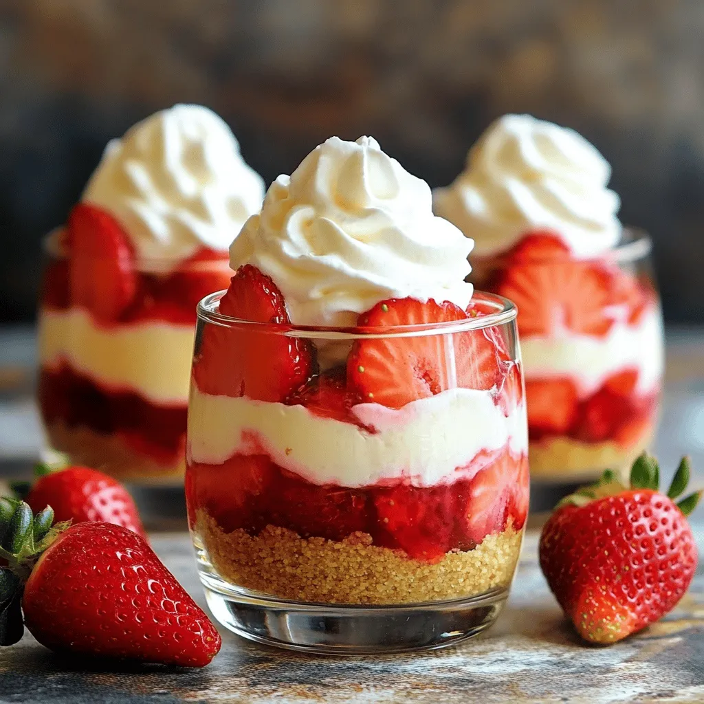 To make No-Bake Strawberry Cheesecake Cups, gather these items: - 1 cup graham cracker crumbs - 1/2 cup unsalted butter, melted - 2 tablespoons sugar - 8 oz cream cheese, softened - 1/2 cup powdered sugar - 1 teaspoon vanilla extract - 1 cup heavy cream, cold - 1 cup fresh strawberries, diced - 2 tablespoons lemon juice - Extra strawberries for topping These ingredients create a creamy and sweet treat. The graham cracker crust gives a nice crunch. If you don’t have all the ingredients, here are some swaps: - Use digestive biscuits instead of graham crackers for the crust. - Coconut oil can replace unsalted butter if you want a dairy-free option. - For a lighter dessert, try using Greek yogurt in place of cream cheese. - You can use honey or maple syrup instead of sugar for a natural sweetener. These substitutions keep the flavors while meeting different needs. Accurate measuring makes a big difference in baking. Here are some tips: - Use dry measuring cups for dry ingredients, like graham cracker crumbs. - For sticky items, like butter, pack it into the cup for a precise amount. - When measuring liquids, use a clear liquid measuring cup. Check the measurement at eye level. - For powder, like sugar, spoon it into the cup and level it off with a knife. Following these tips ensures your cheesecake cups turn out perfectly every time! For the full recipe, check out the details above. To make the crust, start with graham cracker crumbs. You need one cup of crumbs. Mix them with half a cup of melted butter and two tablespoons of sugar. Stir well until it looks like wet sand. Next, take your cups and spoon in about two tablespoons of this mixture. Press it down firmly to form a nice layer. This step is key for a solid base. Now, let’s make the cream cheese filling. In a bowl, add eight ounces of softened cream cheese. To that, mix in half a cup of powdered sugar and one teaspoon of vanilla extract. Beat this mixture until it is smooth and creamy. In another bowl, whip one cup of cold heavy cream until it forms stiff peaks. Gently fold this whipped cream into the cream cheese mix. This makes the filling light and fluffy. It’s time to layer the dessert. First, add the cream cheese filling on top of your crust in each cup. Then, take one cup of diced fresh strawberries and mix them with two tablespoons of lemon juice. This helps the strawberries shine. Spoon a layer of strawberries over the cream cheese filling. Keep layering the cream cheese and strawberries until you reach the top of the cups. Finish with a dollop of whipped cream on top. Chill your cups in the fridge for at least two hours. This will help everything set nicely. Want the full recipe? Check out the Full Recipe for all the details! To make perfect whipped cream, start with cold heavy cream. Cold cream whips up better. Use a clean bowl and beaters. This helps the cream reach stiff peaks. Whip the cream on medium speed. Avoid over-whipping, as it can turn buttery. Fold the whipped cream gently into your cheese mix. This keeps it light and airy. One common mistake is not softening the cream cheese. If it’s too cold, it won’t mix well. Always beat the cream cheese until smooth. Another issue is mixing too aggressively. This can make your cheesecake dense. Also, don’t skip chilling the cups. They need time to set for the best flavor. Lastly, avoid using old strawberries. Fresh fruit is key for taste. You can add zest from lemons or limes for a citrus kick. This brightens the flavor of the cheesecake. You could also mix in a bit of cocoa powder for a chocolate twist. Another idea is to fold in crushed cookies or nuts for extra texture. Don't forget to use the Full Recipe for the best results! {{image_2}} You can change the strawberries for other fruits. Blueberries, raspberries, or peaches work well. Just chop them into small pieces. Each fruit brings a new taste. For a tropical twist, try mango or pineapple. Mix and match your favorites. The options are endless! To make this dessert gluten-free, swap graham crackers with gluten-free crumbs. You can find these at most stores. Ensure all other ingredients are also gluten-free. This way, everyone can enjoy the treat without worry. You can modify the cheesecake filling easily. Try adding lemon or orange zest for a citrus kick. You can also mix in chocolate or peanut butter for a richer flavor. For a hint of coffee, add espresso powder. These small tweaks can transform your cheesecake cups. To keep your leftover cheesecake cups fresh, place them in the fridge. Use a tight lid or plastic wrap to cover them. They will stay good for up to three days. Make sure they do not touch any strong-smelling foods. This will help keep their sweet flavor. You can freeze the cheesecake cups if you have extras. First, chill them in the fridge for at least two hours. Then, cover each cup tightly with plastic wrap and aluminum foil. This will stop freezer burn. They can stay fresh for up to two months in the freezer. To eat, move them to the fridge overnight to thaw. When ready to serve, check the texture. If they feel too soft after thawing, pop them back in the fridge for a bit. This helps them firm up. Before serving, add fresh strawberries on top to make them look nice and tasty. Enjoy the flavors of your no-bake strawberry cheesecake cups again! No-bake cheesecakes can last in the fridge for about 3 to 5 days. Keep them in an airtight container. If you want them to last longer, store them in the back of the fridge where it's coldest. Always check for any signs of spoilage before eating. Yes, you can use low-fat cream cheese. It will change the taste and texture a bit. The cheesecake may not be as rich and creamy. If you want a lighter option, low-fat cream cheese works well. Just make sure it is softened. Absolutely! You can make these cheesecake cups a day in advance. This actually helps the flavors develop more. Just keep them covered in the fridge. Take them out just before serving to enjoy their cool and creamy texture. For the best taste, add fresh strawberries right before serving. For the full recipe, check out the No-Bake Strawberry Cheesecake Cups section. You learned about the key ingredients and how to swap them if needed. We covered the steps to create a delicious no-bake cheesecake, from the crust to the filling. I shared tips for perfect whipped cream and common mistakes to avoid. You also explored tasty variations and proper storage to keep your cheesecake fresh. With this knowledge, you can make a tasty dessert that fits your needs. Enjoy making your cheesecake and impress others with your skills!