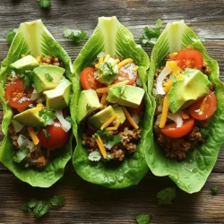 - 1 pound ground turkey - 1 tablespoon olive oil - 1 small onion, finely chopped - 2 cloves garlic, minced - 1 tablespoon chili powder - 1 teaspoon cumin - 1 teaspoon smoked paprika - 1/2 teaspoon salt - 1/4 teaspoon black pepper - 1/2 cup corn (fresh, frozen, or canned) - 1 can black beans, rinsed and drained - 1/4 cup fresh cilantro, chopped - 1 head of iceberg lettuce (or butter lettuce), leaves separated - Optional toppings: diced tomatoes, avocado slices, shredded cheese, salsa, or Greek yogurt When I create Turkey Taco Lettuce Wraps, I focus on fresh and wholesome ingredients. Ground turkey is my go-to for protein. It cooks easily and absorbs flavors well. Olive oil helps to sauté the onion and garlic, adding a rich taste. Onion and garlic are vital. They build the base for flavor in the dish. I chop the onion small and mince the garlic finely, which helps them blend into the turkey mixture. For seasoning, chili powder and cumin add warmth and depth. Smoked paprika gives a hint of smokiness that elevates the dish. Salt and pepper balance the taste. Toppings are where you can get creative! I love using corn and black beans for added texture. Fresh cilantro brings a bright note. The lettuce wraps are perfect for holding all these tasty ingredients. You can customize your wraps with optional toppings like diced tomatoes, avocado, shredded cheese, salsa, or Greek yogurt. These add extra taste and texture. For the full recipe, check out the detailed instructions that follow! 1. Heating the olive oil: Start by heating 1 tablespoon of olive oil in a large skillet over medium heat. This oil helps prevent sticking and adds flavor. 2. Sautéing onion and garlic: Next, add 1 small, finely chopped onion and 2 minced garlic cloves to the skillet. Sauté until the onion turns translucent, about 3-4 minutes. The aroma will fill your kitchen. 3. Cooking ground turkey until browned: Increase the heat to medium-high and add 1 pound of ground turkey to the skillet. Cook it, breaking it apart with a spatula until it turns brown, about 6-8 minutes. Ensure it's cooked through. 1. Dicing and adding the bell pepper: Dice your choice of bell pepper. Add it to the skillet with the turkey. This adds color and sweetness. 2. Stirring in spices: Now, stir in 1 tablespoon of chili powder, 1 teaspoon of cumin, 1 teaspoon of smoked paprika, 1/2 teaspoon of salt, and 1/4 teaspoon of black pepper. Cook for another 3-4 minutes. These spices add depth to your filling. 3. Incorporating corn and black beans: Add 1/2 cup of corn and 1 can of rinsed and drained black beans to the skillet. Stir well. Cook for 2-3 minutes until heated through. This step adds texture and protein to the dish. 1. Removing from heat: Once everything is heated and mixed, remove the skillet from heat. This will stop the cooking process. 2. Stirring in cilantro: Stir in 1/4 cup of chopped fresh cilantro. This adds freshness and brightness to your mixture. 3. Spoon turkey mixture into lettuce leaves and adding toppings: To serve, spoon the turkey mixture into the separated lettuce leaves. Top with your choice of diced tomatoes, avocado slices, shredded cheese, salsa, or Greek yogurt. Enjoy your tasty, healthy wraps! For the full recipe, check the instructions above. How to perfectly brown ground turkey To brown ground turkey, heat olive oil in a skillet over medium heat. Add the turkey and break it apart with a spatula. Cook it without stirring for a bit. This helps it brown nicely. Stir occasionally until no pink remains, about 6-8 minutes. The key is to let it sit and develop a crust. Best methods for sautéing vegetables For sautéing veggies like onion and bell pepper, use medium heat. Start with onions and garlic, cooking them until soft. Then add bell peppers. This order builds flavor. Stir often to avoid burning. Cooking them for about 4-5 minutes keeps them tender and flavorful. Suggestions for additional spices or herbs To add depth, try adding oregano and coriander. You can also toss in some lime juice for a fresh twist. These flavors work well with the turkey. Don’t be afraid to experiment. Each spice brings its own taste to the dish. Making the dish spicier If you love heat, add diced jalapeños or a pinch of cayenne pepper. Mix these in with the turkey while cooking. Start with a small amount. You can always add more if needed. Spice is personal, so adjust to your taste. Creative ways to arrange the wraps For a fun presentation, use a large platter. Arrange the lettuce leaves in a circle. Fill the center with your turkey mixture. Then place toppings in small bowls around it. This invites everyone to build their own wraps. Plating suggestions for a visually appealing meal Serve the wraps on colorful plates. Use lettuce leaves as a base and layer the turkey mixture. Add toppings on top for a pop of color. A sprinkle of chopped cilantro adds freshness. This makes the dish look as good as it tastes. For the full recipe, check out the detailed instructions! {{image_2}} You can switch up the protein in turkey taco lettuce wraps. Ground beef or chicken works well if you want a richer flavor. Tofu is also a great choice for a plant-based option. Just crumble it and cook it like you would the turkey. Each protein brings a unique taste and texture. For a vegetarian twist, lentils or tempeh make excellent fillings. Cook lentils until soft, then mix in your spices. Tempeh can be crumbled or diced and sautéed for a nutty flavor. Both options add protein and fiber, making them satisfying choices. You can explore different flavor profiles for fun. Try Mexican spices like oregano and lime for a classic taste. For an Asian twist, add soy sauce, ginger, and sesame oil. Mediterranean flavors shine with olives, feta, and herbs like dill. These variations keep your meals fresh and exciting. For the full recipe, check out the [Full Recipe]. To keep your turkey taco lettuce wraps fresh, use airtight containers. Glass containers work well, but plastic ones are fine too. Be sure to cool the leftovers before sealing them. Store them in the refrigerator for up to three days. When reheating your turkey filling, use a skillet over medium heat. This method helps keep the texture nice. Stir it often to heat evenly and prevent burning. You can also use a microwave. Place the filling in a microwave-safe bowl and cover it. Heat in short bursts, stirring in between. You can freeze the turkey filling for quick meals later. Allow the filling to cool completely before freezing. Place it in a freezer bag, removing as much air as possible. Lay the bag flat in the freezer. Store the lettuce leaves in a separate bag. They freeze better this way and stay crisp. When ready, thaw the filling overnight in the fridge. Yes, you can! While iceberg is great, butter lettuce is also a good choice. It is soft and has a nice flavor. Romaine leaves work too; they are sturdy and crunchy. You want lettuce that holds the turkey well. Choose what you like best. To make this dish low-carb, skip the corn and black beans. You can add more veggies like zucchini or mushrooms. Use low-carb toppings too. For example, top with cheese and Greek yogurt instead of salsa. This keeps the taste yummy while lowering carbs. Adding more veggies is easy! You can mix in diced carrots or chopped spinach. Bell peppers add color and taste. Try adding shredded cabbage for crunch. All these veggies boost nutrition and flavor in your wraps. You can serve a fresh salad with tomatoes and cucumbers. A fruit salad adds sweetness. You might enjoy a side of steamed broccoli or grilled veggies. These sides complement the wraps and make your meal more filling. For the full recipe, check out the Turkey Taco Lettuce Wraps section. In this article, I explored how to make turkey taco lettuce wraps. We covered the main ingredients like turkey, olive oil, and seasonings. I shared step-by-step instructions for preparing the turkey mixture and assembling the wraps. You learned tips for cooking techniques and flavor enhancements, plus variations based on protein and spices. Lastly, we discussed storage and reheating methods. These wraps are not only tasty but also healthy. You can customize them to fit your style. Enjoy your cooking adventure!