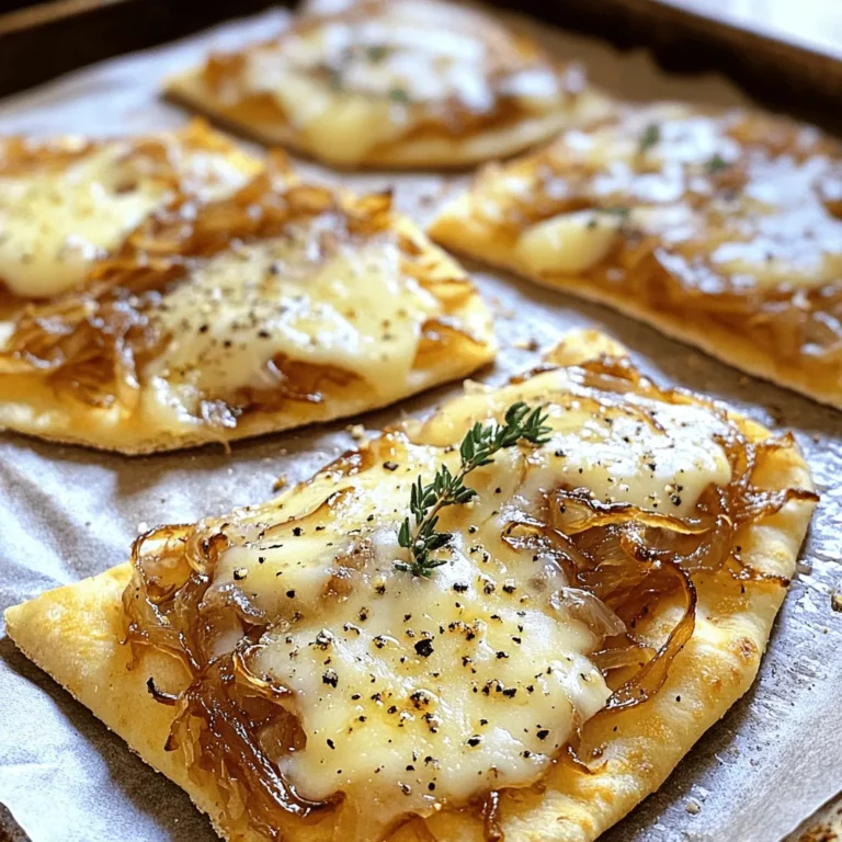 To make your Caramelized Onion Gruyere Flatbread, gather these simple items: - 2 large onions, thinly sliced - 2 tablespoons olive oil - 1 teaspoon balsamic vinegar - Salt to taste - 1 pre-made flatbread (store-bought or homemade) - 1 cup Gruyere cheese, grated - Fresh thyme leaves (optional) - Black pepper to taste You can add a few extra items to enhance the taste: - Crumbled feta cheese for a tangy kick - Garlic, minced, for added depth - Red pepper flakes for a spicy touch If you’re missing an item, here are some swaps: - Use yellow or sweet onions instead of regular onions. - Swap Gruyere for mozzarella or aged cheddar if needed. - Try a flatbread made with whole wheat or gluten-free options for different diets. These ingredients create a flatbread that is tasty and easy to make. You can adjust flavors to match your taste. For the full recipe, check the details above. Enjoy your cooking! First, gather your ingredients. You will need: - 2 large onions, thinly sliced - 2 tablespoons olive oil - 1 teaspoon balsamic vinegar - Salt to taste - 1 pre-made flatbread - 1 cup Gruyere cheese, grated - Fresh thyme leaves (optional) - Black pepper to taste Next, heat the olive oil in a large skillet over medium heat. Once the oil is warm, add the sliced onions along with a pinch of salt. This helps to draw out the moisture and enhances the sweetness of the onions. Stir occasionally as they cook. Cook the onions for about 25 to 30 minutes. You want them to turn golden brown and become soft. If the onions start to stick to the pan, lower the heat a bit. This process is key; it brings out their natural sugars. After they caramelize, add the balsamic vinegar. Stir it in and let the flavors mix for another 2 to 3 minutes. Then, remove the skillet from the heat and set the onions aside. Preheat your oven to 400°F (200°C). Place the flatbread on a baking sheet lined with parchment paper. Evenly spread the caramelized onions over the flatbread. Leave a small border around the edges so they stay crisp. Then, sprinkle the grated Gruyere cheese over the onions. If you want, add fresh thyme leaves and a bit of black pepper for extra flavor. Bake the flatbread in the oven for 10 to 12 minutes. You’ll know it’s done when the cheese is melted and bubbly, and the edges are crispy. Once finished, take it out of the oven and let it cool slightly before slicing. Enjoy your Caramelized Onion Gruyere Flatbread! For the full recipe, check out the detailed instructions above. To get sweet, golden onions, start with medium heat. Use a large skillet to give the onions space. Add sliced onions and a pinch of salt to the hot oil. Stir them often while cooking. This helps the sugars release slowly. If they stick, lower the heat a bit. Cook for about 25-30 minutes. You want them soft and brown. Adding balsamic vinegar at the end boosts the flavor. It adds a nice tang. For the best melt, choose good-quality Gruyere cheese. Grate it finely for even melting. Spread the cheese over the onions on the flatbread. Make sure to cover all the onions well. Bake at 400°F (200°C) for 10-12 minutes. Keep an eye on it. The cheese should bubble and turn golden. If you like a crisp top, broil for a minute at the end. Just watch closely so it doesn’t burn. This flatbread is great as an appetizer or snack. Serve it warm for the best taste. You can slice it into small pieces for sharing. Pair it with a fresh salad for a light meal. Try adding fresh herbs on top before serving. Thyme or chives add a nice touch. A drizzle of balsamic glaze can enhance the look and flavor. Check out the Full Recipe for more ideas! {{image_2}} You can swap Gruyere cheese for other types of cheese. Try using mozzarella for a milder taste. Cheddar gives a sharper flavor. Feta adds a nice tang and crumbly texture. Goat cheese also melts well and offers a unique taste. Each cheese brings its own charm to the flatbread. To make this dish vegan, replace Gruyere cheese with a dairy-free option. Use plant-based cheese that melts well. Nutritional yeast can add a cheesy flavor without dairy. You can also skip cheese entirely and top with fresh herbs and veggies. This keeps the flatbread tasty and satisfying. Change up your toppings based on what’s in season. In spring, add fresh asparagus or peas. Summer is great for fresh tomatoes and basil. In fall, try using roasted squash or pumpkin. During winter, add hearty greens like kale or spinach. These swaps keep the flatbread fresh and exciting. After enjoying your flatbread, let it cool. Store any leftovers in an airtight container. Place parchment paper between layers to prevent sticking. Keep it in the fridge for up to three days. You can also cover it tightly with plastic wrap. To reheat, I suggest using the oven. Preheat it to 350°F (175°C). Place the flatbread on a baking sheet. Heat for about 10 minutes. This keeps the flatbread crispy and the cheese melty. You can also use a skillet. Heat it over medium heat for about 5 minutes. If you want to save some for later, freeze the flatbread. Wrap it tightly in plastic wrap, then in foil. This prevents freezer burn. You can freeze it for up to three months. To eat, thaw it in the fridge overnight, then reheat as mentioned above. You can use many herbs with Gruyere cheese. Fresh thyme is a great choice. You can also try rosemary, oregano, or sage. These herbs add a nice touch to your flatbread. They bring out the cheese's rich flavor. Feel free to mix and match herbs based on what you like. Caramelizing onions takes about 25-30 minutes. You want to cook them over medium heat. Stir them occasionally to avoid burning. The goal is to make them soft and golden brown. If they start to stick, lower the heat a bit. The longer you cook, the sweeter they become. Yes, you can use homemade flatbread. Making your own can add a special touch. You can control the thickness and flavor. Just make sure it's baked enough to hold the toppings. A crispy base works best for this recipe. Look for places that focus on gourmet flatbreads or pizzas. Many artisan pizza shops offer unique flatbread options. You can also check out bistros or cafes known for their cheese dishes. They often feature caramelized onion and Gruyere as a topping. Online reviews can help find popular spots near you. A nice white wine pairs well with this flatbread. A dry Riesling or a light Chardonnay works great. If you prefer red, try a light Pinot Noir. These wines complement the flavors of onions and cheese. They balance the richness while enhancing the dish's taste. This blog post explored making a tasty Caramelized Onion Gruyere Flatbread. We covered the key ingredients and how to select substitutes. I detailed the step-by-step process for prep, caramelizing, and baking. You now have tips for achieving great flavor, perfect cheese melt, and clever serving ideas. I also shared variations for different tastes and storage advice. Remember, cooking is all about experimenting. Enjoy creating this flatbread and make it your own!