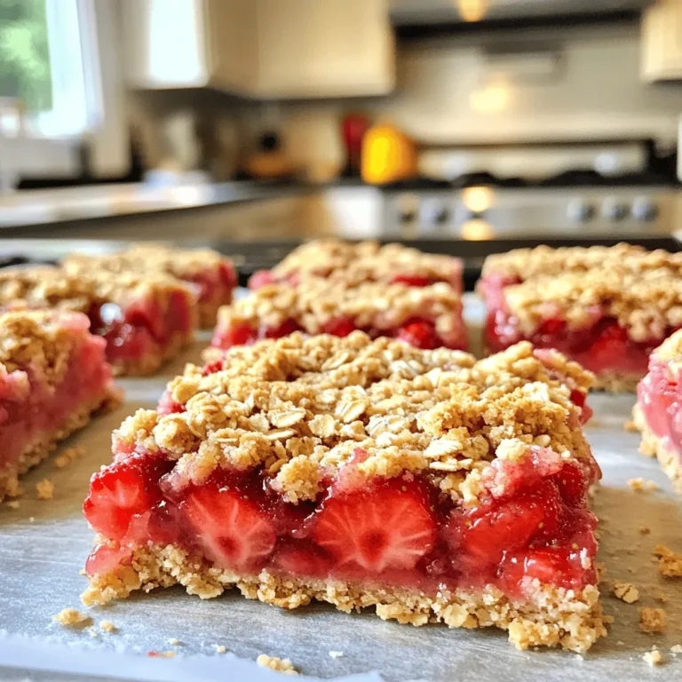 - 2 cups fresh strawberries, hulled and sliced - 1/4 cup sugar - 1 tablespoon lemon juice - 1 teaspoon cornstarch - 1 cup rolled oats - 1 cup all-purpose flour - 1/2 cup brown sugar, packed - 1/2 teaspoon baking powder - 1/4 teaspoon salt - 1/3 cup unsalted butter, melted - 1/2 teaspoon vanilla extract - Nuts or seeds for added crunch - Other berries (blueberries, raspberries) The strawberry oatmeal crumble bars pack about 150 calories per serving. They contain around 22 grams of carbs, 7 grams of fats, and 2 grams of proteins. This makes them a delightful treat that balances taste and nutrition well. The fresh strawberries add vitamins and fiber, while oats provide energy. You can adjust the sugar based on the sweetness of your strawberries. For a fun twist, try adding nuts or seeds for crunch. Alternatively, feel free to mix in other berries for a fruity burst. Check the [Full Recipe] for detailed steps on how to create these tasty bars! - Preheat oven to 350°F (175°C). - Grease or line a 9x9 inch baking dish. - Combine 2 cups of sliced strawberries, 1/4 cup of sugar, 1 tablespoon of lemon juice, and 1 teaspoon of cornstarch in a bowl. - Toss gently until the strawberries are coated. Let it sit while preparing the crumble. - In a large bowl, mix 1 cup of rolled oats, 1 cup of all-purpose flour, 1/2 cup of brown sugar, 1/2 teaspoon of baking powder, and 1/4 teaspoon of salt. - Pour 1/3 cup of melted butter and 1/2 teaspoon of vanilla into the dry mix. Stir until the mixture looks like coarse crumbs. - Press half of the crumble mixture evenly into the bottom of the prepared baking dish. - Spread the strawberry mixture evenly over the pressed oat layer. - Sprinkle the remaining crumble mixture on top of the strawberries. - Bake in the preheated oven for 30-35 minutes. Look for a golden brown top and bubbly strawberries. - Remove from the oven and let it cool in the pan for about 15 minutes. Then, transfer to cool completely on a wire rack. - Once cooled, cut into bars and serve. For the complete recipe, check the [Full Recipe]. To get a great crumble texture, focus on mixing. Use your hands to combine the butter with dry ingredients. This helps create small lumps in the mixture. These lumps bake into a nice, crunchy crust. Avoid over-mixing; too much mixing can make the crust tough. Fresh strawberries are juicy and sweet. They add bright flavor to the bars. However, you can use frozen strawberries too. When using frozen strawberries, let them thaw first. Drain excess juice to avoid sogginess. This will keep your bars firm and tasty. Serve these bars warm or cold. They taste great with a scoop of ice cream on top. Whipped cream also adds a nice touch. For a twist, try adding a drizzle of chocolate sauce. Enjoy your delicious strawberry oatmeal crumble bars! For the full recipe, check the section above. {{image_2}} You can change the taste of your bars with spices. Adding cinnamon gives warmth. Nutmeg adds a nice twist. Both bring a lovely depth to the strawberry flavor. If you want to mix things up, swap strawberries for other fruits. Raspberries, blueberries, or peaches work great. Each fruit adds its own unique flavor to the bars. If you need gluten-free options, use oat flour or almond flour instead of regular flour. These options blend well with oats. For a vegan twist, replace butter with coconut oil or a vegan butter substitute. This keeps the bars rich and tasty while meeting dietary needs. Get creative with your bars by adding chocolate chips. They melt and mix nicely with the fruit. You can also add coconut flakes for extra texture. These small changes make the bars fun and unique. The possibilities are endless! For the full recipe, check the complete guide. To keep your Strawberry Oatmeal Crumble Bars fresh, store them in the fridge. Place the bars in an airtight container. This prevents them from drying out. They will stay good for about 3 to 5 days. If you want to enjoy them later, freezing is a great option. To freeze the crumble bars, let them cool completely first. Cut them into squares and wrap each piece in plastic wrap. Then, place them in a freezer-safe bag or container. They can last for up to three months in the freezer. When you want to eat one, take it out and let it thaw in the fridge overnight. If you prefer a warm treat, reheat it in the oven at 350°F (175°C) for about 10 minutes. Enjoy your delicious bars even after storing them! For the full recipe, check out the details above. Yes, you can use many fruits. Raspberries, blueberries, and peaches work well. Each fruit brings a unique flavor. You can also mix fruits for a fun twist. Just remember to adjust the sugar based on the fruit's sweetness. Look for a golden brown top. The edges should pull away from the pan slightly. You may also see the filling bubbling. A toothpick inserted in the center should come out clean. If these signs are present, your bars are ready. Absolutely! You can make these bars a day ahead. Just cool them completely before storing. Keep them in an airtight container in the fridge. They stay fresh for up to three days. These bars pair great with vanilla ice cream or whipped cream. You can also serve them with yogurt for a breakfast twist. A drizzle of chocolate sauce adds a nice touch too. Feel free to get creative with your pairings! To reduce the sweetness, cut back on the sugar. You can use less sugar in the filling. Try using a sugar substitute for a healthier option. Taste as you go to find the right balance for you. We covered the ingredients, preparation, and variations for delicious Strawberry Oatmeal Crumble Bars. These bars are easy to make and adaptable. You can use fresh or frozen strawberries and try different mix-ins. Storing leftovers or freezing is simple too. Enjoy these bars with ice cream or whipped cream for a treat. Explore your creativity to make them your own! Your kitchen will fill with sweet scents. So gather those ingredients and start baking today!