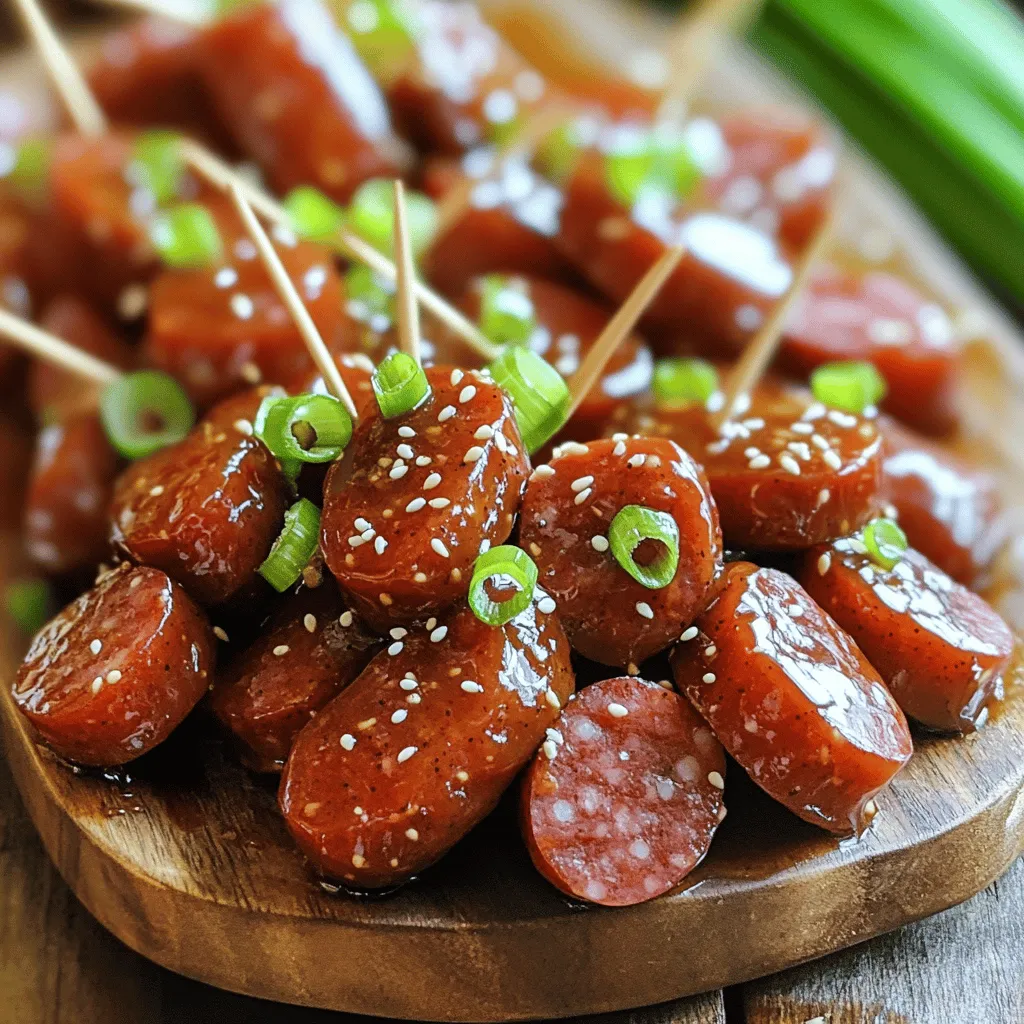 - 1 pound kielbasa, sliced into 1-inch pieces - 1/2 cup brown sugar - 1/4 cup soy sauce - 2 tablespoons Dijon mustard - 1 tablespoon apple cider vinegar For this dish, start with the kielbasa. I love using a good quality kielbasa because it brings great flavor. Slice it into 1-inch pieces for even cooking. Brown sugar adds a sweet twist. It melts beautifully and creates a lovely glaze. Next, we have soy sauce. It adds saltiness and umami. Dijon mustard gives a nice tang and depth. Apple cider vinegar brightens the sauce, making it lively. - 1 teaspoon garlic powder - 1/2 teaspoon crushed red pepper flakes - 1 tablespoon olive oil Garlic powder is a must for flavor. It enhances the dish without being too strong. I like a touch of crushed red pepper flakes for heat. You can adjust it based on your taste. Olive oil is essential for cooking the kielbasa. It helps achieve that perfect golden color. - 2 green onions, sliced - Sesame seeds To finish, I love using sliced green onions. They add color and freshness. Sesame seeds give a nice crunch and a bit of nuttiness. These small details make the dish pop! For the full recipe, check out the detailed instructions. Enjoy cooking this dish! Start by whisking together the brown sugar, soy sauce, Dijon mustard, and apple cider vinegar in a medium bowl. This forms the base of your glaze. Make sure to mix it well until it is smooth. Next, add in the garlic powder and crushed red pepper flakes. The red pepper adds a nice kick, so adjust it based on your taste. Set this sauce aside for later. Heat a tablespoon of olive oil in a large skillet over medium heat. Once the oil is hot, add the sliced kielbasa. Cook it for about 3 to 5 minutes. You want to sauté it until it turns brown and crispy on the edges. This step is key! It adds great flavor and texture to the dish. Once the kielbasa is browned, pour the brown sugar sauce over it in the skillet. Stir to coat each piece of kielbasa well. Increase the heat to medium-high and let the mixture bubble gently. Cook for about 5 to 7 minutes, stirring occasionally. You will see the sauce thicken and glaze the kielbasa beautifully. This will create a sweet and spicy coating that makes this dish truly special. For the full recipe, refer to the previous section! To get the best browning on your kielbasa, start with a hot skillet. Heat the olive oil until it shimmers. Then, add your sliced kielbasa in a single layer. Don't crowd the pan; this helps each piece brown nicely. Cook for about 3-5 minutes. You want it golden and slightly crispy. For the sauce, the right consistency matters. If you find the sauce too thin, let it bubble longer. This will help it thicken and coat the kielbasa better. Stir frequently to avoid burning. When it comes to plating, think rustic and fun. Serve the glazed kielbasa on a wooden board. Line it with parchment paper for a nice touch. Add toothpicks for easy snacking. You can also serve it on a vibrant plate with a sprinkle of green onions and sesame seeds for color. Pair your kielbasa with sides like steamed rice or roasted veggies. These options complement the sweet and spicy flavor. You could also serve a crisp salad to balance the dish. For busy weeknights, meal prep is your best friend. You can slice the kielbasa ahead of time and store it in the fridge. Pre-mixing the sauce also saves you time. Just whisk it together and keep it in a jar. Using pre-cooked kielbasa is another great time-saver. It cuts your cooking time in half. Simply heat it up and glaze it with the sauce. This way, you enjoy a delicious meal without the long wait. {{image_2}} You can switch up the taste by using different types of mustard. Try honey mustard for a sweet kick. Spicy mustard adds a nice heat. You can also add fruits like pineapple for a burst of sweetness. The fruity flavor blends well with the glaze. This twist makes the dish even more fun! If you want to swap brown sugar, honey or maple syrup works great. Both will add a rich sweetness. You can also use turkey or chicken kielbasa instead of pork. This change gives a healthier option. It still tastes delicious while cutting down on fat. You can cook kielbasa in different ways. Oven-baking gives a nice, even cook. Just place it on a baking sheet and coat it with the glaze. Stovetop cooking is quick and keeps the kielbasa crispy. You can also use a slow cooker. This method lets the flavors blend well. Just toss everything in and let it simmer. Each method offers a unique taste and texture! After enjoying your brown sugar glazed kielbasa, place leftovers in an airtight container. This keeps the dish fresh and prevents odors from mixing in your fridge. It stays good for about 3 to 4 days. Always cool the dish before sealing it to avoid steam buildup. If you want to save some for later, freezing is a great option. First, let the kielbasa cool completely. Then, portion it in freezer-safe bags or containers. Try to remove as much air as you can to avoid freezer burn. It can last about 2 to 3 months in the freezer. When you’re ready to eat, thaw it in the fridge overnight. Then, reheat it on the stove or microwave until hot. Leftover kielbasa is very versatile. You can slice it and add it to pasta dishes or stir-fries. It also makes a great topping for pizza or salads. For breakfast, try mixing it with scrambled eggs or adding it to a breakfast burrito. These ideas help you enjoy your kielbasa in new and tasty ways. For the full recipe, check out the earlier sections! To make brown sugar glazed kielbasa, follow these simple steps: 1. In a bowl, mix brown sugar, soy sauce, Dijon mustard, apple cider vinegar, garlic powder, and crushed red pepper flakes. Set this sauce aside. 2. Heat olive oil in a large skillet over medium heat. Add sliced kielbasa and cook for 3-5 minutes. You want it browned and a bit crispy. 3. Pour the sauce over the kielbasa in the skillet. Stir to coat each piece. 4. Increase heat to medium-high and let it bubble. Cook for 5-7 minutes, stirring often. This helps thicken the sauce and glaze the kielbasa. 5. Once done, take it off the heat and let it cool for a minute. 6. Transfer to a serving dish. Garnish with sliced green onions and sesame seeds. This process is quick, taking only about 20 minutes from start to finish. For the full recipe, check the earlier section. Kielbasa pairs well with many sides. Here are some great options: - Sauerkraut: It adds a tangy flavor that complements the sweetness of the glaze. - Potato salad: A creamy salad balances the dish nicely. - Green beans: Steamed or sautéed beans add a fresh crunch. - Rice: Serve it over rice to soak up the delicious glaze. - Bread: Crusty bread is perfect for dipping into the sauce. These sides can elevate your meal and make it more satisfying. Yes, you can use other sausages if you want. Here are some tasty alternatives: - Turkey sausage: A leaner option that still gives great flavor. - Chicken sausage: This is lighter and often comes in many flavors. - Bratwurst: This German sausage has a nice spice and works well with the glaze. - Andouille sausage: If you want a kick, this spicy sausage adds a bold taste. Feel free to try these options to suit your taste! In this post, we covered how to make brown sugar glazed kielbasa. We looked at the key ingredients, step-by-step cooking methods, and tips for perfecting your dish. You can play with flavors, try different meats, and even change cooking methods. Store your leftovers properly or use them in new meals. This dish is easy, tasty, and great for any night. Enjoy experimenting in your kitchen!