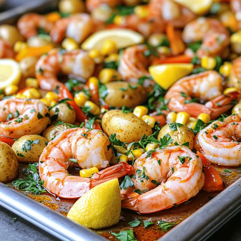 - 1 pound large shrimp, peeled and deveined - 2 cups baby potatoes, halved - 1 ear of corn, cut into 1-inch pieces - 1 bell pepper (red or yellow), chopped - 1 small red onion, chopped - 3 cloves garlic, minced - 2 tablespoons olive oil - 1 tablespoon Old Bay seasoning - 1 teaspoon smoked paprika - 1 teaspoon lemon zest - Salt and pepper to taste - Lemon wedges for serving - Fresh parsley, chopped for garnish Shrimp is a great source of protein. It is low in calories and high in nutrients. Baby potatoes provide fiber and potassium. They add a nice texture to the dish. Corn is sweet and adds crunch. Bell peppers bring color and vitamins. Red onions add flavor and antioxidants. Garlic boosts immune health and enhances taste. Olive oil provides healthy fats and helps with cooking. Old Bay seasoning gives that classic seafood flavor. Smoked paprika adds warmth and depth. Lemon zest brightens the dish and balances the flavors. If you cannot find shrimp, you can use chicken or tofu. For potatoes, try sweet potatoes or carrots. Instead of corn, peas or green beans work well. Any color bell pepper can replace the one you have. If you dislike red onion, yellow or white onions are fine. You can swap garlic for garlic powder if needed. For a lighter oil, consider avocado oil. If you want a different spice, Cajun seasoning can replace Old Bay. If you want a fresh taste, fresh herbs can replace parsley. This recipe is easy and fun. You can find the Full Recipe online to make this tasty dish! Start by washing all your veggies. Cut the baby potatoes in half. This helps them cook faster. Next, chop the bell pepper and red onion into small pieces. Cut the corn into 1-inch chunks. Place all these veggies in a big bowl. Add olive oil, Old Bay seasoning, smoked paprika, lemon zest, salt, and pepper. Toss well to coat every piece. This mix gives your dish a great flavor and aroma. Now it’s time to prepare the shrimp. Make sure they are peeled and deveined. In a small bowl, sprinkle the shrimp with Old Bay seasoning, salt, and pepper. Mix them gently to coat. The seasoning adds a nice kick. Keep the shrimp aside while the veggies roast in the oven. Preheat your oven to 400°F (200°C). Line your sheet pan with parchment paper for easy cleanup. Spread the seasoned veggies on the pan in a single layer. Roast them for 20 minutes. This makes the potatoes tender and brings out the flavors. After 20 minutes, take the pan out and add the shrimp among the veggies. Roast everything for an extra 8-10 minutes. The shrimp should turn pink and opaque when done. Serve hot with lemon wedges and a sprinkle of fresh parsley. Enjoy this flavorful meal! Check the Full Recipe for more details. To get perfectly cooked shrimp, timing is key. Shrimp cook fast. You want them pink and opaque. Overcooking makes them tough. Follow this simple rule: cook shrimp for about 8-10 minutes. Add shrimp to the pan only after the veggies are almost done. This way, they won't overcook. If you see them curl up, they are done! Adjust the seasoning to your taste. I love using Old Bay seasoning for a classic touch. Want more heat? Add cayenne pepper or red pepper flakes. For a fresh twist, try some fresh herbs like thyme or dill. Lemon zest adds brightness. Don't forget to taste as you go. You can always add more, but you cannot take it away! One common mistake is crowding the pan. If the shrimp and veggies are too close, they steam instead of roast. This makes everything soggy. Make sure they have space to cook evenly. Another mistake is not preheating the oven. A hot oven helps to get that nice roast and crisp. Lastly, don’t skip the lemon wedges. They brighten up the dish and add fresh flavor. Try these tips for a delicious meal every time! For the full recipe, check here: [Full Recipe]. {{image_2}} You can easily add more seafood to your shrimp boil. Try including 1 pound of scallops or crab legs. They cook quickly and add a sweet flavor. Mussels or clams work great too. Just toss them in with the shrimp towards the end of cooking. This will give you a more diverse seafood feast. If you want a meat-free version, swap shrimp for chickpeas or tofu. Use about 1 can of chickpeas, drained and rinsed. For tofu, press and cube 14 ounces before seasoning. Add hearty vegetables like zucchini or asparagus for extra texture. This keeps the dish colorful and filling, perfect for everyone. You can switch up the flavors too! Instead of Old Bay, use Cajun seasoning for a spicier kick. A dash of lime juice can brighten the dish. Try adding fresh herbs like dill or cilantro for a fresh taste. Experiment with different spices to find your favorite mix. For more ideas, check out the Full Recipe and see the full range of options! Store leftover shrimp boil in an airtight container. It will stay fresh for up to three days. Keeping it in the fridge makes it easy to enjoy again. Just make sure to let it cool before sealing the container. This helps keep your shrimp and veggies tasty. You can freeze leftovers if you won't eat them soon. Place the cooled shrimp boil in a freezer-safe bag. Squeeze out as much air as you can. This helps avoid freezer burn. It will last for up to two months. When you're ready to eat it, thaw it in the fridge overnight. To reheat, place the shrimp boil in a pan on medium heat. Add a splash of water or broth to keep it moist. Stir it often to ensure even heating. You can also use the microwave. Heat it in short bursts, stirring in between. This way, you get a warm, tasty meal without drying it out. You can find the Full Recipe for this delicious dish to make again! You can serve this dish with many sides. Simple options include a fresh salad or garlic bread. A coleslaw adds crunch and flavor. Try some rice for a filling meal. You can also serve it with melted butter for dipping. Lemon wedges add a zesty touch too. Each side complements the shrimp boil well. The shrimp cook fast! They turn bright pink when done. You should also look for them to become opaque. A good way to check is to cut one open. If it is white inside, it is ready. Overcooking makes shrimp tough, so watch closely. The total cook time is around 8 to 10 minutes. Yes, you can prep this meal ahead. Chop the vegetables and season the shrimp. Store them in the fridge for up to a day. When ready to cook, just follow the steps in the Full Recipe. This saves time and makes dinner easy. Enjoy the flavors of this shrimp boil any night! In this blog post, we explored the key ingredients for a delicious sheet pan shrimp boil. You learned about their benefits and how to substitute them. The step-by-step guide outlined vegetable prep, shrimp seasoning, and the roasting process for perfect results. Tips and tricks helped you avoid common mistakes and enhance flavors. We also discussed variations, storage, and answered common questions. Embrace this simple dish that is full of flavor. You can easily adapt it to your taste. Enjoy cooking and sharing it with others!