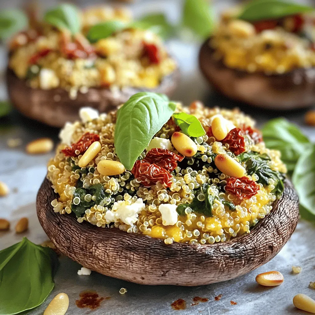 - 4 large portobello mushrooms, stemmed and gills removed - 1 cup cooked quinoa - 1 cup fresh spinach, chopped When I make stuffed portobello mushrooms, I always use large portobello mushrooms. They hold the filling well and have a rich flavor. I also cook quinoa beforehand. It adds protein and a nice texture. Fresh spinach is my go-to green. It wilts down and blends beautifully with the other flavors. - 1/2 cup sun-dried tomatoes, chopped - 1/2 cup feta cheese, crumbled - 1/4 cup pine nuts, toasted For added flavor, I love to include sun-dried tomatoes. Their sweetness gives a nice balance to the dish. Feta cheese adds creaminess and a tangy kick. Pine nuts bring a delightful crunch. Toasting them enhances their nutty flavor, making the dish even more satisfying. - 2 tablespoons olive oil - 2 cloves garlic, minced - 1 teaspoon dried oregano I always use olive oil for sautéing. It adds depth and richness. Garlic is a must for aroma and flavor. I mix in dried oregano for an earthy note. Fresh basil leaves make a perfect garnish. They add color and a fresh taste to the final dish. For the complete recipe, check out the [Full Recipe]. 1. Preheat the oven and prepare the mushrooms. Start by preheating your oven to 375°F (190°C). This temperature helps the mushrooms cook evenly and keeps them tender. While the oven heats, clean your portobello mushrooms. Remove the stems and gently scoop out the gills with a spoon. This step creates space for the filling and prevents any bitterness. 2. Sauté garlic and vegetables. In a skillet, add two tablespoons of olive oil over medium heat. Once hot, add two minced garlic cloves. Sauté the garlic for about one minute. It should smell fragrant. Next, add one cup of chopped fresh spinach and half a cup of chopped sun-dried tomatoes. Cook this mixture until the spinach wilts, which takes about 2-3 minutes. This step adds flavor and moisture to the filling. 1. Combine quinoa and filling ingredients. In a large bowl, mix one cup of cooked quinoa with the sautéed spinach and tomato mix. Then, add half a cup of crumbled feta cheese and a quarter cup of toasted pine nuts. Also, sprinkle in one teaspoon of dried oregano. Season with salt and pepper to taste. Stir everything together until well combined. This mixture will provide a rich taste and satisfying texture. 2. Stuffing technique for mushrooms. Place your portobello mushrooms on a baking sheet with the gill side facing up. Generously fill each mushroom cap with the quinoa mixture. Press down slightly to pack the filling in tightly. This ensures each bite is full of flavor and goodness. 1. Baking time and temperature. Slide the baking sheet into the preheated oven. Bake the stuffed mushrooms for 20-25 minutes. You want the mushrooms to become tender, and the tops should turn a light golden color. This baking time allows the flavors to meld and develop. 2. Tips for checking doneness. To check if your mushrooms are done, gently press the top with a fork. If it feels soft and the filling looks slightly golden, they are ready. Avoid overbaking, as this can make them mushy. Let them cool slightly before serving. Enjoy your stuffed portobello mushrooms as a savory and satisfying meal! For the full recipe and more details, refer to the [Full Recipe]. How to choose perfect Portobello mushrooms: Look for mushrooms that are firm and smooth. They should be dark brown and free from blemishes. The size matters too; larger caps will hold more filling. If you can, choose mushrooms that have not been refrigerated for a while. Fresh mushrooms taste better and have a nice texture. Using fresh vs. dried herbs: Fresh herbs add bright flavors to your dish. They also look great on the plate. Use fresh herbs like basil or parsley when you can. If you only have dried herbs, that works too. Just use less, as dried herbs are stronger. A good rule is to use one-third the amount of dried herbs compared to fresh. Ideal pairings and side dishes: Stuffed Portobello mushrooms pair well with a light salad or roasted veggies. A simple arugula salad with lemon dressing complements the rich flavors of the mushrooms. You can also serve them with quinoa or rice for a filling meal. Plating ideas for presentation: Serve the mushrooms on a colorful plate. Arrange them in a circle or line for an appealing look. Garnish with fresh basil leaves or a sprinkle of feta cheese. This adds color and makes the dish pop. Overstuffing the mushrooms: It is tempting to pack the filling tightly, but don’t do it. Overstuffed mushrooms can burst while baking. Leave a little room for the mushrooms to cook evenly and stay tender. Not sautéing filling properly: Make sure to sauté the garlic and veggies well. This step builds flavor. If you skip it, the filling might taste bland. Cook until everything is soft and aromatic before mixing it with quinoa and other ingredients. For the full recipe, check out the [Full Recipe]. {{image_2}} You can make stuffed portobello mushrooms even more fun by adding different vegetables. Try bell peppers, zucchini, or even artichoke hearts. Each adds a unique taste and texture. You can also substitute cheese options. If you want a creamier filling, use ricotta instead of feta. For a sharper flavor, go for goat cheese. These changes keep the dish fresh and exciting. For a heartier meal, incorporate cooked chicken or shrimp into the filling. Simply chop them into small pieces and mix them with your other ingredients. You can also create a bacon-flavored variation. Cook bacon until crispy, then crumble it into the filling. This smoky flavor pairs well with the earthy taste of the mushrooms. If you follow a gluten-free diet, consider using quinoa as your base. It has a great texture and is filling. For a vegan option, swap out regular cheese for vegan cheese substitutes. Look for brands made from nuts or soy. These options let everyone enjoy this dish without missing out on flavor. After you enjoy your stuffed Portobello mushrooms, cool them down. Let them sit at room temperature for about 30 minutes. This helps avoid moisture buildup. Place the mushrooms in an airtight container. I recommend using glass or BPA-free plastic containers. They keep the mushrooms fresh longer. To reheat your leftovers, the oven works best. Preheat your oven to 350°F (175°C). Place the mushrooms on a baking sheet. Heat them for about 10 to 15 minutes. This keeps the texture nice and firm. If you use a microwave, be careful. Microwaving can make them soggy. Heat in short bursts, checking often. You can freeze stuffed mushrooms, but timing matters. Freeze them before you bake them. This helps maintain their texture. Wrap each mushroom tightly in plastic wrap, then place them in a freezer bag. To thaw, move them to the fridge overnight. If you need them fast, run them under cold water. Once thawed, bake as per the Full Recipe for a hot meal. To keep stuffed mushrooms from getting soggy, control moisture. Start by using dry mushrooms. Wipe them with a damp cloth instead of rinsing under water. Before stuffing, remove the gills and stem. This step helps reduce extra moisture. Sauté your filling well. Cook it until the spinach wilts but not too long. This helps lose excess water. Lastly, bake the mushrooms at the right temperature. Baking at 375°F (190°C) for 20-25 minutes keeps them firm and flavorful. Yes, you can prepare stuffed Portobello mushrooms in advance. Cook your filling and stuff the mushrooms. Then, cover them and store them in the fridge for up to 24 hours. This way, flavors blend, and it saves time on the day you serve them. When you are ready to eat, just pop them in the oven. Bake them as directed in the Full Recipe. If they are cold from the fridge, you may need an extra five minutes in the oven. Stuffed Portobello mushrooms pair well with many side dishes. Here are a few ideas: - A fresh green salad with a light vinaigrette - Roasted vegetables for extra color and taste - Garlic bread for a nice crunch - Quinoa salad for a hearty option Feel free to mix and match these sides. They will enhance your meal and add more flavor. Stuffed Portobello mushrooms are a delicious and versatile dish. We covered the main ingredients, like mushrooms and spinach, and explored tips for cooking and storage. Remember, you can customize the filling to fit your taste, whether you want vegetarian or non-vegetarian options. Don’t forget to avoid common mistakes, like overstuffing. With careful preparation and the right ingredients, you can create a tasty meal that impresses. Enjoy this dish and make it your own!