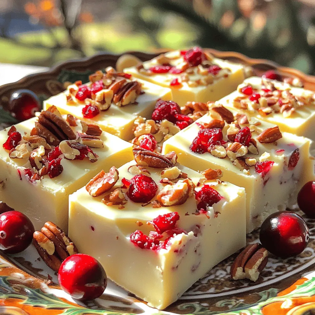 To make this fudge, you will need these main ingredients: - 2 cups white chocolate chips - 1 (14-ounce) can sweetened condensed milk - 1 teaspoon vanilla extract - 1 cup dried cranberries, chopped - ¼ teaspoon salt These ingredients blend well to create a rich and creamy fudge. The white chocolate brings a sweet touch, while cranberries add a tart flavor. You can enhance your fudge with these optional ingredients: - ½ cup chopped pecans Adding pecans gives a nice crunch and a nutty taste. You can also try adding a pinch of orange zest for a fresh twist. If you need to swap ingredients, here are some ideas: - Use dairy-free chocolate chips for a vegan option. - Substitute almond milk for sweetened condensed milk. - For nut allergies, skip the pecans or replace them with seeds. These swaps keep the fudge tasty while meeting your needs. Adjusting ingredients can also invite new flavors into your dish. To make this fudge, you need to follow these steps closely. First, gather your ingredients. You will need: - 2 cups white chocolate chips - 1 (14-ounce) can sweetened condensed milk - 1 teaspoon vanilla extract - 1 cup dried cranberries, chopped - ½ cup chopped pecans (optional) - ¼ teaspoon salt 1. Line the Dish: Start by lining an 8x8 inch baking dish with parchment paper. Leave some paper hanging over the edges. This makes it easy to lift the fudge out later. 2. Melt the Base: In a medium saucepan, combine the white chocolate chips and sweetened condensed milk. Set the heat to low. Stir the mixture continuously until it melts and becomes smooth. 3. Add Flavor: After melting, take the saucepan off the heat. Mix in the vanilla extract and salt. This adds a lovely depth to the fudge. 4. Fold in Mix-Ins: Stir in the chopped dried cranberries and pecans, if you choose to use them. Gently fold until everything is well mixed. 5. Pour and Spread: Pour the fudge mixture into the prepared baking dish. Use a spatula to spread it evenly across the dish. 6. Chill to Set: Place the dish in the refrigerator. Let it chill for at least 2 hours, or until the fudge is firm to the touch. 7. Cut and Serve: Once set, use the parchment overhang to lift the fudge out of the dish. Cut it into squares for serving. If you face issues while making the fudge, here are some tips. - Grainy Texture: If your fudge turns grainy, it might be due to overheating the chocolate. Always melt on low heat. - Not Setting Properly: If your fudge doesn’t set, it could be a mix issue. Ensure you mix the ingredients well before chilling. - Sticking to the Pan: If the fudge sticks to the pan, make sure to line it well with parchment paper. Visualizing the process can help you succeed. Here are key steps that are important: - Melting the Chocolate: Watch for a smooth, glossy mixture. If you see lumps, keep stirring gently. - Mixing in Ingredients: Ensure all cranberries and nuts are evenly distributed. This gives every bite the same flavor. - Cutting the Fudge: Use a sharp knife and cut slowly. This helps avoid any mess while cutting squares. Following these steps will help you make delicious white chocolate cranberry fudge. For the full recipe, visit the link above. Melting white chocolate can be tricky. You want to keep it smooth and creamy. Always use low heat. This helps prevent burning. A double boiler is great for this. If you don’t have one, you can use a glass bowl over a pot of simmering water. Stir the chocolate often. This keeps it from sticking and ensures even melting. To get the right texture, start with high-quality chocolate. Look for chocolate chips that are made for melting. Mix in sweetened condensed milk slowly. This adds creaminess. If your fudge feels too thick, add a splash of milk. If it's too thin, let it chill longer in the fridge. Aim for a thick, smooth consistency. When serving your fudge, cut it into small squares. This makes it easy for guests to grab. You can place the squares on a fancy plate. For a fun touch, sprinkle extra cranberries and pecans on top. Pair your fudge with coffee or hot chocolate for a warm treat. You can also serve it with vanilla ice cream. This adds a nice contrast to the sweet fudge. For more ideas, check the Full Recipe. {{image_2}} You can mix flavors to make this fudge even more fun. Try adding orange zest for a fresh twist. It pairs well with cranberries. For a nutty touch, use walnuts instead of pecans. You can also add a pinch of cinnamon to give it warmth. Chocolate lovers can swap white chocolate for dark chocolate. This change adds a rich taste. If you want to make vegan fudge, use dairy-free chocolate chips. Replace sweetened condensed milk with coconut milk. This keeps the fudge creamy without dairy. For gluten-free fudge, ensure your chocolate chips are gluten-free. This way, everyone can enjoy your treat without worry. You can get creative with your fudge! Drizzle melted chocolate on top for a fancy look. Add sea salt to enhance the sweetness. For extra crunch, mix in crispy rice cereal. Try layering different flavors in the fudge. Pour half the mixture, add nuts, then top with the rest. This creates a beautiful layered fudge. For the complete recipe, check out the Full Recipe. To keep your white chocolate cranberry fudge fresh, store it in an airtight container. Use parchment paper to separate the fudge squares. This method helps prevent sticking. Place the container in a cool, dry place. Do not expose it to heat or direct sunlight. This way, the fudge stays creamy and delicious. When stored properly, the fudge lasts about two weeks at room temperature. If you want to keep it longer, freeze it! Wrap each piece in plastic wrap and then in aluminum foil. Place them in a freezer-safe bag. The fudge can last up to three months in the freezer. Just remember to label the bag with the date. If you want to enjoy your fudge warm, you can reheat it. Use a microwave-safe plate to warm a few squares. Heat them in short bursts of 10 seconds, checking after each time. This heats the fudge without melting it completely. Enjoy the warm, gooey texture! To avoid grainy fudge, you need to melt the white chocolate carefully. Use low heat and stir constantly. If the heat is too high, the chocolate can seize up. Adding a bit of sweetened condensed milk helps keep the mixture smooth. Make sure not to overheat it. If it does become grainy, you can try adding a splash of milk and reheating gently while stirring. Yes, you can make this fudge ahead of time! It keeps well in the fridge for up to two weeks. To store it, wrap the fudge tightly in plastic wrap or place it in an airtight container. This makes it easy to pull out for holiday treats. Just remember to let it sit at room temperature for a few minutes before serving, so it softens slightly. White chocolate cranberry fudge pairs well with many treats. You can serve it with a cup of hot cocoa or coffee. It also goes nicely with a cheese platter featuring soft cheeses. For a fresh touch, add some fruit like strawberries or orange slices. These flavors balance the sweetness of the fudge. You can find more ideas in the [Full Recipe]. You now have all the steps to make white chocolate cranberry fudge. We covered the key ingredients, how to create it, and tips to get it just right. Remember to experiment with flavors and store your fudge well. Feel free to ask questions or share your creations. With these tips, you can whip up a delicious treat every time. Enjoy your fudge-making adventure!