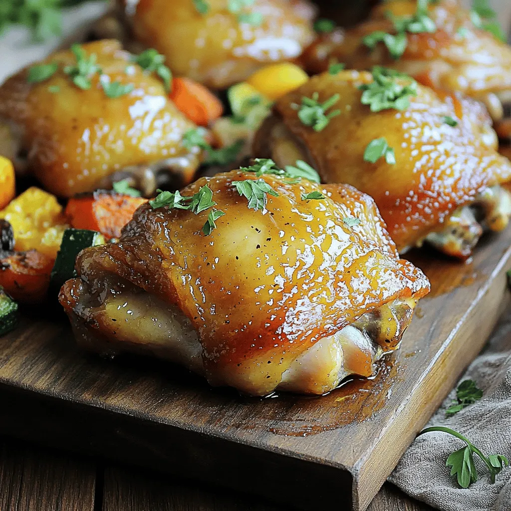 - Chicken thighs: bone-in and skin-on - Marinade components: honey, Dijon mustard, olive oil, apple cider vinegar - Seasoning essentials: garlic, thyme, salt, and pepper For this honey mustard chicken, I always choose bone-in, skin-on thighs. They stay juicy and tender during cooking. The skin crisps up beautifully, adding great texture. The marinade combines four simple ingredients: honey, Dijon mustard, olive oil, and apple cider vinegar. Each adds a unique flavor. I use garlic to enhance the taste. Dried thyme brings a warm, earthy note. Salt and pepper balance everything out. These ingredients blend to create a sweet and tangy profile that will delight your taste buds. - Fresh parsley: for a pop of color - Extra honey mustard: for drizzling To make your dish look even better, add fresh parsley on top. This bright herb adds color and freshness. Drizzling extra honey mustard over the chicken gives it a lovely finish. It makes the dish more appealing and adds extra flavor. For the full recipe, check out the complete guide. Start by preheating your oven to 400°F (200°C). This temperature is perfect for cooking chicken thighs. Next, line your baking dish with parchment paper. This makes cleanup quick and easy. Now, let’s make the marinade. In a medium bowl, whisk together the honey, Dijon mustard, olive oil, apple cider vinegar, minced garlic, dried thyme, salt, and pepper. Mix until everything combines well. This marinade will give your chicken great flavor. Take your chicken thighs and pat them dry with paper towels. Drying helps the skin get crispy when cooking. Next, season both sides of the chicken with salt and pepper. This step adds flavor to the meat. Place the chicken thighs in your baking dish, skin-side up. Pour the honey mustard marinade over the chicken. Make sure each piece is well coated. Save a little bit of the marinade for basting later. This will add even more taste during cooking. Now, it’s time to bake the chicken. Bake in the preheated oven for 25 minutes. After this time, take the dish out of the oven. Brush the chicken with the reserved marinade. This helps keep the chicken juicy and adds extra flavor. Put the dish back in the oven for another 15 to 20 minutes. The chicken is done when it reaches an internal temperature of 165°F (75°C). For extra crispy skin, turn on the broiler for the last 2 to 3 minutes. Keep a close eye on it to prevent burning. Once done, take the chicken out and let it rest for 5 minutes. This helps the juices settle in. You can garnish with fresh parsley before serving. For the full recipe, check the main article. For the best taste, marinate the chicken for at least 30 minutes. This allows the flavors to soak in deeply. If you have time, let the chicken sit in the marinade for up to two hours. After baking, let the chicken rest for five minutes before serving. This helps the juices stay inside, making the chicken juicy. Dry the chicken thoroughly before cooking. Use paper towels to remove any moisture. This step is key for crispy skin. When baking, turn on the broiler for the last 2-3 minutes. Watch it closely to avoid burning. This will give your chicken a beautiful, golden finish. Serve honey mustard chicken thighs with sides like roasted vegetables or mashed potatoes. A fresh salad can also brighten the meal. For drinks, try pairing it with a light white wine or iced tea. These choices enhance the meal and balance the flavors. For the full recipe, check the earlier sections. {{image_2}} You can change the recipe by using different sweeteners. Maple syrup or agave nectar works well. These options add a unique twist to the sauce. You can also switch up the mustard. Whole grain or spicy mustard gives a different flavor. Each choice brings its own taste to the dish. If you want a smoky flavor, try grilling the chicken. It adds a nice char and depth. You can also use a slow cooker. This method is great for busy nights. Just set it and forget it. Slow cooking makes the chicken tender and juicy. For a gluten-free meal, check your mustard. Ensure it is free from gluten. You can also make a low-sugar version. Use less honey or a sugar-free sweetener. These swaps keep the flavor while fitting your diet. After enjoying your honey mustard chicken thighs, store any leftovers properly. First, let the chicken cool down to room temperature. Then, place it in an airtight container. You can keep it in the fridge for up to three days. Make sure to separate the sauce if you have extra. This keeps the chicken skin crispy. If you want to save it for later, freezing is a great option. Wrap the chicken tightly in plastic wrap, then place it in a freezer-safe bag. You can freeze it for up to three months. Label the bag with the date. This helps you remember when you froze it. When it's time to eat the leftovers, you want them warm and juicy. The best way to reheat chicken is in the oven. Preheat your oven to 350°F (175°C). Place the chicken on a baking sheet. Cover it with foil to keep moisture in. Heat for about 15-20 minutes or until it reaches 165°F (75°C). You can also use the microwave for quick reheating. Place the chicken in a microwave-safe dish. Add a splash of water to keep it moist. Heat on medium power for about 2-3 minutes, checking if it's warm. Be careful not to overheat, as this can dry out the chicken. For the best results, aim to reheat it slowly. This keeps the chicken tender and tasty. Enjoy your meal, whether fresh or reheated! Cook chicken thighs for about 40-45 minutes at 400°F (200°C). This ensures they are tender and juicy. For doneness, check the internal temperature. It should reach 165°F (75°C). Use a meat thermometer to get an accurate reading. Yes, you can use chicken breast. However, adjust the cooking time. Chicken breasts cook faster, around 25-30 minutes at the same temperature. Keep an eye on them to prevent dryness. Pair honey mustard chicken thighs with sides like: - Roasted vegetables - Mashed potatoes - Steamed rice - Green salad - Grilled corn These dishes complement the sweet and tangy flavors well. Yes, making the marinade ahead saves time. Mix all marinade ingredients and store in the fridge. It stays fresh for up to 3 days. Just whisk again before use to combine. Absolutely! Honey mustard chicken thighs are great for meal prep. Cook a batch and store portions in airtight containers. They last in the fridge for up to 4 days. Reheat them in the oven or microwave. Enjoy a quick and tasty meal any day! For the full recipe, check the earlier sections. This post covered a simple and tasty honey mustard chicken thighs recipe. We discussed needed ingredients, steps for cooking, and tips for the best results. I shared optional garnishes, flavor pairings, and variations to keep meals fresh. Remember, letting the chicken rest ensures juicy meat and crispy skin. With these tips, you can enjoy a delicious dinner or meal prep success. Now, grab your ingredients and start cooking! Your taste buds will thank you.