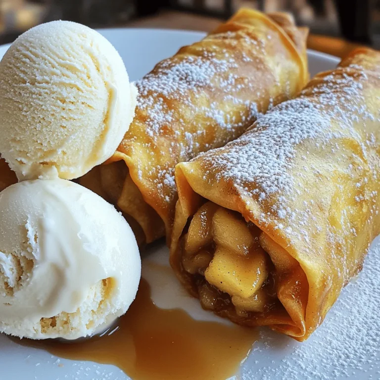 - Apples: I recommend using Granny Smith or Honeycrisp apples. They have a nice balance of tartness and sweetness. Choose apples that feel firm and are free from blemishes. This ensures your filling has great texture and flavor. - Spices and Sweeteners: You will need cinnamon, nutmeg, and brown sugar. Cinnamon adds warmth and depth. Nutmeg gives a subtle earthiness. Brown sugar brings out the sweetness and adds a slight caramel flavor. Mix these well with the apples for a rich taste. - Egg roll wrappers and frying oil: Look for fresh egg roll wrappers in your grocery store. They should be smooth and pliable. For frying, use vegetable oil. It has a high smoke point, which is perfect for crispy egg rolls. These ingredients will help create the perfect Apple Pie Egg Rolls. For the complete details, check the Full Recipe. Preparing the apple filling Start by peeling and dicing the apples. I love using Granny Smith or Honeycrisp apples for their sweet and tart flavor. In a medium bowl, mix the diced apples with cinnamon, nutmeg, brown sugar, and lemon juice. This blend enhances the apple taste. Toss everything together until the apples are well-coated. Then, heat a non-stick skillet over medium heat. Add the apple mixture and cook for 5-7 minutes. Stir occasionally until the apples become tender. Remove the skillet from the heat and let the filling cool slightly. Assembling the egg rolls Grab an egg roll wrapper and lay it on a clean surface. Make sure one point of the wrapper is facing you. Spoon about 2 tablespoons of your cooled apple filling into the center of the wrapper. Fold the bottom point over the filling. Next, fold in the sides, and then roll it upwards to seal the egg roll. Use a little water on your fingers to wet the edges. This helps seal the egg roll securely. Repeat these steps with the remaining wrappers and filling. Frying the egg rolls to perfection In a deep pan or pot, pour in the vegetable oil and heat it over medium-high heat. To check if the oil is hot enough, drop a small piece of leftover wrapper in. If it sizzles, you’re ready! Carefully place 2-3 egg rolls into the hot oil. Fry them for about 3-4 minutes on each side until they turn golden brown. Use a slotted spoon to remove them and let them drain on paper towels. After they cool slightly, dust them with powdered sugar for a sweet finish. For a special treat, serve them warm with a scoop of vanilla ice cream on the side. [Full Recipe] - How to achieve perfect frying results To get crispy egg rolls, heat your oil to the right temperature. Use medium-high heat. A good test is to drop a small piece of wrapper in the oil. If it sizzles, the oil is ready. Fry 2-3 egg rolls at a time to avoid crowding. This keeps the heat even. - Tips for sealing egg rolls securely Sealing your egg rolls well is key to a good fry. After placing the apple filling on the wrapper, fold the bottom point over the filling. Then, fold in the sides. Roll it up tightly, but not too tight. Use a little water on your fingers to moisten the edges. This helps them stick together. - Selecting the right apples for flavor For the best taste, choose Granny Smith or Honeycrisp apples. They balance sweetness and tartness well. Granny Smith adds a nice tang, while Honeycrisp brings a sweet crunch. Both hold their shape when cooked, giving you a great filling. For the complete recipe, check out the [Full Recipe]. {{image_2}} You can switch up the filling for your apple pie egg rolls. This opens up a world of flavor! - Other fruits and spice combinations: Try pears, peaches, or cherries. Mix them with cinnamon for a warm taste. You can also add ginger for a zesty kick. - Upscale versions with caramel or nuts: Drizzle caramel sauce inside the egg rolls. You can also add crushed nuts like pecans or walnuts. These add crunch and richness to the dessert. - Savory alternatives to traditional apple filling: How about using cheese and spinach? Or, you can fill them with a mix of mushrooms and garlic. This gives a fun twist to the usual sweet flavor. These variations keep the fun alive. You can customize your egg rolls to fit any mood or season. Check out the Full Recipe for the original apple pie filling! To keep your apple pie egg rolls fresh, store them properly. Place leftovers in an airtight container. This keeps them from getting soggy. You can store them in the fridge for up to three days. When you want to reheat, aim for crispy goodness. Preheat your oven to 375°F (190°C). Place the egg rolls on a baking sheet. Heat them for about 10-12 minutes. This method helps them stay crispy, unlike the microwave. If you want to save some for later, freezing is a great option. Wrap each egg roll in plastic wrap. Then, place them in a freezer bag. They can last up to two months in the freezer. When you're ready to enjoy, thaw them in the fridge overnight. Reheat them in the oven for that delightful crunch. For more details, check the Full Recipe. To make gluten-free apple pie egg rolls, use gluten-free egg roll wrappers. You can find these at most grocery stores. The filling stays the same. Just make sure all your ingredients are gluten-free. This way, everyone can enjoy the tasty treat! Yes, you can bake the egg rolls! Preheat your oven to 400°F (200°C). Place the egg rolls on a baking sheet lined with parchment paper. Brush them with a little oil to help them crisp up. Bake for about 12-15 minutes, turning halfway through. They will be less oily but still delicious! Apple pie egg rolls taste great with several dipping sauces. Here are my favorites: - Caramel sauce: This adds a sweet touch. - Vanilla yogurt: A creamy option that balances the flavors. - Chocolate sauce: For a rich twist. - Whipped cream: Light and fluffy to enhance the dessert vibe. Feel free to explore these sauces for a fun twist! This blog post shared everything you need to make delicious apple pie egg rolls. You learned about the right apples, spices, and wrappers to choose. We went through each cooking step, so you can fry them to perfection. Plus, I shared tips for sealing and variations to try. Now, you can store leftovers or even freeze some for later. With this guide, making these treats is easy and fun. Enjoy your cooking adventure!