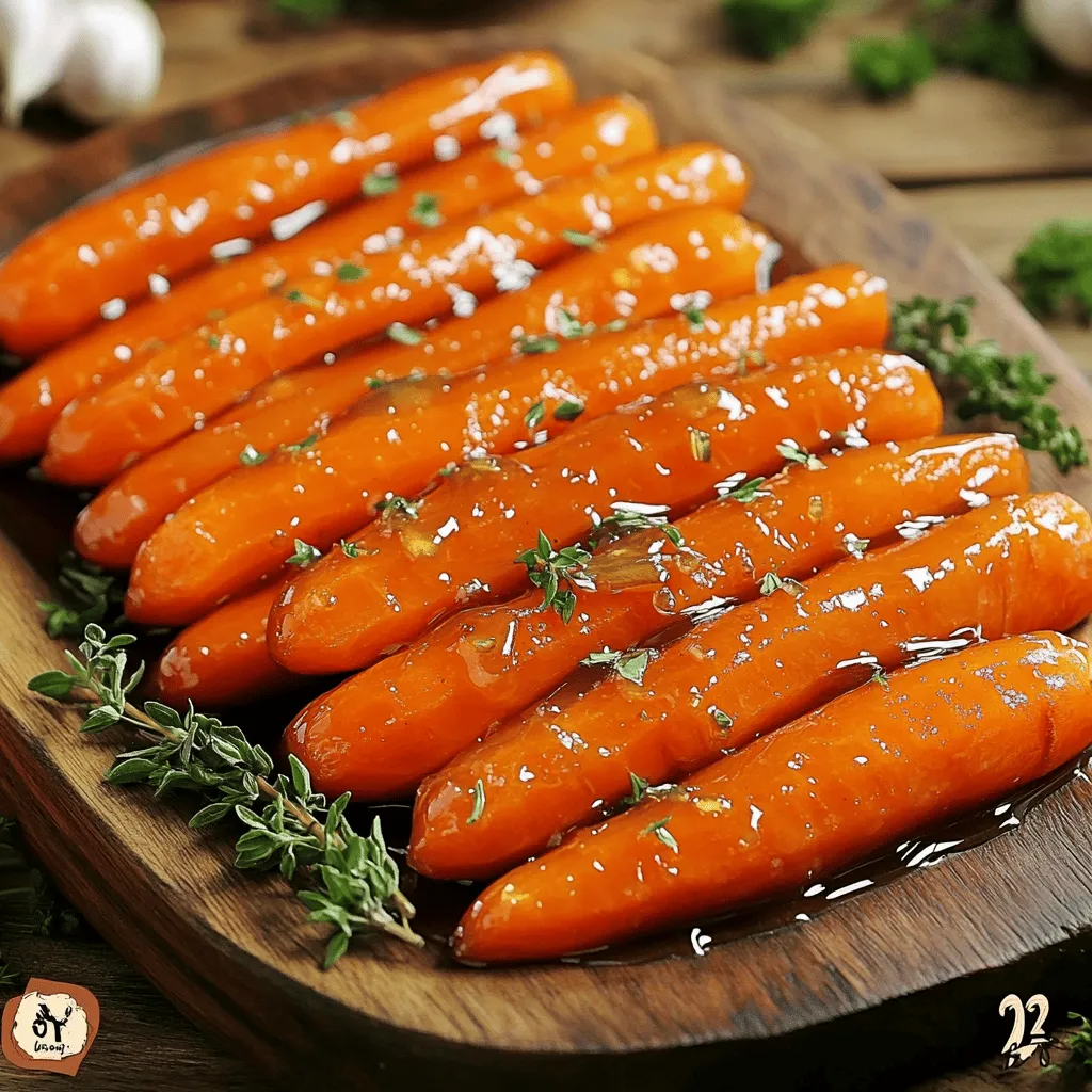 - 1 pound carrots, peeled and cut into 1-inch pieces Carrots are sweet and crunchy. Look for firm carrots without soft spots. You can substitute with baby carrots, but adjust cooking time. - 3 tablespoons honey Honey gives the dish a sweet touch. Maple syrup works as a good substitute if you want a vegan option. - 2 tablespoons unsalted butter Butter adds richness. You can use olive oil for a dairy-free version. - 2 cloves garlic, minced Garlic brings a strong flavor. If you want a milder taste, use one clove instead. - 1/2 teaspoon salt Salt enhances all the flavors. You can reduce it if you watch your sodium intake. - 1/4 teaspoon black pepper Black pepper adds warmth. You could use white pepper for a different effect. - 1 teaspoon fresh thyme leaves (or 1/2 teaspoon dried thyme) Thyme gives a fresh herb flavor. Oregano is a good substitute if you don’t have thyme. - 1 tablespoon lemon juice Lemon juice adds brightness and balances the sweetness. Lime juice is a great alternative. - Optional: Chopped parsley for garnish Parsley adds color and freshness. You can skip it if you want a simpler dish. - Carrots: Low in calories, rich in vitamin A, and good for your eyes. - Honey: Contains antioxidants and can soothe a sore throat. - Butter: Source of fat, but use in moderation. - Garlic: Known for its health benefits, including heart health. - Salt: Essential mineral but should be consumed in moderation. - Black pepper: May aid in digestion and enhance nutrient absorption. - Thyme: Contains vitamins and has potential health benefits. - Lemon juice: High in vitamin C, great for the immune system. - Parsley: Rich in vitamins A, C, and K. For honey, look for local or organic brands. They often have a better flavor and support local bee populations. For butter, choose a high-quality unsalted kind, like European-style butter, for a richer taste. To start, select fresh carrots. Look for bright, firm carrots with no soft spots. Next, wash the carrots well. Peel them using a vegetable peeler. Cut the carrots into 1-inch pieces. This size helps them cook evenly. Now, let’s boil them. Bring a pot of salted water to a boil. Add the carrot pieces and cook for 5-7 minutes. You want them fork-tender but still bright in color. Drain and set them aside to cool a bit. Now, let’s focus on the glaze. Timing the garlic is key. Sauté the garlic in melted butter for about 30 seconds. This step adds great flavor. Be careful not to burn it. Next, stir in honey, salt, black pepper, and thyme. Let this mixture bubble for one minute. This helps the flavors blend. The glaze should be thick but pourable. It’s time to combine everything. Add the drained carrots to the skillet. Toss them in the honey garlic glaze. Make sure all the carrots are coated well. Cook them for another 3-4 minutes. Stir occasionally to prevent sticking. This step allows the carrots to caramelize. You want them to take on a nice golden color. Once they are done, squeeze lemon juice over the top. Toss gently once more for a balanced flavor. If you want, garnish with chopped parsley. This adds a nice touch to your dish. For the full recipe, follow the instructions in the previous sections. To make your honey garlic glazed carrots shine, here are some key tips: - Cooking Time: Don’t overcook the carrots. They should be tender but still firm. Aim for 5-7 minutes of boiling. - Honey Quality: Use a good quality honey to enhance flavor. Local honey often tastes best. - Garlic Timing: Add garlic only when the butter melts. This helps avoid burning and keeps the flavor bright. For fun flavor boosts, try these herbs and spices: - Thyme: Fresh thyme gives a nice earthy taste. - Ginger: A pinch of ginger adds warmth. - Chili Flakes: For spice lovers, chili flakes bring a kick. Pair your honey garlic glazed carrots with these main dishes: - Roast Chicken: The sweetness complements the savory flavors. - Grilled Salmon: The glaze balances with the fish's richness. - Steak: Carrots add a nice contrast to hearty meats. For a stunning presentation, consider these ideas: - Platter Arrangement: Lay the carrots on a bright plate. Drizzle extra honey on top. - Garnish: Sprinkle fresh thyme leaves or parsley for color. - Layering: Serve the glazed carrots next to a colorful salad for an eye-catching plate. Following these tips will make your dish not only tasty but also visually appealing. Enjoy creating your honey garlic glazed carrots! For the complete recipe, refer to the Full Recipe section above. {{image_2}} You can easily modify this dish for different diets. For a vegetarian option, simply replace the butter with olive oil. This keeps the flavor while making it plant-based. If you want a vegan dish, use agave nectar instead of honey. Both options work well and taste great. If you need a gluten-free recipe, you can enjoy it without worry. All the ingredients are naturally gluten-free. Just be sure to check any brands you choose, especially for butter substitutes. Feel free to play around with flavors. Adding ginger gives a nice kick. Just a bit of fresh or powdered ginger can change the taste. If you like heat, sprinkle in some chili flakes. This adds warmth and spice that many enjoy. You can also adjust the sweetness. If you prefer less sugar, try maple syrup or brown rice syrup. Both will still give you a great glaze without the extra honey. Just remember to balance the flavors so they shine through. For more ideas, check out the full recipe. You'll find more ways to make these carrots your own! After making honey garlic glazed carrots, proper storage keeps them fresh. If you have leftovers, let them cool down. Then, place them in an airtight container. Store them in the fridge for up to 4 days. Make sure the lid seals tightly to avoid moisture loss. If you want to freeze glazed carrots, follow these steps: - Allow the carrots to cool completely. - Spread them in a single layer on a baking sheet. - Freeze until solid, about 1-2 hours. - Transfer the carrots to a freezer-safe bag or container. - Label with the date and use within 3 months for best quality. Reheating glazed carrots is easy. You want to keep them tasty and not mushy. The best method is the stovetop. Heat a skillet over medium heat. Add a splash of water or a bit of butter. This will help them steam and stay moist. If you're short on time, you can use the microwave. Place the carrots in a microwave-safe dish. Add a tablespoon of water, cover with a lid, and heat for 1-2 minutes. Stir halfway through to warm them evenly. For both methods, check if they're heated through before serving. Enjoy your honey garlic glazed carrots just like when they were fresh! How do you make the glaze thicker? To thicken the glaze, cook it longer. As you heat it, the water will evaporate. Stir it often to avoid burning. If it still seems thin, add a bit of cornstarch mixed with water. This will help it thicken quickly. Can I use frozen carrots? Yes, you can use frozen carrots. Just remember to thaw them first. Drain any excess water. This helps the glaze stick better. Cooking time may be a bit shorter, so keep an eye on them. What other vegetables can I glaze similarly? You can glaze many veggies! Try broccoli, Brussels sprouts, or green beans. Use the same glaze method for a tasty twist. Each vegetable will bring its own flavor and texture to the dish. For the complete Honey Garlic Glazed Carrots recipe, click here: [Full Recipe]. You can also find nutritional information and helpful cooking techniques on that page. In this article, we covered all you need to know about honey garlic glazed carrots. We explored the key ingredients and their substitutes, along with their nutritional values. I shared easy steps for cooking and making the glaze while providing handy tips for perfect results. You also learned about variations for different diets and how to store leftovers. With these insights, you can create a tasty dish that fits your needs. Enjoy experimenting and let those carrots shine on your table!