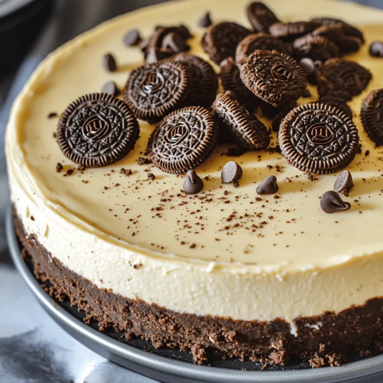 To make this No Bake Oreo Cheesecake, you will need: - 24 Oreo cookies, crushed (plus extra for garnish) - 4 tablespoons unsalted butter, melted - 16 oz cream cheese, softened - 1 cup powdered sugar - 1 teaspoon vanilla extract - 2 cups cool whip or whipped cream - ½ cup mini chocolate chips (optional) You can add mini chocolate chips to give the cheesecake a fun twist. You could also top it with fresh berries or caramel for extra flavor. These toppings can make your cheesecake even more special. If you don’t have Oreos, try using chocolate graham crackers or any chocolate cookie. For the cream cheese, you can use mascarpone or a non-dairy cream cheese. If you want a lower sugar option, use a sugar substitute in place of powdered sugar. To start, gather your ingredients. You need 24 crushed Oreo cookies and 4 tablespoons of melted butter. In a bowl, mix the crushed cookies with the butter. Make sure every crumb is moistened. This mix will form a tasty base for your cheesecake. Next, press this mixture into a 9-inch springform pan. Use your fingers or a flat surface to pack it down tightly. This step is key. A firm crust holds the filling well. After pressing, place the pan in the fridge. Let it chill while you prepare the filling. Now, let’s make the cheesecake filling. In a large bowl, add 16 ounces of softened cream cheese. Beat it with an electric mixer until it is smooth and creamy. This step is important. A smooth base helps your cheesecake be light and fluffy. Next, gradually add 1 cup of powdered sugar and 1 teaspoon of vanilla extract. Mix until everything is combined well. You can taste the mix now. If it is too sweet, you can adjust the sugar next time. After mixing, gently fold in 2 cups of cool whip. Be careful here! You want to keep it fluffy. If you like chocolate, add ½ cup of mini chocolate chips for extra flavor. Now, pour this delicious filling over the crust. Use a spatula to spread it out evenly. It’s time to chill the cheesecake. Cover the pan with plastic wrap. Put it in the fridge for at least 4 hours. If you can, let it chill overnight. This helps it set properly and makes it easier to slice. When you’re ready to serve, take the cheesecake out of the fridge. Carefully remove the springform pan. For the finishing touch, garnish with extra crushed Oreos or whole Oreos on top. This adds a nice crunch and looks great! For the full recipe with all the details, check out the [Full Recipe]. Enjoy your no bake Oreo cheesecake! When making a no bake Oreo cheesecake, avoid these common errors: - Not chilling the crust: Always chill the crust before adding the filling. - Overmixing the cream cheese: Mix until smooth, but don’t overdo it. - Skipping the cool whip: This keeps the cheesecake light and fluffy. - Not allowing enough chill time: Give it at least four hours to set properly. These tips will help you create a perfect dessert. To get a creamy texture, start with softened cream cheese. - Use an electric mixer for smooth blending. - Incorporate the powdered sugar slowly for even sweetness. - Gently fold in the cool whip; this avoids deflation. For a richer experience, consider adding mini chocolate chips. Serve your cheesecake cold for the best taste. - Garnish with extra crushed Oreos for a fun look. - Add chocolate drizzle for a dessert that wows. - Pair with fresh berries for a refreshing touch. These ideas will make your cheesecake shine at any gathering. For the complete recipe, check the Full Recipe section. {{image_2}} You can change the flavor of your No Bake Oreo Cheesecake easily. Try using different cookies. For a minty twist, use mint Oreos. For a fruity touch, use lemon or strawberry cookies. You can add vanilla or chocolate pudding in the filling for variety. Mix-ins like peanut butter or caramel also work well. Each option gives you a new treat to enjoy. If you need a gluten-free version, swap the Oreos with gluten-free cookies. Many brands make tasty gluten-free options. You can still use the same filling recipe. Just make sure all your ingredients are gluten-free. This way, everyone can enjoy this dessert without worry. How you present your cheesecake can make it even more special. Use a cake stand for a beautiful display. Top with extra crushed Oreos or whole cookies for a fun look. You can also drizzle chocolate or caramel sauce on top. Fresh berries add a nice touch and color too. Small dessert cups work well for individual servings. Check out the Full Recipe for more tips on making this dessert shine! Store your No Bake Oreo Cheesecake in the fridge. Use an airtight container to keep it fresh. If you leave it in the springform pan, cover it tightly with plastic wrap. This helps prevent it from drying out. Enjoy your cheesecake within a few days for the best taste. Yes, you can freeze this cheesecake! Wrap it tightly in plastic wrap and then in aluminum foil. This keeps out air and helps the cheesecake stay fresh. When you are ready to eat it, let it thaw in the fridge overnight. It will taste great after freezing! This cheesecake lasts about 3 to 5 days in the fridge. If you freeze it, expect it to stay good for about 2 months. Just remember, the sooner you eat it, the better the taste and texture! For the full recipe, check out the earlier section. Yes, you can use different cookies for the crust. Graham crackers work well, giving a nice crunch. Chocolate wafer cookies also make a tasty base. Just crush them as you would the Oreos. The flavor will change a bit, but that’s okay. Experimenting can lead to new favorites! The cheesecake needs to set for at least four hours. For the best results, chill it overnight. This time helps the filling firm up and blend flavors. If you skip this step, your cheesecake may be too soft. Make sure to plan ahead so it’s ready when you want to serve it! Yes, you can make this cheesecake without cream cheese. Try substituting with Greek yogurt or silken tofu. These options will change the taste and texture a bit. They still create a creamy filling, but may be lighter. Just adjust the sugar to balance the flavors. You learned about making cheesecake from scratch. We covered the key ingredients and important steps. Remember to avoid common mistakes for the best results. You can try different flavors and even gluten-free options. Proper storage keeps your cheesecake fresh longer. Finally, I answered FAQs to clear any doubts. Enjoy making your cheesecake and sharing it with others!