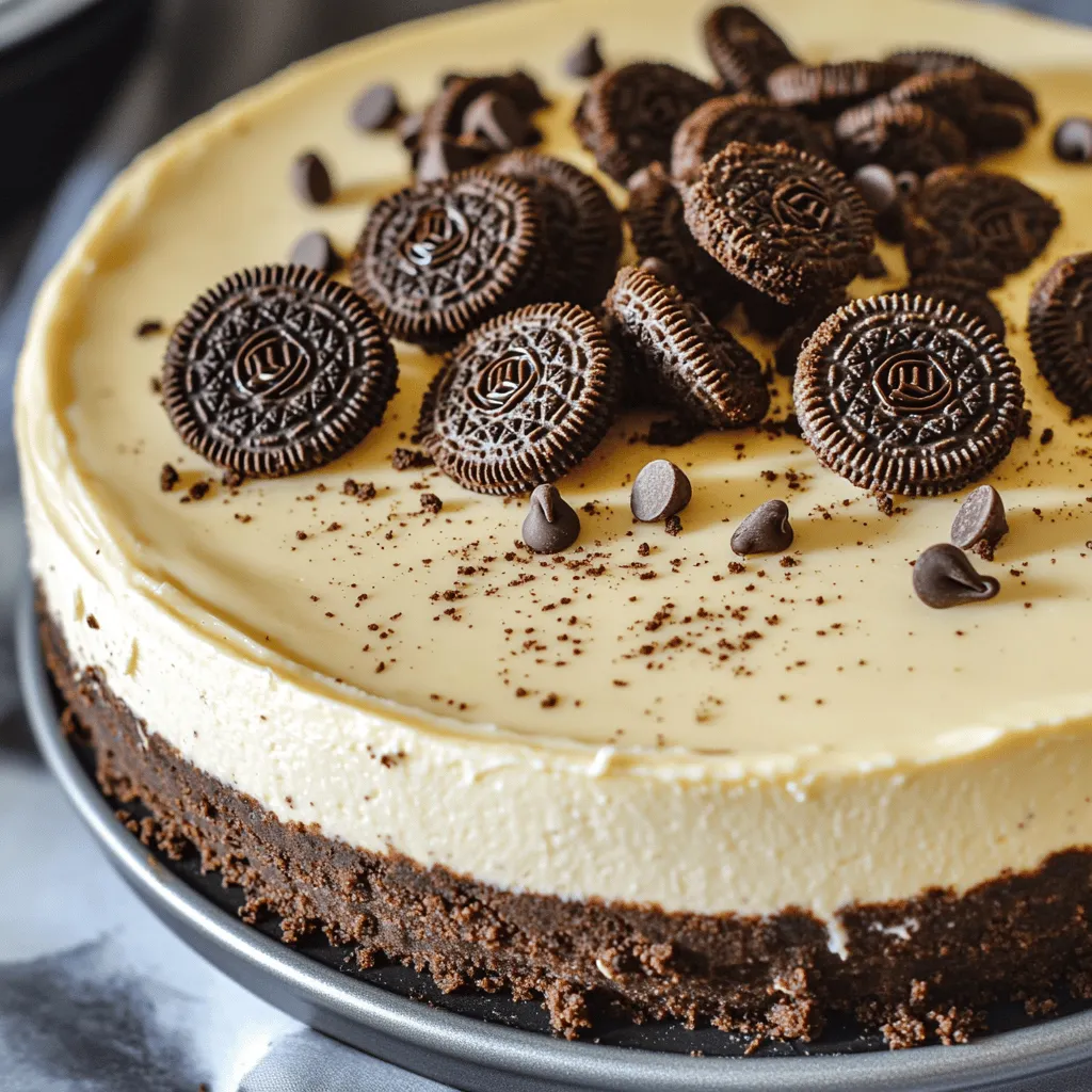 To make this No Bake Oreo Cheesecake, you will need: - 24 Oreo cookies, crushed (plus extra for garnish) - 4 tablespoons unsalted butter, melted - 16 oz cream cheese, softened - 1 cup powdered sugar - 1 teaspoon vanilla extract - 2 cups cool whip or whipped cream - ½ cup mini chocolate chips (optional) You can add mini chocolate chips to give the cheesecake a fun twist. You could also top it with fresh berries or caramel for extra flavor. These toppings can make your cheesecake even more special. If you don’t have Oreos, try using chocolate graham crackers or any chocolate cookie. For the cream cheese, you can use mascarpone or a non-dairy cream cheese. If you want a lower sugar option, use a sugar substitute in place of powdered sugar. To start, gather your ingredients. You need 24 crushed Oreo cookies and 4 tablespoons of melted butter. In a bowl, mix the crushed cookies with the butter. Make sure every crumb is moistened. This mix will form a tasty base for your cheesecake. Next, press this mixture into a 9-inch springform pan. Use your fingers or a flat surface to pack it down tightly. This step is key. A firm crust holds the filling well. After pressing, place the pan in the fridge. Let it chill while you prepare the filling. Now, let’s make the cheesecake filling. In a large bowl, add 16 ounces of softened cream cheese. Beat it with an electric mixer until it is smooth and creamy. This step is important. A smooth base helps your cheesecake be light and fluffy. Next, gradually add 1 cup of powdered sugar and 1 teaspoon of vanilla extract. Mix until everything is combined well. You can taste the mix now. If it is too sweet, you can adjust the sugar next time. After mixing, gently fold in 2 cups of cool whip. Be careful here! You want to keep it fluffy. If you like chocolate, add ½ cup of mini chocolate chips for extra flavor. Now, pour this delicious filling over the crust. Use a spatula to spread it out evenly. It’s time to chill the cheesecake. Cover the pan with plastic wrap. Put it in the fridge for at least 4 hours. If you can, let it chill overnight. This helps it set properly and makes it easier to slice. When you’re ready to serve, take the cheesecake out of the fridge. Carefully remove the springform pan. For the finishing touch, garnish with extra crushed Oreos or whole Oreos on top. This adds a nice crunch and looks great! For the full recipe with all the details, check out the [Full Recipe]. Enjoy your no bake Oreo cheesecake! When making a no bake Oreo cheesecake, avoid these common errors: - Not chilling the crust: Always chill the crust before adding the filling. - Overmixing the cream cheese: Mix until smooth, but don’t overdo it. - Skipping the cool whip: This keeps the cheesecake light and fluffy. - Not allowing enough chill time: Give it at least four hours to set properly. These tips will help you create a perfect dessert. To get a creamy texture, start with softened cream cheese. - Use an electric mixer for smooth blending. - Incorporate the powdered sugar slowly for even sweetness. - Gently fold in the cool whip; this avoids deflation. For a richer experience, consider adding mini chocolate chips. Serve your cheesecake cold for the best taste. - Garnish with extra crushed Oreos for a fun look. - Add chocolate drizzle for a dessert that wows. - Pair with fresh berries for a refreshing touch. These ideas will make your cheesecake shine at any gathering. For the complete recipe, check the Full Recipe section. {{image_2}} You can change the flavor of your No Bake Oreo Cheesecake easily. Try using different cookies. For a minty twist, use mint Oreos. For a fruity touch, use lemon or strawberry cookies. You can add vanilla or chocolate pudding in the filling for variety. Mix-ins like peanut butter or caramel also work well. Each option gives you a new treat to enjoy. If you need a gluten-free version, swap the Oreos with gluten-free cookies. Many brands make tasty gluten-free options. You can still use the same filling recipe. Just make sure all your ingredients are gluten-free. This way, everyone can enjoy this dessert without worry. How you present your cheesecake can make it even more special. Use a cake stand for a beautiful display. Top with extra crushed Oreos or whole cookies for a fun look. You can also drizzle chocolate or caramel sauce on top. Fresh berries add a nice touch and color too. Small dessert cups work well for individual servings. Check out the Full Recipe for more tips on making this dessert shine! Store your No Bake Oreo Cheesecake in the fridge. Use an airtight container to keep it fresh. If you leave it in the springform pan, cover it tightly with plastic wrap. This helps prevent it from drying out. Enjoy your cheesecake within a few days for the best taste. Yes, you can freeze this cheesecake! Wrap it tightly in plastic wrap and then in aluminum foil. This keeps out air and helps the cheesecake stay fresh. When you are ready to eat it, let it thaw in the fridge overnight. It will taste great after freezing! This cheesecake lasts about 3 to 5 days in the fridge. If you freeze it, expect it to stay good for about 2 months. Just remember, the sooner you eat it, the better the taste and texture! For the full recipe, check out the earlier section. Yes, you can use different cookies for the crust. Graham crackers work well, giving a nice crunch. Chocolate wafer cookies also make a tasty base. Just crush them as you would the Oreos. The flavor will change a bit, but that’s okay. Experimenting can lead to new favorites! The cheesecake needs to set for at least four hours. For the best results, chill it overnight. This time helps the filling firm up and blend flavors. If you skip this step, your cheesecake may be too soft. Make sure to plan ahead so it’s ready when you want to serve it! Yes, you can make this cheesecake without cream cheese. Try substituting with Greek yogurt or silken tofu. These options will change the taste and texture a bit. They still create a creamy filling, but may be lighter. Just adjust the sugar to balance the flavors. You learned about making cheesecake from scratch. We covered the key ingredients and important steps. Remember to avoid common mistakes for the best results. You can try different flavors and even gluten-free options. Proper storage keeps your cheesecake fresh longer. Finally, I answered FAQs to clear any doubts. Enjoy making your cheesecake and sharing it with others!