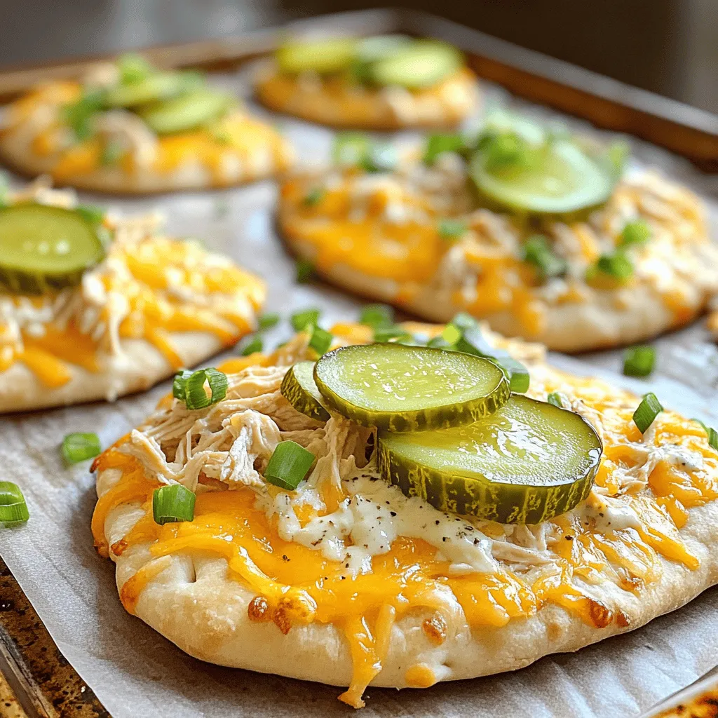 - 2 large tortillas or flatbreads - 1 cup cooked chicken breast, shredded - 1/2 cup dill pickle slices - 1/2 cup ranch dressing - 1 cup shredded cheddar cheese - 1/4 cup green onions, chopped - Salt and pepper to taste - Olive oil for brushing These main ingredients form the base of your Pickle Ranch Chicken Flatbreads. The chicken gives protein, while the ranch dressing adds creaminess and flavor. Dill pickles bring a tangy crunch, and cheddar cheese melts beautifully, making it all delicious. - Sliced tomatoes - Sliced jalapeños - Avocado slices - Fresh herbs like cilantro or parsley You can customize your flatbreads with optional ingredients. Sliced tomatoes add freshness, while jalapeños bring heat. Avocado adds creaminess, and fresh herbs enhance flavor. - Garlic powder - Onion powder - Paprika - Red pepper flakes For extra flavor, use seasonings like garlic powder and onion powder. Paprika adds a mild smokiness, while red pepper flakes give a spicy kick. Adjust these to your taste to make the dish your own. For the complete method to make these flatbreads, check the Full Recipe. Start by preheating your oven to 400°F (200°C). This makes sure your flatbreads bake evenly. Next, take two large tortillas or flatbreads and place them on a baking sheet lined with parchment paper. This will help with easy cleanup. Brush a thin layer of olive oil on each flatbread. This step gives them a nice crispy texture when baked. In a bowl, combine 1 cup of shredded cooked chicken breast with 1/2 cup of ranch dressing. Mix until the chicken is well coated. This adds a creamy flavor that pairs well with the pickles. Season your mixture with salt and pepper to taste. You can adjust the seasoning based on your preference. Now, evenly spread this ranch chicken mixture on each flatbread. Make sure to cover the entire surface for the best flavor. After spreading the chicken mixture, add 1/2 cup of dill pickle slices on top. Then, sprinkle 1 cup of shredded cheddar cheese over the pickles. This will melt beautifully in the oven. Now, place the baking sheet in your preheated oven. Bake for about 10 to 12 minutes. You want the cheese to be melted and bubbly, and the edges of the flatbreads should turn golden brown. Once done, remove them from the oven and let them cool for a minute. Garnish with 1/4 cup of chopped green onions before slicing into wedges. Enjoy your Pickle Ranch Chicken Flatbreads! For a detailed overview, check the Full Recipe. To get crisp flatbreads, start with dry tortillas. Brush them lightly with olive oil. This oil helps them turn golden while baking. Preheat your oven to 400°F (200°C) for the best results. Bake them on parchment paper. This keeps them from sticking and helps them crisp up. Keep an eye on them, as baking time is key. You want them golden and bubbly, not burnt. You can change the taste easily! Want more heat? Add sliced jalapeños on top. For a smoky flavor, sprinkle some smoked paprika. If you love herbs, mix in fresh dill or parsley. You can also swap ranch dressing for blue cheese dressing if you prefer. Don't be afraid to experiment. Each change can make a new tasty dish. Having the right tools makes cooking fun. A good baking sheet ensures even heating. Use a sharp knife for easy slicing after baking. A mixing bowl helps to combine your chicken and dressing well. If you like to cook often, consider getting a pizza stone. It can help create a perfectly crisp flatbread. For more ideas, check out the full recipe for tools and techniques that work best. {{image_2}} You can change the protein in your flatbreads. Swap the chicken for turkey or pork. Shredded beef also works well. If you want a spicy kick, try adding buffalo chicken. Keep the ranch dressing and pickles for that classic taste. If you prefer a meat-free dish, use hearty veggies instead. Try roasted zucchini, mushrooms, or bell peppers. You can also add chickpeas for protein. Use a creamy ranch dressing made from yogurt or cashew cream to keep it rich and tasty. Ranch dressing is a favorite, but you can mix it up. Try using blue cheese dressing for a bold flavor. A honey mustard dressing adds a sweet touch. For toppings, consider jalapeños for heat or fresh herbs like parsley and basil. These small changes can make your flatbreads feel new and exciting. To store your Pickle Ranch Chicken Flatbreads, let them cool first. Place them in an airtight container. If you have leftovers, separate layers with parchment paper. This helps keep them from getting soggy. You can also wrap them tightly in plastic wrap. Keep them in the fridge for the best taste. When you're ready to eat, preheat your oven to 350°F (175°C). Place the flatbreads on a baking sheet. Heat them for about 10-15 minutes. This warms them up and keeps them crispy. You can also use a microwave, but they may turn soft. Use 30 seconds on high and check to see if they are warm enough. The leftovers will stay fresh for about 3 to 4 days in the fridge. After that, they may lose their flavor and texture. For the best taste, eat them within this time. If you want to keep them longer, consider freezing. They can last for up to 2 months in the freezer. Just make sure to wrap them well to prevent freezer burn. You can serve these flatbreads with a fresh side salad. A simple green salad works well. You can also add carrot sticks or celery for crunch. Pickles are a fun side too since they match the flatbreads' flavor. You might try some baked chips for extra texture. They make a great snack alongside your meal. Yes, you can prep the flatbreads ahead of time. Just store the ranch chicken mixture in the fridge. You can assemble the flatbreads and bake them later. This way, you save time when you're ready to eat. Just remember to bake them fresh for the best taste. You can swap ranch dressing for yogurt or a light dressing. Greek yogurt works well and adds protein. You can also mix in herbs for more flavor. This change can cut down on calories while keeping it tasty. Experiment with different dressings until you find your favorite. To make more flatbreads, just double the ingredients. Use more tortillas or flatbreads as needed. You can bake them in batches if your oven is small. This way, everyone can enjoy the deliciousness together. Adjust the cooking time if you make many at once. Check for the cheese to melt and edges to brown. You learned about the key ingredients and steps for making Pickle Ranch Chicken Flatbreads. I shared tips for crispness and flavor. You now know how to store leftovers and variations to try. In my view, this dish works well for any occasion. Customizing it helps fit your taste and dietary needs. Enjoy experimenting with new flavors and toppings. You’ll love this fun, easy meal.