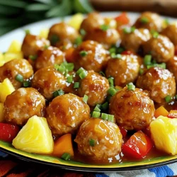 - 1 lb ground chicken - 1/2 cup breadcrumbs - 1/4 cup grated Parmesan cheese - 1 egg, beaten - 2 cloves garlic, minced - 1 tablespoon fresh ginger, grated - 1 teaspoon salt - 1/2 teaspoon black pepper - 1/2 cup diced bell peppers (red and yellow) - 1 cup pineapple chunks (fresh or canned) - 1/4 cup green onions, sliced For the sweet and sour sauce, you will need a few key items. - 1/2 cup ketchup - 1/4 cup apple cider vinegar - 1/4 cup brown sugar - 1 tablespoon soy sauce - 1 teaspoon sesame oil - 1 teaspoon cornstarch mixed with 2 tablespoons water (for thickening) - Fresh herbs or sliced chilies for added color - Sesame seeds for serving These ingredients come together to create a dish bursting with flavor. The mix of ground chicken and spices makes the meatballs tender and juicy. The bright bell peppers and sweet pineapple add a fresh twist. The sauce blends sweet and sour notes, perfect for your taste buds. When putting this dish together, remember to check the Full Recipe for all the steps! - Preheat the oven to 400°F (200°C) and line a baking sheet with parchment paper. - In a large bowl, mix ground chicken, breadcrumbs, grated Parmesan, beaten egg, minced garlic, grated ginger, salt, and black pepper. Make sure to combine well. - Form small meatballs, about 1 inch wide, and place them on the prepared baking sheet. - Bake the meatballs for about 20 minutes. They should be golden brown and fully cooked. - To check if they are done, insert a meat thermometer. It should read 165°F (74°C). - In a saucepan over medium heat, combine ketchup, apple cider vinegar, brown sugar, soy sauce, and sesame oil. Stir until the sugar dissolves. - Bring the mixture to a gentle boil, then reduce the heat. Add the cornstarch mixed with water. Stir constantly until the sauce thickens, usually about 2-3 minutes. - Once the meatballs are cooked, add them to the sauce. Stir in diced bell peppers and pineapple chunks. Coat everything evenly and let it simmer for 5 minutes to blend the flavors. For the full recipe, check out the complete cooking guide. To make great meatballs, focus on the texture. Use ground chicken that has some fat. This will keep the meatballs moist. Mix the meatball ingredients gently. Over-mixing can make them tough. When forming the meatballs, aim for 1-inch sizes. This helps them cook evenly. To ensure even cooking, place the meatballs apart on the baking sheet. This allows hot air to flow around them. Bake until they are golden brown. Use a meat thermometer to check for doneness. They should reach 165°F in the center. For a thicker sauce, use cornstarch mixed with water. Add this mixture slowly to the sauce while stirring. This prevents lumps. If the sauce is too thick, add a bit of water or broth. Taste the sauce as you go. Balance sweet and sour flavors by adjusting the vinegar and sugar. More sugar will make it sweeter, while more vinegar adds tang. Serve the meatballs on a colorful platter. Drizzle extra sauce over the top for shine. Garnish with fresh herbs or sliced chilies. This adds color and flavor. Pair the meatballs with jasmine rice or steamed vegetables. This creates a full and balanced meal. For plating, stack the meatballs high. This makes for an eye-catching display. Enjoy your delicious Sweet and Sour Chicken Meatballs! For the full recipe, check back on the main article. {{image_2}} You can use different meats to make sweet and sour chicken meatballs. Ground turkey or beef works well. It gives a new taste while keeping the dish simple. If you can't find bell peppers, try other veggies like zucchini or carrots. They add color and crunch too! Want to change the flavor? Add spices like paprika or cumin for warmth. Fresh herbs like basil or cilantro can boost freshness. You can also add fruits like mango or peach for extra sweetness. They offer a fun twist to the usual taste. You can cook meatballs in various ways. Frying gives a crispy outside, while baking makes them healthier. If you’re short on time, use a slow cooker or Instant Pot. Both methods let you set it and forget it, making dinner a breeze. For the full recipe, check out the complete guide on making sweet and sour chicken meatballs. To keep your sweet and sour chicken meatballs fresh, store them in a sealed container. Use glass or plastic containers that can seal tightly. This prevents air from getting in and keeps the meatballs moist. Place them in the fridge within two hours of cooking. They will stay good for about three to four days. When you want to enjoy your meatballs again, use gentle heat. The best method is to microwave them. Place the meatballs in a microwave-safe dish and add a splash of water or sauce. Cover the dish with a damp paper towel to keep moisture in. Heat for one to two minutes. You can also warm them on the stove. Heat a pan over low heat, add your meatballs, and cover them to steam. This keeps them juicy. To restore sauce consistency, if it thickens too much, add a little water or broth. Stir until it reaches the right thickness. If you want to save some for later, freezing is a great option. Place the cooked meatballs in a single layer on a baking sheet. Freeze them for about an hour until firm. Then transfer them to a freezer-safe bag or container. This keeps them from sticking together. They can last up to three months in the freezer. When you are ready to eat, thaw the meatballs in the fridge overnight. You can also microwave them directly from the freezer. Just add a few extra minutes to the cooking time. Cook until they are hot all the way through. Enjoy your sweet and sour chicken meatballs with the same great taste as fresh! Sweet and sour chicken meatballs can last for about 3 to 4 days in the fridge. To keep them fresh, store them in an airtight container. Make sure to let them cool before sealing. This helps prevent any moisture buildup. Always check for any signs of spoilage before eating. Yes, you can make sweet and sour chicken meatballs ahead of time. Prepare the meatballs and bake them as usual. After baking, let them cool completely. Then, store them in the fridge for up to 2 days. To save time, you can also make the sauce ahead. Just heat it up when you're ready to serve. For a complete meal, pair sweet and sour chicken meatballs with jasmine rice or steamed vegetables. Fried rice works great too. You can also add a fresh salad on the side. This adds a nice crunch and balances the dish's sweetness. For a fun twist, serve them in lettuce wraps for a light snack. Yes, you can make a vegetarian version of sweet and sour chicken meatballs. Substitute ground chicken with cooked lentils or mashed chickpeas. Use breadcrumbs and seasonings as usual. You can also add finely chopped mushrooms for texture. This keeps the dish tasty while being plant-based. Enjoy the Full Recipe for more details! You learned about making sweet and sour chicken meatballs today. We covered the main ingredients, like ground chicken and fresh veggies. I shared step-by-step instructions for preparing and cooking them. You now have tips for perfect meatballs and ways to add your twist, too. Remember, storage and reheating are important for keeping leftovers tasty. Try different ingredients or cooking methods to keep things fresh. Enjoy every bite and make this dish your own!