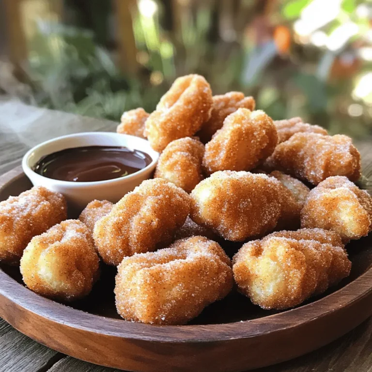 When making cinnamon sugar churro bites, you need simple and fresh ingredients. Here’s what you will need: - 1 cup all-purpose flour - 1/2 cup water - 1/2 cup unsalted butter - 1 tablespoon granulated sugar - 1 teaspoon vanilla extract - 1/4 teaspoon salt - 2 large eggs - 1/2 cup granulated sugar (for coating) - 1 tablespoon ground cinnamon (for coating) - Vegetable oil (for frying) Each ingredient plays a key role in creating the perfect churro bites. The all-purpose flour gives the dough its structure, while the butter adds richness. Water helps to bring the dough together, and the sugar sweetens each bite. Vanilla extract adds a lovely aroma and flavor. Salt is essential; it enhances all the other flavors. Eggs make the dough light and fluffy, ensuring the churro bites puff up nicely when fried. For the coating, a mix of sugar and ground cinnamon creates that classic churro flavor. Finally, vegetable oil ensures you achieve that crispy, golden exterior. For the full recipe, you can follow the steps directly. Happy cooking! - Combine water, butter, sugar, and salt in a saucepan. - Stir these ingredients over medium heat until the mixture simmers. The butter should melt completely. - Once it's simmering, remove it from the heat. Next, stir in the flour quickly until you form a smooth dough. - Let this dough cool for about five minutes. Then, add the eggs one at a time, mixing well after each. This will make the dough fluffy. - Heat about two inches of vegetable oil in a deep frying pan. Aim for a temperature of 350°F (175°C). - While the oil heats, set a plate lined with paper towels nearby. This will help drain excess oil later. - Using a piping bag with a star tip, pipe small pieces of dough. Each should be about one inch long. Fry these in the hot oil until golden brown, about two to three minutes on each side. - In a separate bowl, mix the sugar and ground cinnamon. - As soon as you take the churro bites out of the oil, toss them in the cinnamon sugar mixture. Make sure they get well coated. These steps will help you create the perfect cinnamon sugar churro bites. For the complete recipe, check out the Full Recipe section. - Ensure oil is at the right temperature: Heat your oil to 350°F (175°C). Use a deep-fry thermometer for accuracy. If the oil is too cool, the churro bites will soak up oil and become greasy. If it’s too hot, they will burn quickly. - Don’t overcrowd the frying pan: Fry only a few churro bites at a time. Overcrowding lowers the oil's temperature and leads to uneven cooking. This way, you get that perfect golden color. - Cool dough before adding eggs: Let the dough cool for about 5 minutes after cooking it. This step helps the eggs blend in smoothly without cooking them. A cool dough leads to fluffier churros. - Best served with chocolate sauce or dulce de leche: These sauces add a rich flavor to the churro bites. Dip each bite for a sweet treat. You can also drizzle sauce over the churros for a fancy touch. - How to present churro bites for parties: Serve churro bites on a large platter. Arrange them in a circle or stack them high for an eye-catching display. Add small bowls of chocolate sauce or dulce de leche for easy dipping. {{image_2}} You can play with flavors to make your churro bites special. Here are two fun ideas: - Chocolate churro bites: Add cocoa powder to the dough for a rich chocolate taste. You can mix in mini chocolate chips for extra sweetness. These bites will satisfy any chocolate lover. - Nutella-stuffed churro bites: Pipe some Nutella into the center of each churro bite before frying. This warm, gooey filling makes every bite a delightful surprise. Your guests will keep asking for more! If you need a gluten-free version, it's simple. Just swap the all-purpose flour for gluten-free flour. Look for a blend that works for baking. This way, everyone can enjoy these tasty treats without worry. Want to make churro bites vegan? No problem! You can replace the eggs in the dough. Some good options are: - Flaxseed meal: Mix 1 tablespoon of flaxseed meal with 2.5 tablespoons of water. Let it sit for a few minutes until it thickens. - Applesauce: Use 1/4 cup of applesauce per egg. This will keep the dough moist and tasty. Both replacements will help you create delicious churro bites that fit your diet. For the full recipe, check out the earlier section! To keep your leftover churro bites fresh, store them in an airtight container. Placing parchment paper between layers can help absorb any moisture. They stay tasty for about two days at room temperature. If you want them to last longer, refrigerate them. Churro bites can last up to a week in the fridge. Just remember that the texture may change slightly. When you want to enjoy your churro bites again, the best way to reheat them is in the oven. Preheat your oven to 350°F (175°C). Place churro bites on a baking sheet lined with parchment paper. Heat them for about 5 to 7 minutes. This method keeps them crisp. You can also use an air fryer for a quick fix. Set it to 350°F (175°C) and heat for about 3 to 5 minutes. Avoid using the microwave, as it can make them soggy. Enjoy your warm churro bites with a side of chocolate sauce or dulce de leche! You can find the full recipe in the article. Cinnamon sugar churro bites are small, fried dough treats coated in sugar and cinnamon. They come from Spain and are a popular treat in many cultures. The dough is made with simple ingredients like flour, water, and butter. Once fried, these bites become crispy outside and soft inside. You can enjoy them with chocolate sauce or dulce de leche for extra sweetness. Yes, you can make churro bites ahead. Prepare the dough and store it in the fridge for up to one day. When ready to fry, let the dough sit at room temperature for about 10 minutes. This helps the dough warm up. Fry them fresh for the best taste and texture. You can find pre-made churro bites at local grocery stores, bakeries, or specialty shops. Many supermarkets have frozen options in the snack aisle. If you prefer online shopping, check sites like Amazon or local food delivery services. They often offer various brands and flavors. To make churros less greasy, ensure the oil is hot enough, around 350°F (175°C). If the oil is not hot, the churros absorb more oil. Fry in small batches to avoid lowering the oil temperature. After frying, drain the churro bites on paper towels. This helps remove excess oil and keeps them light and crispy. For a full recipe, check out the detailed instructions. You’ve learned how to make delicious churro bites from scratch. We covered every step, from mixing ingredients to frying and coating them. I shared tips for making them just right and even ways to store leftovers. Whether you crave classic flavors or want to try something new, churro bites are a treat. Enjoy creating these bites for yourself or a party. Your friends will love them, and you’ll feel proud of your work!