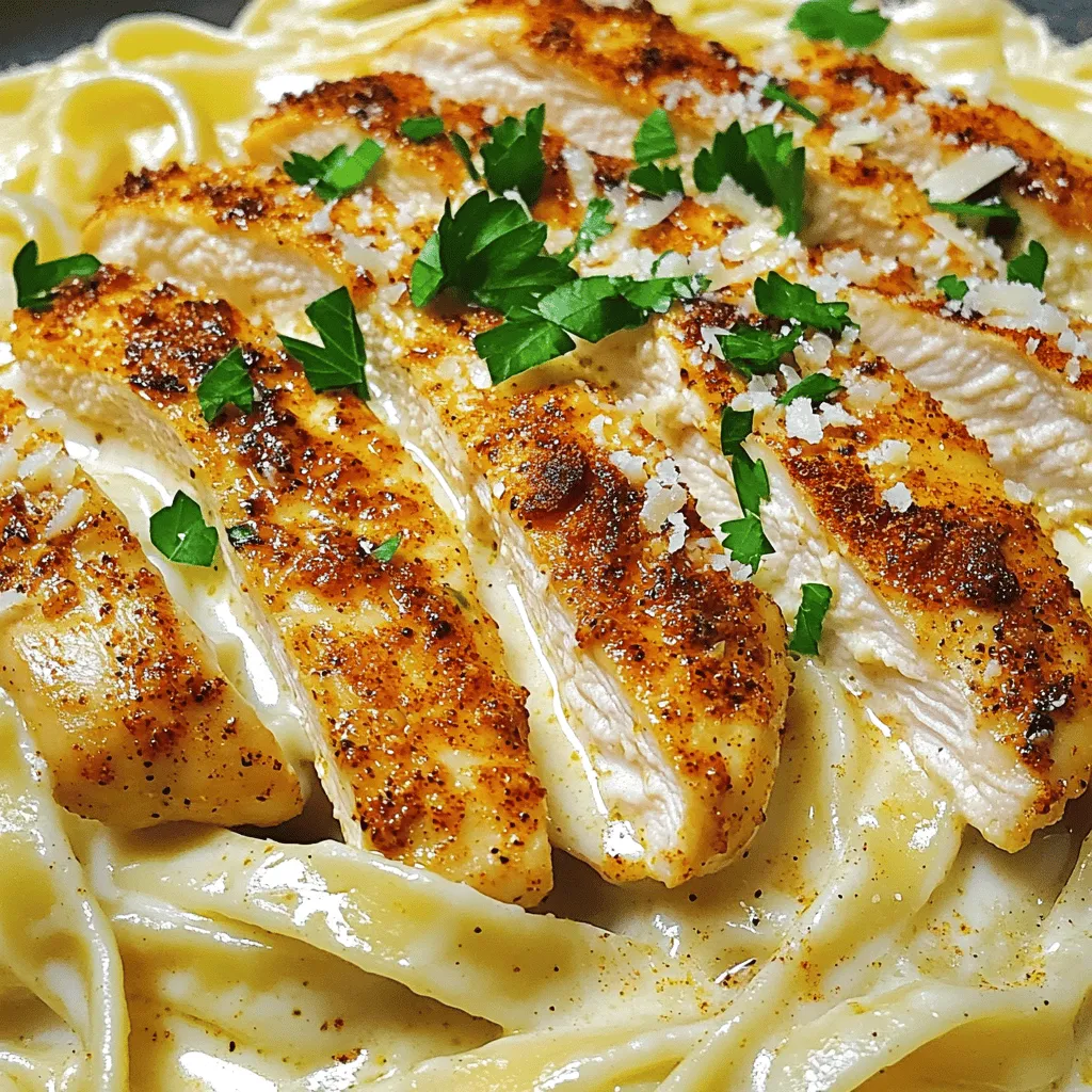 To make Cajun Chicken Alfredo, you need a few key ingredients. Each one adds flavor and richness to the dish. Here’s a list of what you will need: - 2 boneless, skinless chicken breasts - 2 tablespoons Cajun seasoning - 8 oz fettuccine pasta - 2 tablespoons olive oil - 3 cloves garlic, minced - 1 cup heavy cream - 1 cup grated Parmesan cheese - Salt and pepper to taste - 2 tablespoons chopped fresh parsley for garnish These ingredients work together to create a delicious and creamy meal. The Cajun seasoning brings a kick, while the heavy cream and Parmesan add richness. You can find the full recipe to guide you through the cooking process. Each step is simple and leads to a tasty dish that you can enjoy! Seasoning the Chicken Start by seasoning the chicken breasts. Use two tablespoons of Cajun seasoning. Rub it well on both sides. This adds a nice kick to the chicken. Cooking the Pasta Next, boil water in a large pot. Add salt to the water. Cook the fettuccine pasta according to the package instructions. Aim for al dente, which means the pasta is firm but cooked. Drain the pasta and set it aside. Searing the Chicken Heat two tablespoons of olive oil in a large skillet over medium-high heat. Add the seasoned chicken breasts. Sear each side for about 6-7 minutes. You want them golden brown and fully cooked. Once done, remove the chicken from the skillet and let it rest for a few minutes. Then, slice it into strips. Making the Alfredo Sauce Lower the heat to medium in the same skillet. Add three cloves of minced garlic. Sauté it for about one minute until it smells good. Be careful not to burn the garlic. Pour in one cup of heavy cream and bring it to a gentle simmer. Add Cream and Cheese Next, whisk in one cup of grated Parmesan cheese. Keep stirring until the cheese melts and the sauce is smooth. Add salt and pepper to taste. Combining Pasta and Sauce Now, add the cooked fettuccine to the skillet. Toss it well to coat the noodles in the creamy sauce. This step makes sure every noodle is delicious. Serving the Dish To serve, plate the pasta and top it with the sliced Cajun chicken. For a fresh touch, sprinkle chopped parsley on top. Enjoy your Cajun Chicken Alfredo! For more details, check the Full Recipe. Adjusting Spice Level To control the heat, start with less Cajun seasoning. You can always add more later. If you want it mild, use half the seasoning. For extra spice, try a sprinkle of cayenne pepper. Taste as you go to find your perfect balance. Ensuring Creamy Sauce Consistency The key to a great Alfredo sauce is the cream. Use heavy cream for a rich texture. If you want it lighter, substitute half-and-half. When adding cheese, whisk it in slowly. This helps prevent lumps and gives you a smooth sauce. If the sauce is too thick, add a splash of pasta water to loosen it. Perfectly Cooking the Chicken Start with room temperature chicken for even cooking. Sear it on medium-high heat to get a golden crust. Cook each side for 6-7 minutes. Use a meat thermometer to check for doneness. The internal temperature should reach 165°F. Let the chicken rest before slicing. This keeps it juicy and flavorful. For the Full Recipe, check the complete guide to make your Cajun Chicken Alfredo shine! {{image_2}} You can make Cajun Chicken Alfredo your own in many fun ways. Adding vegetables can boost taste and nutrition. Try bell peppers, spinach, or broccoli. They cook quickly and blend well with the sauce. Toss them into the skillet right after adding the garlic. This way, they get tender without losing their crunch. Fettuccine is great, but you can swap it out. Use penne, rotini, or even gluten-free pasta. Each type brings a new texture. Cook it according to package instructions. Make sure it’s al dente for the best bite. Not a fan of chicken? You can use shrimp or sausage. Season the shrimp with Cajun seasoning and cook them until they turn pink. For sausage, slice it and cook it in the skillet. Both options add different flavors while keeping the dish exciting. These variations allow you to create a dish that fits your taste. You can even check out the Full Recipe for more ideas! After you make Cajun Chicken Alfredo, you may have some leftovers. Storing them right keeps your meal tasty and safe. - Refrigeration Guidelines: Let the dish cool down before storing. Place it in an airtight container. It lasts about 3 to 4 days in the fridge. Always check for signs of spoilage before eating. - Reheating Tips: When you warm it up, do so on low heat. Use a skillet or microwave. Add a splash of cream or milk to keep it creamy. Stir well to heat evenly. You want it hot, but not boiling. - Freezing Options: If you want to save it longer, freezing works too. Place your leftovers in a freezer-safe container. They can last up to 3 months. To eat, thaw in the fridge overnight before reheating. Following these tips will keep your Cajun Chicken Alfredo fresh and delicious! For the full recipe, check out the instructions above. What can I substitute for heavy cream? You can use half-and-half or whole milk for a lighter sauce. If you need a dairy-free option, try coconut cream or cashew cream. These alternatives will change the flavor, but they can still make a tasty dish. Is Cajun Chicken Alfredo typically spicy? Yes, Cajun Chicken Alfredo has some heat due to the Cajun seasoning. The spice level can vary based on the brand or amount you use. You can adjust the seasoning to control how spicy you want it. If you prefer less heat, use less Cajun spice. How long does it take to cook Cajun chicken? Cooking Cajun chicken takes about 12 to 15 minutes. You want to cook it until it reaches an internal temperature of 165°F. Searing it will give you a nice golden crust while keeping it juicy inside. Follow the cooking steps in the Full Recipe for the best results. This blog covered how to make Cajun Chicken Alfredo. We listed the key ingredients and provided step-by-step instructions. You learned tips to make your dish perfect and ideas for custom variations. Storing leftovers safely was also discussed to help you enjoy this meal later. Remember, you can adjust the spice and add your favorite veggies or proteins. Cooking can be simple and fun. Enjoy making this dish and impressing your family and friends with your skills!