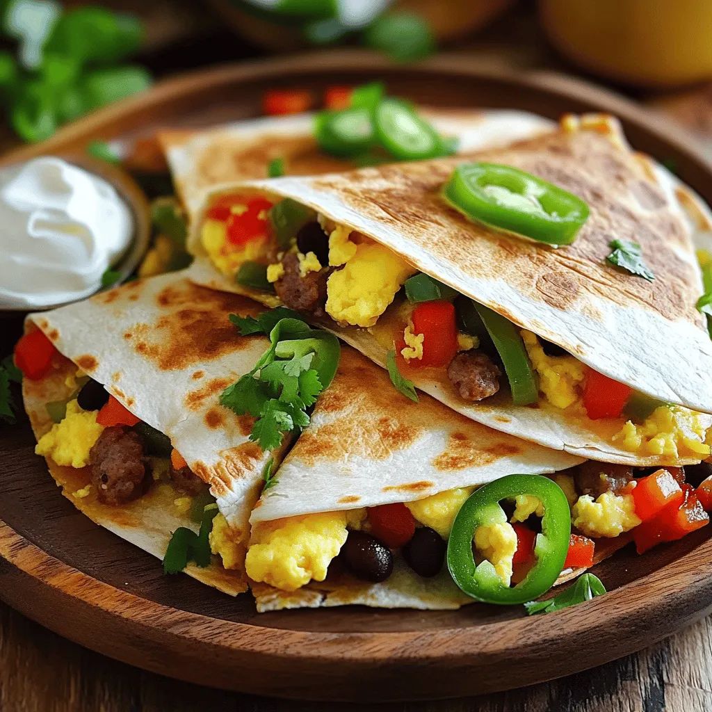 To make loaded breakfast quesadillas, you need key ingredients. Here’s what you will use: - 4 large flour tortillas - 6 large eggs - 1 cup shredded cheese (cheddar or a Mexican blend) - 1 cup cooked and crumbled sausage (or use diced vegetables for a vegetarian option) - ½ cup diced bell peppers (red and green) - ½ cup chopped green onions - ½ cup black beans, drained and rinsed - 1 jalapeño, sliced (optional, for heat) - 2 tablespoons olive oil - ½ teaspoon ground cumin - Salt and pepper to taste - Sour cream and salsa for serving These ingredients create a hearty and satisfying meal. The eggs offer protein, while cheese adds creamy goodness. You can make these quesadillas your own. Here are some optional ingredients to consider: - Avocado or guacamole for creaminess - Spinach or kale for extra greens - Hot sauce for added spice - Chopped tomatoes for freshness - Different types of beans, like pinto or refried beans Feel free to mix and match based on what you love! Everyone can enjoy this dish. Here are some easy swaps: - Eggs: Use silken tofu for a vegan option. - Cheese: Try dairy-free cheese for a lactose-free choice. - Sausage: Use tempeh or jackfruit for a plant-based protein. - Tortillas: Opt for corn tortillas if you want a gluten-free option. These substitutions help you cater to different diets while keeping the flavors delicious. For the full recipe, check the details above. To start, gather your ingredients. You need eggs, salt, pepper, and ground cumin. Crack six large eggs into a bowl. Whisk them until they are mixed well. Add salt, pepper, and ground cumin. Mix again until everything is combined. This egg mixture is key for flavor. Next, heat one tablespoon of olive oil in a non-stick skillet over medium heat. Pour the egg mixture into the skillet. Scramble the eggs until they are just set. This should take a few minutes. Once done, remove them from the heat and let them cool for a bit. Get a large mixing bowl. Add the scrambled eggs, cooked sausage (or vegetables), black beans, diced bell peppers, cheese, and green onions. Stir everything until it's evenly mixed. This mixture is what makes your quesadillas loaded and tasty. Now, take a tortilla and place it in the skillet over low heat. Sprinkle some cheese on one half of the tortilla. Then, add a generous scoop of the egg and filling mixture on top of the cheese. Fold the tortilla over to cover the filling. Cook for about 2-3 minutes on each side. You want it to be golden brown, and the cheese should melt. Repeat this process with the rest of the tortillas and filling. If needed, add more oil to the skillet to prevent sticking. Once done, slice each quesadilla into wedges. Serve the quesadillas warm for the best taste. Place them on a plate and offer sour cream and salsa on the side. This adds extra flavor and a nice touch to your meal. You can also garnish with chopped green onions or avocado slices for a pop of color. Enjoy your loaded breakfast quesadillas! Check out the Full Recipe for more details. To get a great quesadilla, focus on the right heat. Use medium heat to cook. This helps the tortillas get crispy without burning. Always use enough oil in the pan. It helps the quesadilla not stick and makes it golden. Flip them gently to keep the filling inside. If you like extra crunch, use two tortillas per quesadilla. Mornings can be hectic. Prep your ingredients the night before. Chop your veggies and cook the sausage ahead of time. Store them in the fridge. You can even whisk the eggs the night before. In the morning, just mix everything quickly. This way, you can enjoy loaded breakfast quesadillas with less fuss. Having the right tools makes cooking easier. Use a non-stick skillet for even cooking. A spatula helps flip the quesadillas without spilling filling. For cutting, a pizza cutter works wonders. It gives neat slices. If you love cooking, consider a quesadilla maker for quick meals. These tools save time and make cooking fun. Check out the Full Recipe for more tips! {{image_2}} To make a vegetarian breakfast quesadilla, skip the sausage and add more veggies. You can use mushrooms, spinach, or zucchini. These ingredients not only add flavor but also boost nutrition. For a vegan version, replace the eggs with tofu or chickpea flour. Tofu scrambles well and takes on flavors nicely. Use vegan cheese to keep it dairy-free. This way, everyone can enjoy a loaded breakfast quesadilla! You can switch out the sausage for various proteins. Try bacon or ham for a smoky flavor. Ground turkey or chicken works well too. If you want a meatless option, use black beans or refried beans. These add protein and creaminess to your quesadilla. Mix and match these proteins to find your favorite combination. Remember, the key is to balance flavors and textures. Get creative with flavors by adding different spices and herbs. Chopped cilantro or parsley adds freshness. A dash of hot sauce can kick it up a notch. You might also try adding avocado for creaminess. For a Mediterranean twist, add feta cheese and olives. The possibilities are endless! Experimenting with these ideas can lead to unique and tasty results. Check out the Full Recipe for more details on how to create your own loaded breakfast quesadillas. To store leftover quesadillas, let them cool first. Place them in an airtight container. You can also wrap them in foil or plastic wrap. Make sure to keep them in the fridge. They stay fresh for about 3 days. If you want to enjoy them later, freezing is a great option. Reheat quesadillas on the stove for best results. Place them in a non-stick skillet over medium heat. Cook for about 2-3 minutes on each side. This keeps them crispy and warms the filling evenly. You can also use a microwave, but they may get soft. If you use the microwave, heat them in short bursts. Check every 30 seconds until warm. To freeze quesadillas, wrap each one in plastic wrap. Then place them in a freezer-safe bag. This helps avoid freezer burn. You can keep them frozen for up to 2 months. When ready to eat, let them thaw in the fridge overnight. Then, reheat as mentioned above. This makes busy mornings easy, plus you still enjoy that tasty flavor from the Full Recipe. You can prep the quesadillas in advance. Cook the filling and let it cool. Then, assemble the quesadillas without cooking them. Wrap each quesadilla in plastic wrap and place them in the fridge. When you are ready to eat, you can either cook them in a skillet or bake them until hot. Cheddar cheese is a great choice for quesadillas. It melts well and adds a nice flavor. A Mexican cheese blend also works wonderfully. You can try pepper jack for a spicy kick. Always choose a cheese that melts easily for the best texture. Yes, you can use an air fryer to make quesadillas. Preheat the air fryer to 350°F. Place the assembled quesadillas in the basket. Cook for about 8-10 minutes, flipping halfway through. This method gives you a crispy quesadilla without extra oil. Loaded breakfast quesadillas are easy to make and delicious. We explored essential ingredients, step-by-step cooking, and tips for perfect texture. You can customize with different flavors and dietary needs. Storing leftovers will save time later. In conclusion, these quesadillas fit any morning mood. Enjoy experimenting with your favorite flavors and ingredients. Have fun making each one your own!