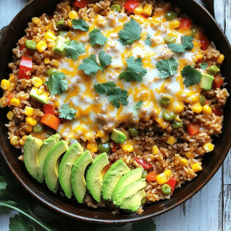 To make the One Pot Taco Rice Skillet, gather these simple ingredients: - 1 tablespoon olive oil - 1 pound ground turkey or beef - 1 medium onion, diced - 2 cloves garlic, minced - 1 bell pepper, diced (any color) - 1 cup corn kernels (fresh, frozen, or canned) - 1 can (15 oz) black beans, drained and rinsed - 1 cup uncooked long-grain white rice - 2 cups vegetable or chicken broth - 1 packet taco seasoning - 1 cup salsa (mild or spicy based on preference) - Salt and pepper to taste - 1 cup shredded cheese (cheddar, Monterey Jack, or Mexican blend) - Fresh cilantro, chopped (for garnish) - Sliced avocado (for serving) These ingredients bring a burst of flavor to your meal. The ground turkey or beef serves as the protein base. The diced onion and garlic add depth. The bell pepper and corn give it a nice crunch. Black beans add protein and fiber, while the rice soaks up all the tasty broth. Make sure you have everything ready before you start cooking. This recipe is quick and easy, and you’ll love how it all comes together in one pot. If you want the full details, check out the Full Recipe. Start by heating one tablespoon of olive oil in a large skillet over medium heat. Once the oil is hot, add one pound of ground turkey or beef. Cook the meat for about five to seven minutes. Break it apart with a spatula while it cooks. If there's too much grease, drain it away. Next, add one medium diced onion, two minced garlic cloves, and one diced bell pepper to the skillet. Stir these vegetables in with the meat. Sauté for around three to four minutes until they become tender and fragrant. Now it’s time to mix in the fun stuff! Add one cup of corn, one can of drained and rinsed black beans, and one cup of uncooked long-grain white rice. Sprinkle in one packet of taco seasoning and one cup of your favorite salsa. Stir everything together to ensure an even mix. Pour in two cups of vegetable or chicken broth. Stir again to combine. Bring the mixture to a boil. Once bubbling, reduce the heat to low. Cover the skillet with a lid and let it simmer for 15 to 20 minutes. Keep an eye on it to prevent sticking. Once the rice is cooked and has absorbed the liquid, stir in one cup of shredded cheese. Mix until the cheese melts and blends in. Season with salt and pepper to taste. Garnish with fresh cilantro. Serve hot and enjoy this delicious one pot taco rice skillet! For the full recipe, check out the details above. To boost the taste, try homemade taco seasoning. It adds freshness that store-bought mixes lack. You can also adjust the salsa heat level. If you like it hot, go for spicy salsa. If you prefer mild, choose a cooler option. Always use a lid while cooking the rice. This keeps moisture in and helps the rice cook perfectly. Remember to stir occasionally. This prevents the rice from sticking to the bottom of the pot. Customize your dish with toppings. Sour cream adds creaminess, while jalapeños give a spicy kick. You can also add fresh cilantro for a burst of flavor. Sliced avocado is a great choice too. It adds a creamy texture that pairs well with the dish. For the full recipe, check out the One Pot Taco Rice Skillet section. Enjoy making this easy and flavorful meal! {{image_2}} You can change the protein in this dish easily. If you want a lighter option, use ground chicken instead of turkey. Plant-based meats work well too. They give the same taste without meat. For a quick meal, use shredded rotisserie chicken. It saves time and still tastes great. If you want a healthier twist, swap out the white rice. Brown rice adds more fiber and nutrients. Quinoa is another option; it cooks fast and has a nice nutty flavor. Both options change the dish while keeping it delicious. Going meatless? No problem! Just skip the meat and add more beans or colorful veggies. Black beans and corn are great choices. You could also add bell peppers or zucchini for extra texture. This makes the dish just as tasty and filling. To store your One Pot Taco Rice Skillet, wait for it to cool. Place leftovers in an airtight container. This helps keep the flavor fresh. Store in the fridge for up to four days. When you’re ready to eat, just scoop out what you need. If you want to save some for later, freezing is a great option. Use freezer-safe containers. Divide the rice skillet into portions. Make sure to leave some space in the container for expansion. You can freeze it for up to three months. Remember to label each container with the date. To reheat your One Pot Taco Rice Skillet, I recommend using the stove. Place it in a pan over low heat. Add a splash of broth or water to keep it moist. Stir it often to avoid sticking. You can also use the microwave. Heat in short bursts, stirring in between for even warming. This way, you keep the texture nice and tasty. For the full recipe, check out the One Pot Taco Rice Skillet details above. Yes, you can make One Pot Taco Rice Skillet ahead. This meal stores well. - Prep: Cook the dish fully and let it cool. - Store: Place it in an airtight container. Refrigerate for up to 3 days. - Reheat: Use the microwave or stovetop to warm it. Add a splash of broth if it seems dry. You can pair this dish with many sides. Here are some great ideas: - Tortilla Chips: They add a nice crunch. - Guacamole: This creamy dip complements the flavors well. - Salad: A fresh green salad can balance the meal. - Sour Cream: A dollop brings coolness to the spicy dish. You can easily change the spice in your One Pot Taco Rice Skillet. Here’s how: - Mild: Use a mild salsa and less taco seasoning. - Medium: Stick to regular salsa and standard seasoning. - Spicy: Choose a hot salsa and add extra seasoning for a kick. Experiment to find your perfect heat level! You now know how to make the One Pot Taco Rice Skillet. We covered the key ingredients, step-by-step cooking methods, and various tips. You can easily adjust the recipe to fit your taste and dietary needs. Remember, this dish is versatile for any meal. It’s quick, easy, and packed with flavor. Enjoy making it your own and sharing it with friends and family. Happy cooking!