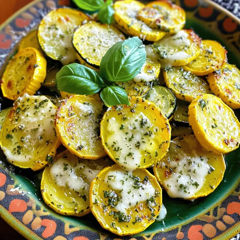 - 4 medium summer squashes (zucchini and/or yellow squash), sliced into ½-inch rounds - 4 cloves garlic, minced - 3 tablespoons olive oil - 1 teaspoon dried Italian herbs - 1 teaspoon sea salt - ½ teaspoon black pepper - ¼ cup grated Parmesan cheese (optional) - Fresh basil leaves for garnish Selecting the Best Summer Squash Choose squashes that feel firm and heavy. Look for smooth skin without blemishes. Fresh summer squash has bright color and a slight shine. If you can, pick organic options for better flavor and health benefits. Fresh vs. Dried Herbs Fresh herbs add bright flavor, while dried herbs offer convenience. You can use either for this dish. If you use fresh, double the amount since they are less potent. For dried, make sure they are in good shape. Old herbs lose their flavor. Using high-quality ingredients makes your roasted squash shine. Enjoy the process! For the full recipe, check out Sunny Garlic Herb Roasted Summer Squash! 1. Preheat the oven to 400°F (200°C). This step helps to get a nice roast. 2. Line a baking sheet with parchment paper. This makes cleanup easy. 3. In a large bowl, add the sliced summer squashes, minced garlic, olive oil, dried herbs, sea salt, and black pepper. 4. Toss everything well. Make sure each piece is coated evenly. 1. Spread the squash mixture on the baking sheet in a single layer. Leave space between pieces for better roasting. 2. Place the sheet in the oven. Roast for 20-25 minutes. 3. Flip the squash halfway through. This ensures even cooking and browning. 1. If you like, sprinkle Parmesan cheese over the squash in the last 5 minutes. This adds a nice flavor and texture. 2. Once done, take the baking sheet out of the oven. Let it cool for a few minutes. 3. Garnish with fresh basil leaves for a pop of color and flavor. For the full recipe, check out Sunny Garlic Herb Roasted Summer Squash. Enjoy your delightful and easy meal! - Ideal oven temperature for roasting Set your oven to 400°F (200°C). This high heat cooks the squash quickly. It helps to brown the edges, making them tasty. - Importance of spacing on baking sheet Spread the squash out in a single layer. Give each piece room to breathe. This way, they roast evenly and don’t steam. - Suggested seasoning variations You can mix things up with spices. Try paprika for a smoky taste or lemon zest for brightness. A pinch of red pepper flakes adds heat, too. - Additional garnishing ideas Fresh herbs like parsley or chives brighten the dish. A drizzle of balsamic glaze adds a sweet touch. You can even sprinkle toasted nuts for crunch. - Adjusting for different squash types Zucchini and yellow squash roast at the same time. If you use larger squash, cut them thinner. This helps them cook through. - Ensuring even doneness Flip the squash halfway through cooking. This keeps them golden and soft all over. Check for tenderness with a fork. It should slide in easily. For the detailed steps, check the Full Recipe. {{image_2}} You can add bell peppers or onions for extra flavor. Both vegetables roast well and add sweetness. Mixing with other summer vegetables also works great. Try combining zucchini, yellow squash, and cherry tomatoes. This adds color and taste to your dish. Grilling summer squash gives it a smoky flavor. Simply slice your squash and brush it with olive oil. Place it on a hot grill for about 5 minutes per side. You can also sauté instead of roasting. Heat olive oil in a pan, add sliced squash, and cook until tender. Both methods offer a new twist to the classic roasted squash. If you want vegan options, try using nutritional yeast instead of cheese. It gives a cheesy taste without dairy. For gluten-free options, you can keep the recipe as is. Summer squash is naturally gluten-free, making it perfect for anyone with dietary needs. You can enjoy this dish without worry! For the full recipe, check out the Sunny Garlic Herb Roasted Summer Squash. After you enjoy your roasted summer squash, store leftovers right away. Let them cool to room temperature first. Then, place them in an airtight container. This keeps them fresh. You can store them in the fridge for up to three days. For the best results, use glass or BPA-free plastic containers. These materials won't absorb odors or stains. Avoid using metal containers as they can react with food. You can reheat roasted squash in two ways: microwave or oven. The microwave is fast and easy. Place your squash on a microwave-safe plate. Heat for one minute, then check. Add more time if needed. The oven gives better results. Preheat it to 350°F (175°C). Place squash on a baking sheet for five to ten minutes. This keeps the squash from getting too soft. To prevent sogginess, make sure to spread the squash out. Leave space between pieces. This allows air to circulate and keeps them crisp. To freeze roasted summer squash, let it cool completely first. Next, place the pieces in a single layer on a baking sheet. Freeze for about two hours. This step stops them from sticking together. Once frozen, transfer the squash to a freezer bag. Remove as much air as you can before sealing. Label the bag with the date. You can freeze them for up to three months. When you’re ready to use them, thaw squash in the fridge overnight. You can also use the microwave to thaw quickly. Add them to soups or stir-fries for a tasty boost. How to tell when summer squash is fully roasted? You can tell summer squash is fully roasted when it turns golden brown. The edges should crisp up. A fork should slide in easily. If it feels soft, it's done. Can I use other types of squash for this recipe? Yes, you can use other squash types. Butternut and acorn squash also work well. Just cut them into similar sizes for even cooking. Nutritional value of summer squash Summer squash is low in calories. It is high in vitamins A and C. It also contains fiber, which aids digestion. This makes it a great choice for healthy meals. Health benefits of garlic and herbs Garlic boosts the immune system and adds flavor. Herbs like oregano and basil have antioxidants. They help reduce inflammation and improve heart health. Together, they enhance your meal's taste and health. What to serve with roasted summer squash? Roasted summer squash pairs well with grilled chicken or fish. You can also serve it alongside quinoa or brown rice. This adds protein and makes a complete meal. Best dishes to pair for a complete meal Try adding a fresh salad or crusty bread. These sides add texture and flavor. You can also serve this squash with pasta for a hearty option. For a full experience, check out the Full Recipe for more ideas! Roasting summer squash is easy and fun. This guide covered ingredients, tips, and methods. You learned how to select fresh squash, mix flavors, and achieve perfect roasting. Explore variations and dietary swaps to suit your taste. With proper storage and reheating tips, you can enjoy leftovers too. Summer squash is versatile and healthy, packed with nutrients. Now, get creative in your kitchen, and enjoy tasty roasted squash any time!