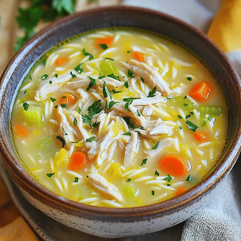 To make Creamy Lemon Chicken Orzo Soup, gather these key ingredients: - 1 lb boneless, skinless chicken breasts - 1 cup orzo pasta - 1 medium onion, diced - 2 carrots, diced - 2 celery stalks, diced - 3 cloves garlic, minced - 6 cups chicken broth - 1 cup heavy cream - Juice and zest of 1 large lemon - 2 tablespoons olive oil - Salt and pepper to taste - 1 teaspoon dried thyme - 1 teaspoon dried parsley - Fresh parsley for garnish These ingredients work together to create a rich and comforting soup. The chicken gives protein, while the orzo adds a nice texture. Fresh lemon juice brightens the dish and adds a zesty kick. You can easily swap some ingredients if needed. For example: - Use turkey instead of chicken for a twist. - Choose whole wheat or gluten-free orzo for different dietary needs. - Replace heavy cream with coconut milk for a lighter or dairy-free option. - Fresh herbs can be used instead of dried for more flavor. These swaps maintain the soup's essence while catering to different tastes and diets. Fresh ingredients matter in this soup. They enhance taste and aroma. Fresh herbs, like parsley, add brightness. Fresh chicken ensures a juicy texture. When you use fresh vegetables, they bring out the best flavors. For the best results, always choose high-quality ingredients. They make your soup stand out. Plus, using seasonal produce can elevate your dish even more. If you want to make this meal special, invest time in picking the freshest items. You will taste the difference! For the full recipe, refer to the recipe section. To make Creamy Lemon Chicken Orzo Soup, follow these easy steps. 1. Heat Olive Oil: In a large pot, heat 2 tablespoons of olive oil over medium heat. This adds flavor and helps cook the veggies. 2. Sauté Veggies: Add 1 medium diced onion, 2 diced carrots, and 2 diced celery stalks. Cook for about 5 minutes. Stir until they soften. 3. Add Garlic: Stir in 3 minced garlic cloves. Cook for 1 minute until fragrant. This makes the base tasty. 4. Cook Chicken: Place 1 lb of boneless, skinless chicken breasts into the pot. Pour in 6 cups of chicken broth. Bring to a boil. 5. Simmer Chicken: Reduce heat and let it simmer for 15-20 minutes. The chicken should be fully cooked. 6. Shred Chicken: Take the chicken out of the pot. Use two forks to shred the chicken into bite-sized pieces. This makes it easy to eat. 7. Return Chicken: Add the shredded chicken back to the soup. This helps keep all the flavors together. 8. Add Orzo: Stir in 1 cup of orzo pasta. Cook according to package instructions, about 8-10 minutes. This pasta adds heartiness to the soup. 9. Combine Cream and Lemon: Lower the heat and add 1 cup of heavy cream, the juice and zest of 1 large lemon. Stir well to combine. 10. Season Soup: Add salt, pepper, 1 teaspoon of dried thyme, and 1 teaspoon of dried parsley. Simmer for an extra 5 minutes. This helps all the flavors meld together. 11. Serve: Ladle the soup into bowls and garnish with fresh parsley. This makes it look beautiful. - Let the chicken cool for a few minutes before shredding. This makes it easier to handle. - Use two forks to pull apart the chicken. It breaks apart quickly this way. - Watch the cooking times closely. Overcooked chicken can become dry. - Make sure the orzo is al dente. This means it should be firm to the bite, not mushy. For the complete recipe, check out the [Full Recipe]. To make your creamy lemon chicken orzo soup just right, here are some key tips: - Adjust creaminess to preference: You can change the amount of heavy cream. For less creaminess, use ½ cup instead of 1 cup. If you want it richer, add more cream, but keep the balance in mind. - Additional spices to enhance flavor: You can add a pinch of red pepper flakes for heat or a dash of smoked paprika for depth. Fresh herbs like basil or dill can also add zest. Experiment to find your favorite mix! - Serving suggestions for pairings: This soup goes well with crusty bread or a fresh salad. Try a simple green salad with a light vinaigrette. For a comforting touch, serve with warm, buttered rolls. Using these tips, you can elevate your creamy lemon chicken orzo soup and impress your family or friends. For the full recipe, refer to the earlier section. Enjoy your cooking! {{image_2}} You can easily change Creamy Lemon Chicken Orzo Soup to fit your taste. For a vegetarian twist, swap chicken for firm tofu or chickpeas. These options offer protein without meat. Use vegetable broth instead of chicken broth for a richer flavor. Adding vegetables boosts the soup's nutrition. Try spinach, kale, or zucchini. These greens add color and health benefits. You can also add peas or bell peppers for sweetness. Just chop them small and toss them in when you add the orzo. If you love heat, spice it up! Add crushed red pepper flakes or diced jalapeños. Start with a little and taste as you go. This way, you can find the right level of spice for you. For the full recipe, check out the earlier section. Adjusting ingredients makes this soup your own. Enjoy trying these variations! Storing leftovers properly keeps your Creamy Lemon Chicken Orzo Soup fresh and tasty. Here’s how to do it right. How to freeze Creamy Lemon Chicken Orzo Soup To freeze the soup, let it cool completely first. Pour it into airtight containers or freezer bags. Leave some space at the top for expansion. Label the bags with the date. This way, you can easily track how long it’s been in the freezer. Reheating tips to maintain texture When you're ready to enjoy your soup again, thaw it overnight in the fridge. Heat it slowly on the stove over low heat. Stir often to help it warm evenly. If it seems thick, add a splash of chicken broth or water. This helps bring back the creamy texture. Recommended shelf life for the soup You can keep the soup in the fridge for about 3 to 4 days. If frozen, it stays good for about 2 to 3 months. Remember, the sooner you eat it, the better the taste! Following these tips ensures every bowl tastes just as good as the first. For the full recipe, check out the detailed instructions above! Can I use other types of pasta? Yes, you can use other types of pasta! Small shapes like ditalini or mini shells work well. Just keep an eye on the cooking time. Larger pasta needs longer to cook. Always check the package for the right time. How to make the soup dairy-free? To make this soup dairy-free, swap the heavy cream with coconut cream or a nut-based cream. You can also use almond milk or oat milk. These options will give you a creamy texture without dairy. What are the best accompaniments for this soup? This soup pairs well with crusty bread or a fresh salad. A simple green salad adds a nice crunch. You can also add lemon wedges for a zesty kick. Enjoy it with a sprinkle of fresh herbs for extra flavor. For the full recipe, check out the detailed instructions above. Creamy Lemon Chicken Orzo Soup is a delicious and easy dish to make. We covered key ingredients and substitutions for the best flavor. The step-by-step instructions will guide you through the cooking process. Remember the tips for adjusting creaminess and adding your favorite spices. You can even try variations like vegetarian options or extra veggies. For storage, freezing and reheating methods keep it tasty. Enjoy your soup, and don’t hesitate to experiment with flavors! Your kitchen will be bursting with warmth and comfort.
