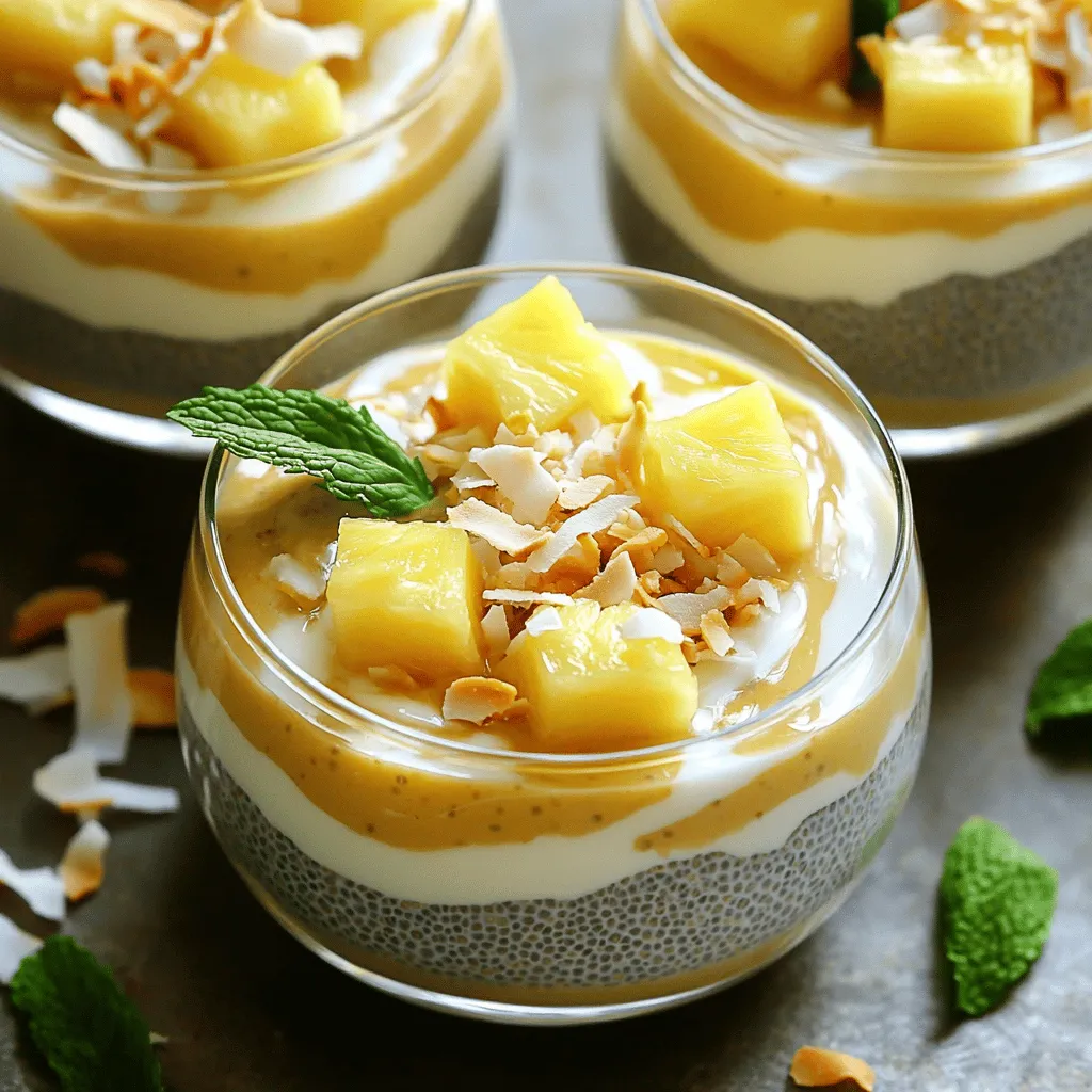 To make Pineapple Coconut Chia Pudding, you will need fresh and simple ingredients. Here’s the list: - 1 cup coconut milk (canned for creaminess) - 1/2 cup almond milk (or any milk of choice) - 1/4 cup chia seeds - 2 tablespoons maple syrup (or honey) - 1/2 teaspoon vanilla extract - 1 cup fresh pineapple, diced - Pinch of salt - Toasted coconut flakes for garnish - Fresh mint leaves for garnish Each ingredient plays a key role. The coconut milk gives a creamy base. Almond milk adds a light flavor. Chia seeds bring texture, while maple syrup adds sweetness. Diced pineapple offers a fresh burst of flavor. The pinch of salt enhances all these tastes. I love using toasted coconut flakes for a crunchy finish. Fresh mint leaves not only look pretty but add a hint of coolness. Together, these ingredients create a delightful and creamy treat that you will enjoy. For the full recipe, check the details above. - In a mixing bowl, combine: - 1 cup coconut milk (canned for creaminess) - 1/2 cup almond milk (or any milk of choice) - 2 tablespoons maple syrup (or honey) - 1/2 teaspoon vanilla extract - Pinch of salt - Whisk these ingredients together until smooth. This step is vital. A smooth base makes for a creamy pudding. - Now, stir in 1/4 cup chia seeds evenly. Make sure they spread out well. This helps them soak up the liquid. - Cover the bowl with plastic wrap or transfer it into jars. Refrigerate for at least 4 hours or overnight. This allows the chia seeds to thicken the mixture. - After chilling, give the pudding a good stir. If it's too thick, add a splash of almond milk. You want it just right. - To serve, layer the chia pudding in glass cups. Alternate layers with 1 cup of diced pineapple. - Top with toasted coconut flakes and fresh mint leaves for a burst of flavor. This makes your dish look and taste amazing. For the full recipe, check the earlier section! To make a great chia pudding, you must mix the chia seeds well. If not, they may clump together. Stir the mixture for at least one minute. This ensures that the seeds soak up the liquid evenly. If you find your pudding too thick, just add a splash of almond milk. Mix again until you reach the texture you want. Want to make your pudding even better? Try adding spices or extracts. A dash of cinnamon or a splash of almond extract can add great depth. You can also mix in other fruits. Bananas, mangoes, or berries work great with the pineapple. Feel free to get creative and find your favorite combinations! How you serve your pudding can make it special. Use clear glass cups or bowls to show off the layers. You can also use mason jars for a fun touch. Pair your chia pudding with a light salad or some granola for a full meal. Enjoy it as a breakfast or a dessert! For the full recipe, check the section above. {{image_2}} You can easily change the milk in this recipe. Instead of coconut and almond milk, you can use oat milk or soy milk. Each type adds its own flavor. You can also adjust the sweetener. Instead of maple syrup, try agave nectar or stevia. This will change the taste and sweetness level. Seasonal fruits make this dish fresh and fun. Use mango instead of pineapple for a tropical twist. Fresh berries like strawberries or blueberries also work well. You can mix fruits, too! Try combining diced mango and banana for a new flavor. Layer your pudding with yogurt for extra creaminess. Greek yogurt adds protein and a nice tang. You can also add granola for crunch. This makes the pudding more filling and fun to eat. Top with toasted nuts or seeds for even more texture. You can get creative here! For the full recipe, check the main section above. To keep your pineapple coconut chia pudding fresh, refrigerate it right away. I like using airtight jars for easy storage. These jars also help you see the layers of pudding and pineapple. They keep the pudding from drying out and absorbing other fridge smells. Your chia pudding will stay fresh for about five days in the fridge. Check for signs of spoilage, like an off smell or odd texture. If you see any mold, it's best to toss it out. Fresh pineapple can spoil faster, so be mindful of that. You can freeze chia pudding if you want to save some for later. Just pour it into freezer-safe containers. Leave space at the top, as the pudding may expand when frozen. When you’re ready to enjoy it, thaw it overnight in the fridge. After thawing, stir well and add a bit of almond milk if needed. The texture may change slightly, but it will still taste great. You can find the full recipe for this delightful pudding above. Chia pudding usually takes about 4 hours to set. If you want it thicker, let it sit overnight. This time allows the chia seeds to absorb the liquid fully. They swell and create a creamy texture. You can check it after 4 hours. If it’s not thick enough, give it more time. Yes, making chia pudding ahead of time is a great idea. You can prepare it the night before and enjoy it the next day. This saves time on busy mornings. Prepping in advance also allows the flavors to blend well. You can store it in jars, making it easy to grab and go. Chia pudding is very healthy. Chia seeds are packed with fiber, protein, and omega-3 fatty acids. They help keep you full and support digestion. Coconut milk adds healthy fats, while pineapple brings vitamins and minerals. This combination makes chia pudding not just delicious, but also nutritious. In this post, we explored a simple and tasty chia pudding recipe. We covered ingredients, preparation, tips, variations, storage, and frequently asked questions. You now have all you need to make this dish delicious and nutritious. Remember, chia pudding is flexible, so feel free to mix ingredients based on your taste. Enjoy getting creative with flavors and presentations. With this guide, serving a delicious treat can be quick and fun. Use fresh fruits or your favorite milk for a unique twist each time. Happy cooking!