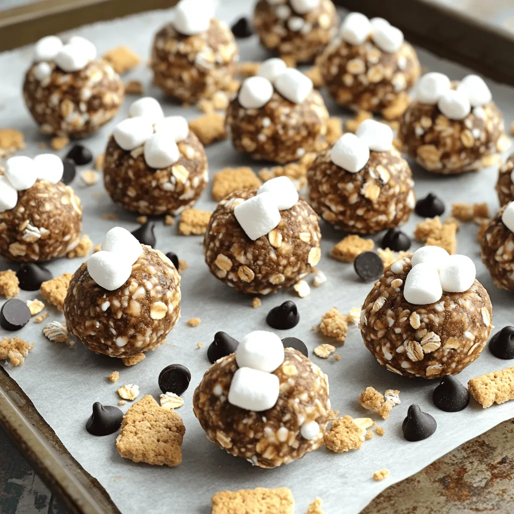 - 1 cup rolled oats - 1/2 cup almond butter (or any nut butter) - 1/4 cup honey or maple syrup - 1/2 cup mini marshmallows - 1/4 cup dark chocolate chips - 1/4 cup crushed graham crackers - 1 teaspoon vanilla extract - Pinch of salt To create the best no-bake s'mores energy balls, you need simple and tasty ingredients. Each one adds a special touch to the flavor and texture. The rolled oats give a chewy base, while the nut butter adds creaminess. Honey or maple syrup brings sweetness, making the balls sticky and delightful. Mini marshmallows and dark chocolate chips deliver that classic s'mores taste. The crushed graham crackers add crunch, and a pinch of salt rounds it all out. - Different nut butters (e.g., peanut butter, cashew butter) - Add-ins like shredded coconut or dried fruit - Substitutes for honey (e.g., agave syrup) You can enjoy this recipe in many ways. Try different nut butters for a unique taste. Shredded coconut or dried fruit can add fun flavors and textures. If you prefer, you can swap honey for agave syrup. These small changes let you customize your energy balls for your taste. Want to try a new twist? The options are endless! For the full recipe, check out the [Full Recipe]. 1. In a large mixing bowl, combine the rolled oats, almond butter, honey, and vanilla extract. Mix until everything sticks well together. 2. Next, add the mini marshmallows, dark chocolate chips, and crushed graham crackers. Gently fold in these ingredients. Be careful not to break the marshmallows or chocolate. 1. Now, scoop out about a tablespoon of the mixture. Roll it into a ball using your hands. 2. Place each ball on a baking sheet lined with parchment paper. Keep going until you use all the mixture. 1. Put the baking sheet in the freezer for about 20 to 30 minutes. This helps the energy balls firm up nicely. 2. After chilling, transfer the energy balls to a sealable container. You can store them in the fridge for up to one week. For the full recipe, check the section above. Enjoy making these tasty snacks! To make the best energy balls, focus on the right mix. You want a sticky but not wet texture. Use a sturdy nut butter like almond or peanut butter. If the mix feels too dry, add a bit more honey or syrup. This helps bind everything well. When mixing ingredients, I recommend using a large bowl. This gives you room to stir. Mix the oats, nut butter, honey, and vanilla first. Make sure they stick together. Then, gently fold in the marshmallows and chocolate chips. This keeps them whole and fluffy. To keep your energy balls fresh, store them in a sealed container. Refrigeration works best for short-term storage. They stay tasty for about a week. If you want to keep them longer, freezing is great. Just pop them in a freezer bag and pull out what you need. They can last up to three months in the freezer. These energy balls are fun to serve in many ways. You can stack them on a plate for a snack or dessert. Try adding a drizzle of extra chocolate on top for a treat. They pair well with fresh fruit like bananas or strawberries. You can even add them to smoothies for extra energy. Give them a try! {{image_2}} You can mix up the flavors of your no bake s'mores energy balls easily. Try using white or milk chocolate chips instead of dark chocolate. This simple swap changes the taste and makes it sweeter. You can also add spices like cinnamon or nutmeg. These spices add warmth and depth to each bite. For a healthier version, cut down on sugar. You can use sugar substitutes like stevia or monk fruit. This choice keeps sweetness without extra calories. You can also use gluten-free graham crackers. This step makes the energy balls safe for those with gluten issues. Themed versions can make your snacks fun! For holidays, add pumpkin spice during the fall. It brings a festive feel to your treats. In summer, you can mix in seasonal fruits like berries. Berries add a fresh taste and vibrant color, making them even more enjoyable. To keep your no-bake s'mores energy balls fresh, use airtight containers. Glass jars or plastic containers work great. Store them in the fridge to maintain their chewy texture. Avoid leaving them at room temperature for long, as heat can make them soft. No-bake s'mores energy balls last about one week in the fridge. Check for signs of spoilage. If they smell funny or look dry, it's time to toss them out. Fresh energy balls should smell sweet and look moist. You can freeze your energy balls for longer storage. Place them in a single layer on a baking sheet to freeze for a few hours. Once frozen, transfer them to a freezer-safe bag or container. This helps to prevent them from sticking together. When you want to eat them, take out the number you need. Let them thaw in the fridge overnight. You can also enjoy them straight from the freezer for a cool treat! Yes, you can easily make these energy balls vegan. Just swap honey for maple syrup. Choose a nut butter that fits your diet. Many nut butters are naturally vegan. This way, your tasty snack stays animal-friendly. To make the mix less sticky, use less almond butter. You can also chill the mixture for a few minutes. This makes it firmer and easier to handle. You may also dust your hands with a little cocoa powder or oats to help. If you can't use almond butter, try peanut butter or sunflower seed butter. Both options work well and taste great. Just make sure your substitute has a similar texture. This helps keep the energy balls together. Each serving has about 2-3 energy balls. It depends on your portion size. You can adjust based on your hunger or nutritional needs. Each ball is packed with good energy, so they fill you up. Yes, you can add protein powder to boost nutrition. Just add a scoop when mixing the ingredients. This helps make your snack even healthier. It can also change the texture a bit, so adjust your wet ingredients if needed. For the full recipe, check the recipe section. In this post, I shared simple steps for making no-bake s'mores energy balls. We covered the key ingredients and fun variations. You can use nut butters, add dried fruit, or experiment with different chocolates. I also gave tips for mixing, storage, and serving. Remember, these energy balls are easy to customize and fun to make. Enjoy your tasty treats while feeling good about what’s inside!